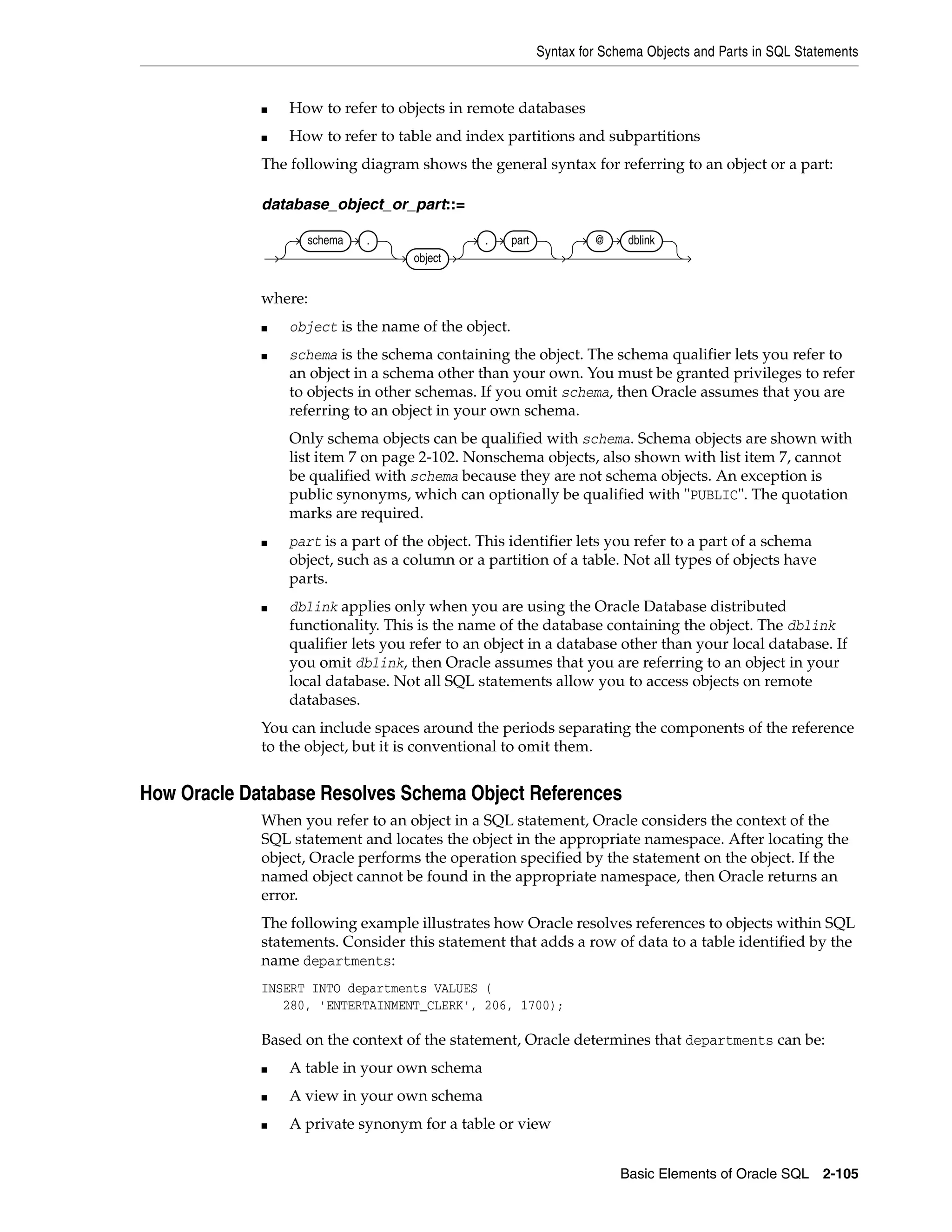 Syntax for Schema Objects and Parts in SQL Statements
Basic Elements of Oracle SQL 2-105
■ How to refer to objects in remote databases
■ How to refer to table and index partitions and subpartitions
The following diagram shows the general syntax for referring to an object or a part:
database_object_or_part::=
where:
■ object is the name of the object.
■ schema is the schema containing the object. The schema qualifier lets you refer to
an object in a schema other than your own. You must be granted privileges to refer
to objects in other schemas. If you omit schema, then Oracle assumes that you are
referring to an object in your own schema.
Only schema objects can be qualified with schema. Schema objects are shown with
list item 7 on page 2-102. Nonschema objects, also shown with list item 7, cannot
be qualified with schema because they are not schema objects. An exception is
public synonyms, which can optionally be qualified with "PUBLIC". The quotation
marks are required.
■ part is a part of the object. This identifier lets you refer to a part of a schema
object, such as a column or a partition of a table. Not all types of objects have
parts.
■ dblink applies only when you are using the Oracle Database distributed
functionality. This is the name of the database containing the object. The dblink
qualifier lets you refer to an object in a database other than your local database. If
you omit dblink, then Oracle assumes that you are referring to an object in your
local database. Not all SQL statements allow you to access objects on remote
databases.
You can include spaces around the periods separating the components of the reference
to the object, but it is conventional to omit them.
How Oracle Database Resolves Schema Object References
When you refer to an object in a SQL statement, Oracle considers the context of the
SQL statement and locates the object in the appropriate namespace. After locating the
object, Oracle performs the operation specified by the statement on the object. If the
named object cannot be found in the appropriate namespace, then Oracle returns an
error.
The following example illustrates how Oracle resolves references to objects within SQL
statements. Consider this statement that adds a row of data to a table identified by the
name departments:
INSERT INTO departments VALUES (
280, 'ENTERTAINMENT_CLERK', 206, 1700);
Based on the context of the statement, Oracle determines that departments can be:
■ A table in your own schema
■ A view in your own schema
■ A private synonym for a table or view
schema .
object
. part @ dblink
 
