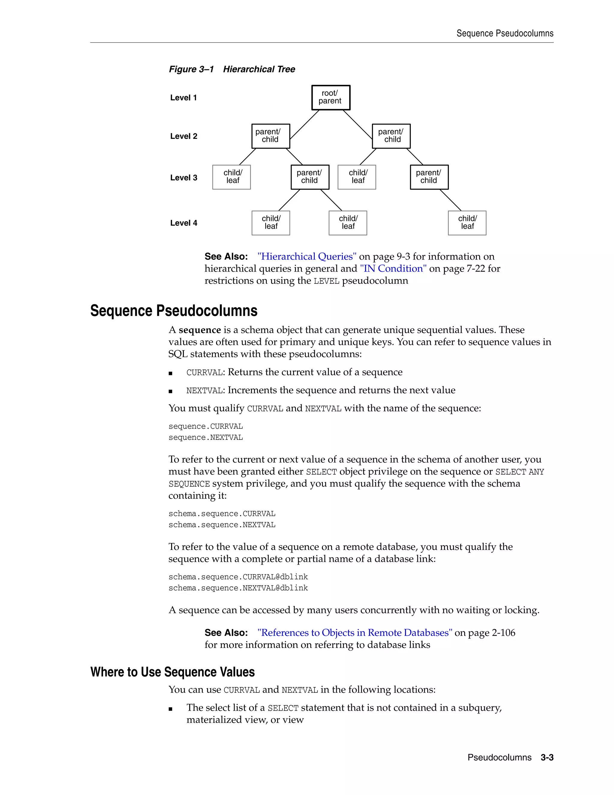 Sequence Pseudocolumns
Pseudocolumns 3-3
Figure 3–1 Hierarchical Tree
Sequence Pseudocolumns
A sequence is a schema object that can generate unique sequential values. These
values are often used for primary and unique keys. You can refer to sequence values in
SQL statements with these pseudocolumns:
■ CURRVAL: Returns the current value of a sequence
■ NEXTVAL: Increments the sequence and returns the next value
You must qualify CURRVAL and NEXTVAL with the name of the sequence:
sequence.CURRVAL
sequence.NEXTVAL
To refer to the current or next value of a sequence in the schema of another user, you
must have been granted either SELECT object privilege on the sequence or SELECT ANY
SEQUENCE system privilege, and you must qualify the sequence with the schema
containing it:
schema.sequence.CURRVAL
schema.sequence.NEXTVAL
To refer to the value of a sequence on a remote database, you must qualify the
sequence with a complete or partial name of a database link:
schema.sequence.CURRVAL@dblink
schema.sequence.NEXTVAL@dblink
A sequence can be accessed by many users concurrently with no waiting or locking.
Where to Use Sequence Values
You can use CURRVAL and NEXTVAL in the following locations:
■ The select list of a SELECT statement that is not contained in a subquery,
materialized view, or view
See Also: "Hierarchical Queries" on page 9-3 for information on
hierarchical queries in general and "IN Condition" on page 7-22 for
restrictions on using the LEVEL pseudocolumn
See Also: "References to Objects in Remote Databases" on page 2-106
for more information on referring to database links
Level 1
Level 2
Level 3
Level 4
child/
leaf
parent/
child
root/
parent
parent/
child
child/
leaf
child/
leaf
child/
leaf
child/
leaf
parent/
child
parent/
child
 