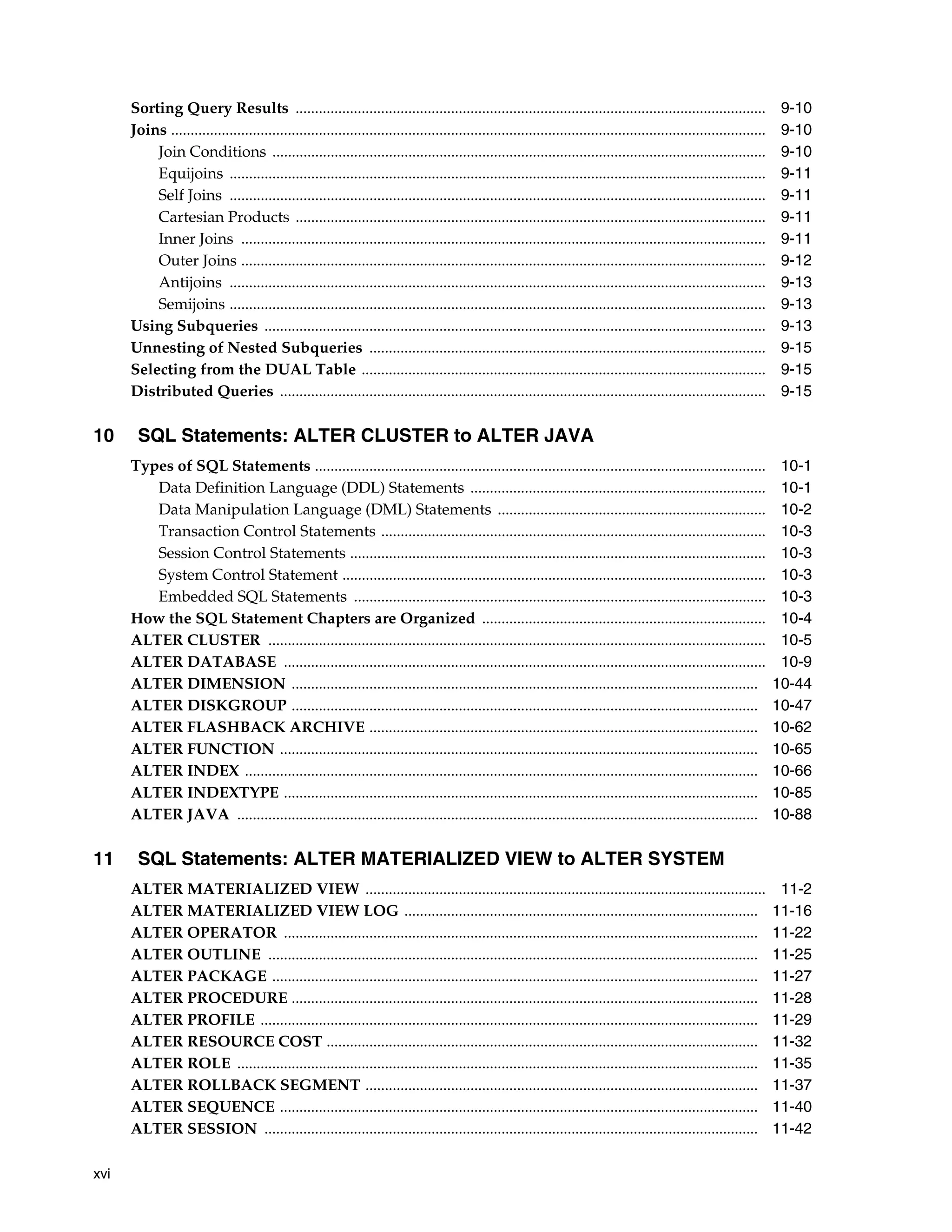 xvi
Sorting Query Results ......................................................................................................................... 9-10
Joins ......................................................................................................................................................... 9-10
Join Conditions ............................................................................................................................... 9-10
Equijoins .......................................................................................................................................... 9-11
Self Joins .......................................................................................................................................... 9-11
Cartesian Products ......................................................................................................................... 9-11
Inner Joins ....................................................................................................................................... 9-11
Outer Joins ....................................................................................................................................... 9-12
Antijoins .......................................................................................................................................... 9-13
Semijoins .......................................................................................................................................... 9-13
Using Subqueries ................................................................................................................................. 9-13
Unnesting of Nested Subqueries ...................................................................................................... 9-15
Selecting from the DUAL Table ........................................................................................................ 9-15
Distributed Queries ............................................................................................................................. 9-15
10 SQL Statements: ALTER CLUSTER to ALTER JAVA
Types of SQL Statements .................................................................................................................... 10-1
Data Definition Language (DDL) Statements ............................................................................ 10-1
Data Manipulation Language (DML) Statements ..................................................................... 10-2
Transaction Control Statements ................................................................................................... 10-3
Session Control Statements ........................................................................................................... 10-3
System Control Statement ............................................................................................................. 10-3
Embedded SQL Statements .......................................................................................................... 10-3
How the SQL Statement Chapters are Organized ......................................................................... 10-4
ALTER CLUSTER ................................................................................................................................ 10-5
ALTER DATABASE ............................................................................................................................ 10-9
ALTER DIMENSION ........................................................................................................................ 10-44
ALTER DISKGROUP ........................................................................................................................ 10-47
ALTER FLASHBACK ARCHIVE .................................................................................................... 10-62
ALTER FUNCTION ........................................................................................................................... 10-65
ALTER INDEX .................................................................................................................................... 10-66
ALTER INDEXTYPE .......................................................................................................................... 10-85
ALTER JAVA ...................................................................................................................................... 10-88
11 SQL Statements: ALTER MATERIALIZED VIEW to ALTER SYSTEM
ALTER MATERIALIZED VIEW ....................................................................................................... 11-2
ALTER MATERIALIZED VIEW LOG ........................................................................................... 11-16
ALTER OPERATOR .......................................................................................................................... 11-22
ALTER OUTLINE .............................................................................................................................. 11-25
ALTER PACKAGE ............................................................................................................................. 11-27
ALTER PROCEDURE ........................................................................................................................ 11-28
ALTER PROFILE ................................................................................................................................ 11-29
ALTER RESOURCE COST ............................................................................................................... 11-32
ALTER ROLE ...................................................................................................................................... 11-35
ALTER ROLLBACK SEGMENT ..................................................................................................... 11-37
ALTER SEQUENCE ........................................................................................................................... 11-40
ALTER SESSION ............................................................................................................................... 11-42
 