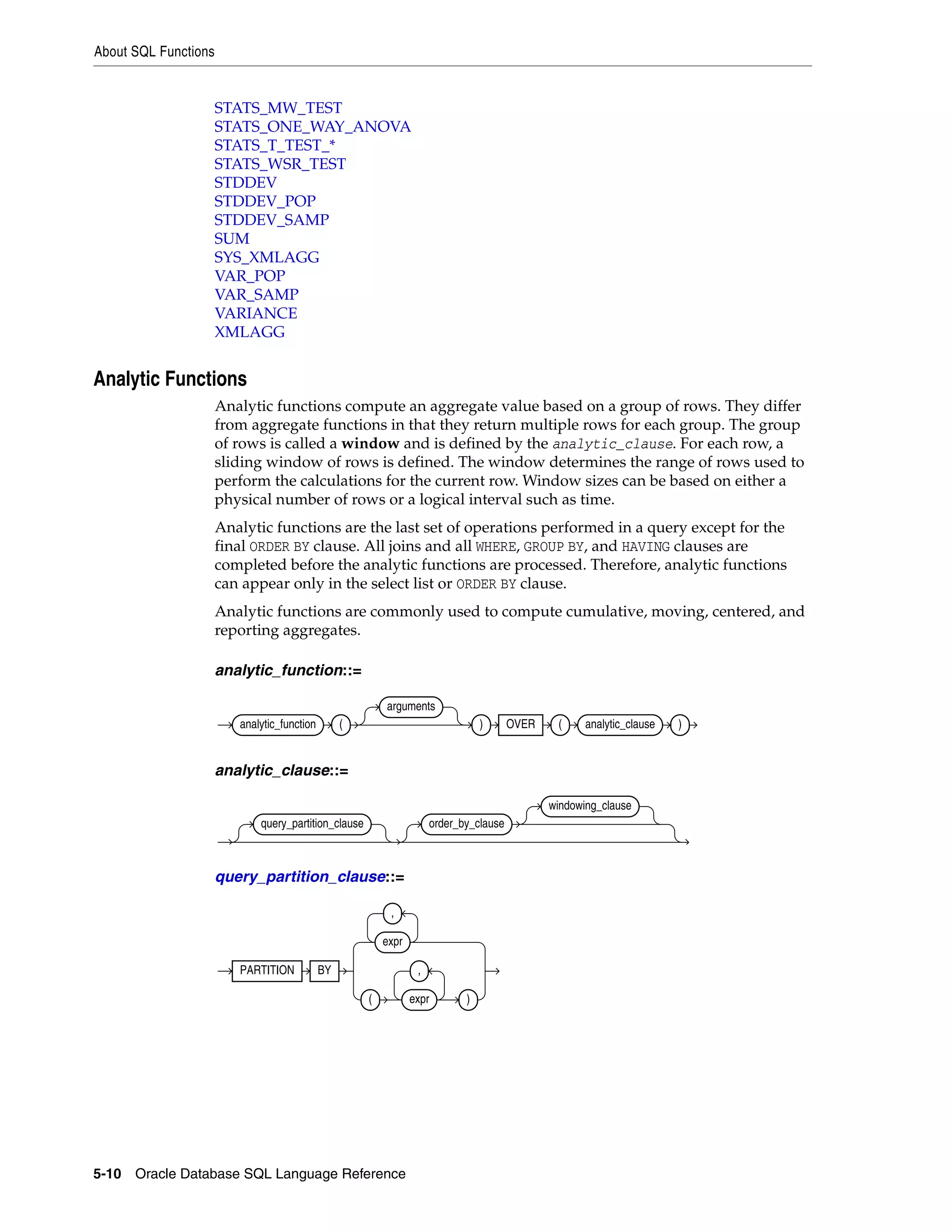 About SQL Functions
5-10 Oracle Database SQL Language Reference
STATS_MW_TEST
STATS_ONE_WAY_ANOVA
STATS_T_TEST_*
STATS_WSR_TEST
STDDEV
STDDEV_POP
STDDEV_SAMP
SUM
SYS_XMLAGG
VAR_POP
VAR_SAMP
VARIANCE
XMLAGG
Analytic Functions
Analytic functions compute an aggregate value based on a group of rows. They differ
from aggregate functions in that they return multiple rows for each group. The group
of rows is called a window and is defined by the analytic_clause. For each row, a
sliding window of rows is defined. The window determines the range of rows used to
perform the calculations for the current row. Window sizes can be based on either a
physical number of rows or a logical interval such as time.
Analytic functions are the last set of operations performed in a query except for the
final ORDER BY clause. All joins and all WHERE, GROUP BY, and HAVING clauses are
completed before the analytic functions are processed. Therefore, analytic functions
can appear only in the select list or ORDER BY clause.
Analytic functions are commonly used to compute cumulative, moving, centered, and
reporting aggregates.
analytic_function::=
analytic_clause::=
query_partition_clause::=
analytic_function (
arguments
) OVER ( analytic_clause )
query_partition_clause order_by_clause
windowing_clause
PARTITION BY
expr
,
( expr
,
)
 