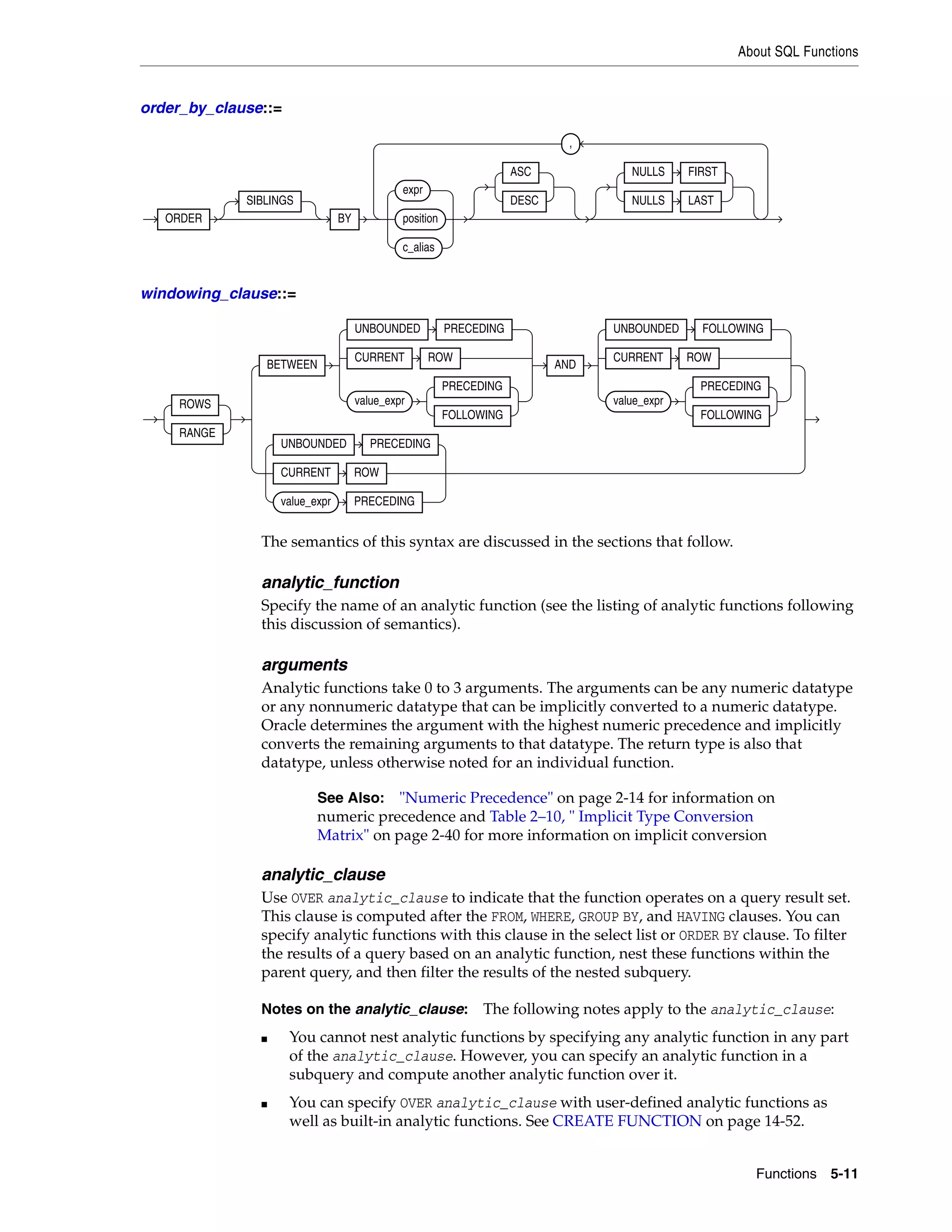 About SQL Functions
Functions 5-11
order_by_clause::=
windowing_clause::=
The semantics of this syntax are discussed in the sections that follow.
analytic_function
Specify the name of an analytic function (see the listing of analytic functions following
this discussion of semantics).
arguments
Analytic functions take 0 to 3 arguments. The arguments can be any numeric datatype
or any nonnumeric datatype that can be implicitly converted to a numeric datatype.
Oracle determines the argument with the highest numeric precedence and implicitly
converts the remaining arguments to that datatype. The return type is also that
datatype, unless otherwise noted for an individual function.
analytic_clause
Use OVER analytic_clause to indicate that the function operates on a query result set.
This clause is computed after the FROM, WHERE, GROUP BY, and HAVING clauses. You can
specify analytic functions with this clause in the select list or ORDER BY clause. To filter
the results of a query based on an analytic function, nest these functions within the
parent query, and then filter the results of the nested subquery.
Notes on the analytic_clause: The following notes apply to the analytic_clause:
■ You cannot nest analytic functions by specifying any analytic function in any part
of the analytic_clause. However, you can specify an analytic function in a
subquery and compute another analytic function over it.
■ You can specify OVER analytic_clause with user-defined analytic functions as
well as built-in analytic functions. See CREATE FUNCTION on page 14-52.
See Also: "Numeric Precedence" on page 2-14 for information on
numeric precedence and Table 2–10, " Implicit Type Conversion
Matrix" on page 2-40 for more information on implicit conversion
ORDER
SIBLINGS
BY
expr
position
c_alias
ASC
DESC
NULLS FIRST
NULLS LAST
,
ROWS
RANGE
BETWEEN
UNBOUNDED PRECEDING
CURRENT ROW
value_expr
PRECEDING
FOLLOWING
AND
UNBOUNDED FOLLOWING
CURRENT ROW
value_expr
PRECEDING
FOLLOWING
UNBOUNDED PRECEDING
CURRENT ROW
value_expr PRECEDING
 