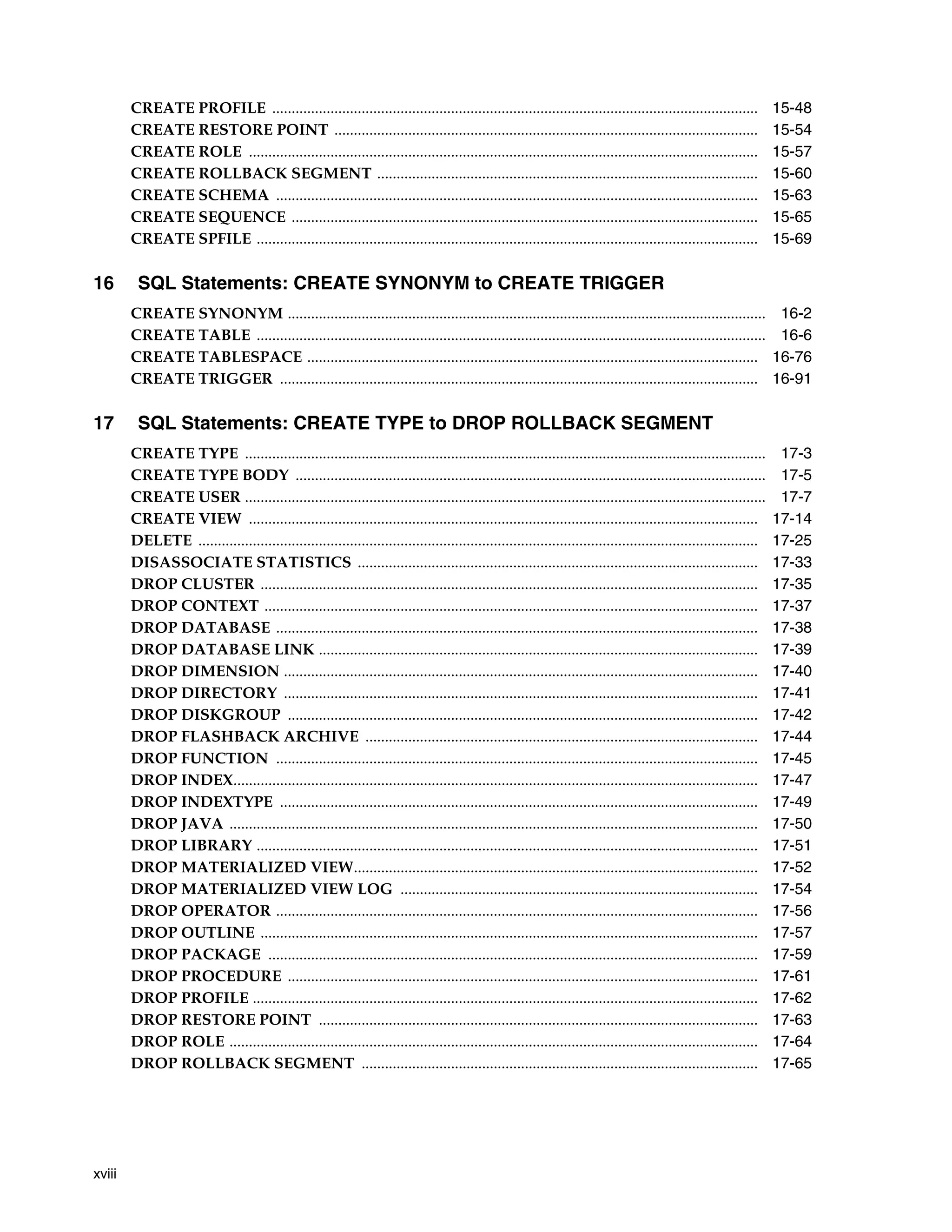xviii
CREATE PROFILE ............................................................................................................................. 15-48
CREATE RESTORE POINT ............................................................................................................. 15-54
CREATE ROLE ................................................................................................................................... 15-57
CREATE ROLLBACK SEGMENT .................................................................................................. 15-60
CREATE SCHEMA ............................................................................................................................ 15-63
CREATE SEQUENCE ........................................................................................................................ 15-65
CREATE SPFILE ................................................................................................................................. 15-69
16 SQL Statements: CREATE SYNONYM to CREATE TRIGGER
CREATE SYNONYM ........................................................................................................................... 16-2
CREATE TABLE ................................................................................................................................... 16-6
CREATE TABLESPACE .................................................................................................................... 16-76
CREATE TRIGGER ........................................................................................................................... 16-91
17 SQL Statements: CREATE TYPE to DROP ROLLBACK SEGMENT
CREATE TYPE ...................................................................................................................................... 17-3
CREATE TYPE BODY ......................................................................................................................... 17-5
CREATE USER ...................................................................................................................................... 17-7
CREATE VIEW ................................................................................................................................... 17-14
DELETE ................................................................................................................................................ 17-25
DISASSOCIATE STATISTICS ....................................................................................................... 17-33
DROP CLUSTER ................................................................................................................................ 17-35
DROP CONTEXT ............................................................................................................................... 17-37
DROP DATABASE ............................................................................................................................ 17-38
DROP DATABASE LINK ................................................................................................................. 17-39
DROP DIMENSION .......................................................................................................................... 17-40
DROP DIRECTORY .......................................................................................................................... 17-41
DROP DISKGROUP ......................................................................................................................... 17-42
DROP FLASHBACK ARCHIVE ..................................................................................................... 17-44
DROP FUNCTION ............................................................................................................................ 17-45
DROP INDEX....................................................................................................................................... 17-47
DROP INDEXTYPE ........................................................................................................................... 17-49
DROP JAVA ........................................................................................................................................ 17-50
DROP LIBRARY ................................................................................................................................. 17-51
DROP MATERIALIZED VIEW........................................................................................................ 17-52
DROP MATERIALIZED VIEW LOG ............................................................................................ 17-54
DROP OPERATOR ............................................................................................................................ 17-56
DROP OUTLINE ................................................................................................................................ 17-57
DROP PACKAGE .............................................................................................................................. 17-59
DROP PROCEDURE ......................................................................................................................... 17-61
DROP PROFILE .................................................................................................................................. 17-62
DROP RESTORE POINT ................................................................................................................. 17-63
DROP ROLE ........................................................................................................................................ 17-64
DROP ROLLBACK SEGMENT ...................................................................................................... 17-65
 
