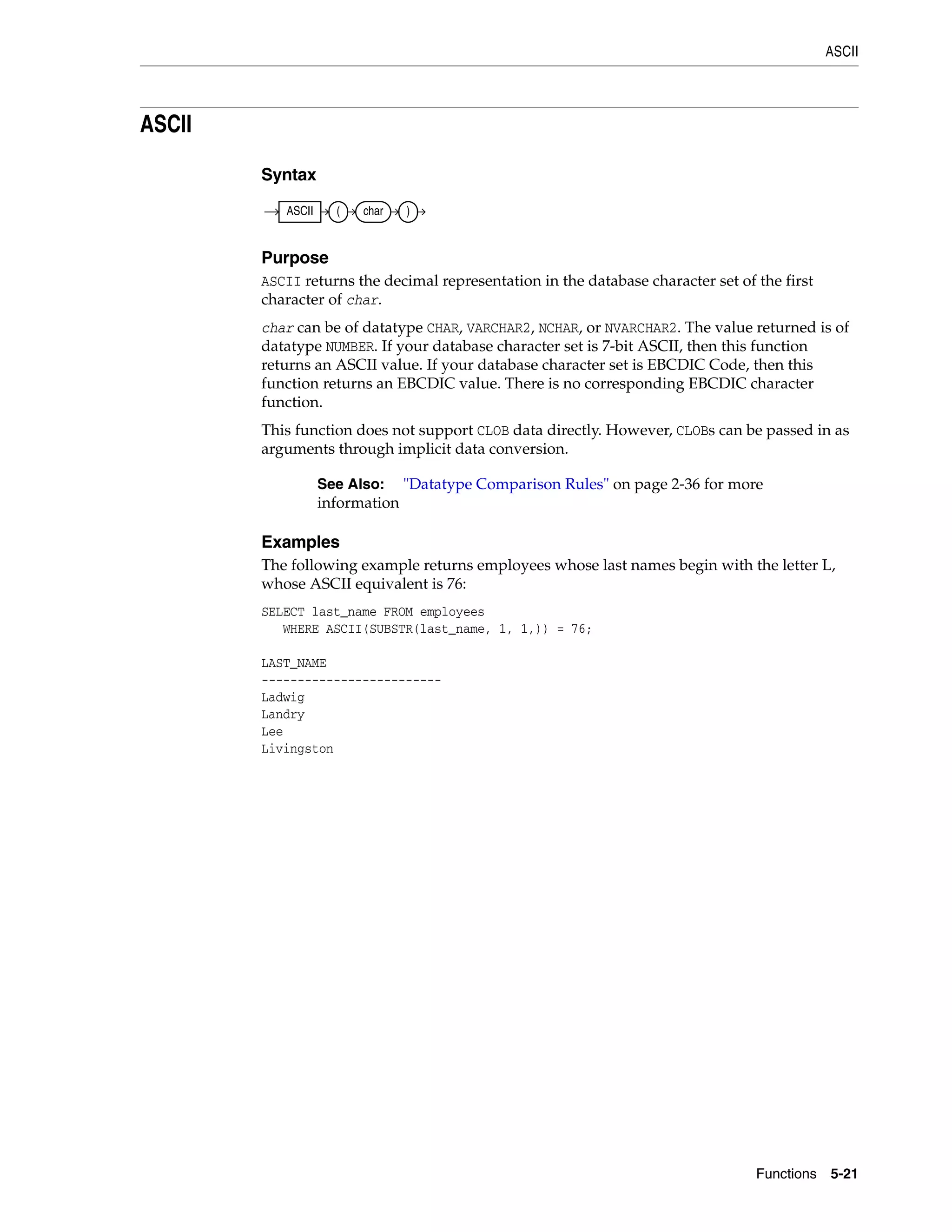 ASCII
Functions 5-21
ASCII
Syntax
Purpose
ASCII returns the decimal representation in the database character set of the first
character of char.
char can be of datatype CHAR, VARCHAR2, NCHAR, or NVARCHAR2. The value returned is of
datatype NUMBER. If your database character set is 7-bit ASCII, then this function
returns an ASCII value. If your database character set is EBCDIC Code, then this
function returns an EBCDIC value. There is no corresponding EBCDIC character
function.
This function does not support CLOB data directly. However, CLOBs can be passed in as
arguments through implicit data conversion.
Examples
The following example returns employees whose last names begin with the letter L,
whose ASCII equivalent is 76:
SELECT last_name FROM employees
WHERE ASCII(SUBSTR(last_name, 1, 1,)) = 76;
LAST_NAME
-------------------------
Ladwig
Landry
Lee
Livingston
See Also: "Datatype Comparison Rules" on page 2-36 for more
information
ASCII ( char )
 