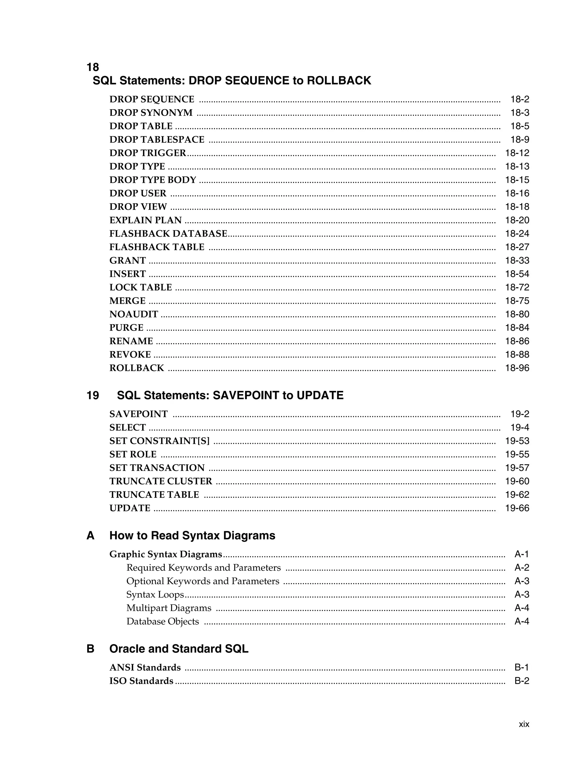 xix
18
SQL Statements: DROP SEQUENCE to ROLLBACK
DROP SEQUENCE .............................................................................................................................. 18-2
DROP SYNONYM ............................................................................................................................... 18-3
DROP TABLE ........................................................................................................................................ 18-5
DROP TABLESPACE .......................................................................................................................... 18-9
DROP TRIGGER................................................................................................................................. 18-12
DROP TYPE ......................................................................................................................................... 18-13
DROP TYPE BODY ............................................................................................................................ 18-15
DROP USER ........................................................................................................................................ 18-16
DROP VIEW ........................................................................................................................................ 18-18
EXPLAIN PLAN .................................................................................................................................. 18-20
FLASHBACK DATABASE................................................................................................................ 18-24
FLASHBACK TABLE ........................................................................................................................ 18-27
GRANT ................................................................................................................................................. 18-33
INSERT ................................................................................................................................................. 18-54
LOCK TABLE ...................................................................................................................................... 18-72
MERGE ................................................................................................................................................. 18-75
NOAUDIT ............................................................................................................................................ 18-80
PURGE .................................................................................................................................................. 18-84
RENAME .............................................................................................................................................. 18-86
REVOKE ............................................................................................................................................... 18-88
ROLLBACK ......................................................................................................................................... 18-96
19 SQL Statements: SAVEPOINT to UPDATE
SAVEPOINT ......................................................................................................................................... 19-2
SELECT ................................................................................................................................................... 19-4
SET CONSTRAINT[S] ...................................................................................................................... 19-53
SET ROLE ............................................................................................................................................ 19-55
SET TRANSACTION ........................................................................................................................ 19-57
TRUNCATE CLUSTER ..................................................................................................................... 19-60
TRUNCATE TABLE .......................................................................................................................... 19-62
UPDATE ............................................................................................................................................... 19-66
A How to Read Syntax Diagrams
Graphic Syntax Diagrams...................................................................................................................... A-1
Required Keywords and Parameters ............................................................................................ A-2
Optional Keywords and Parameters ............................................................................................. A-3
Syntax Loops...................................................................................................................................... A-3
Multipart Diagrams ......................................................................................................................... A-4
Database Objects .............................................................................................................................. A-4
B Oracle and Standard SQL
ANSI Standards ...................................................................................................................................... B-1
ISO Standards .......................................................................................................................................... B-2
 