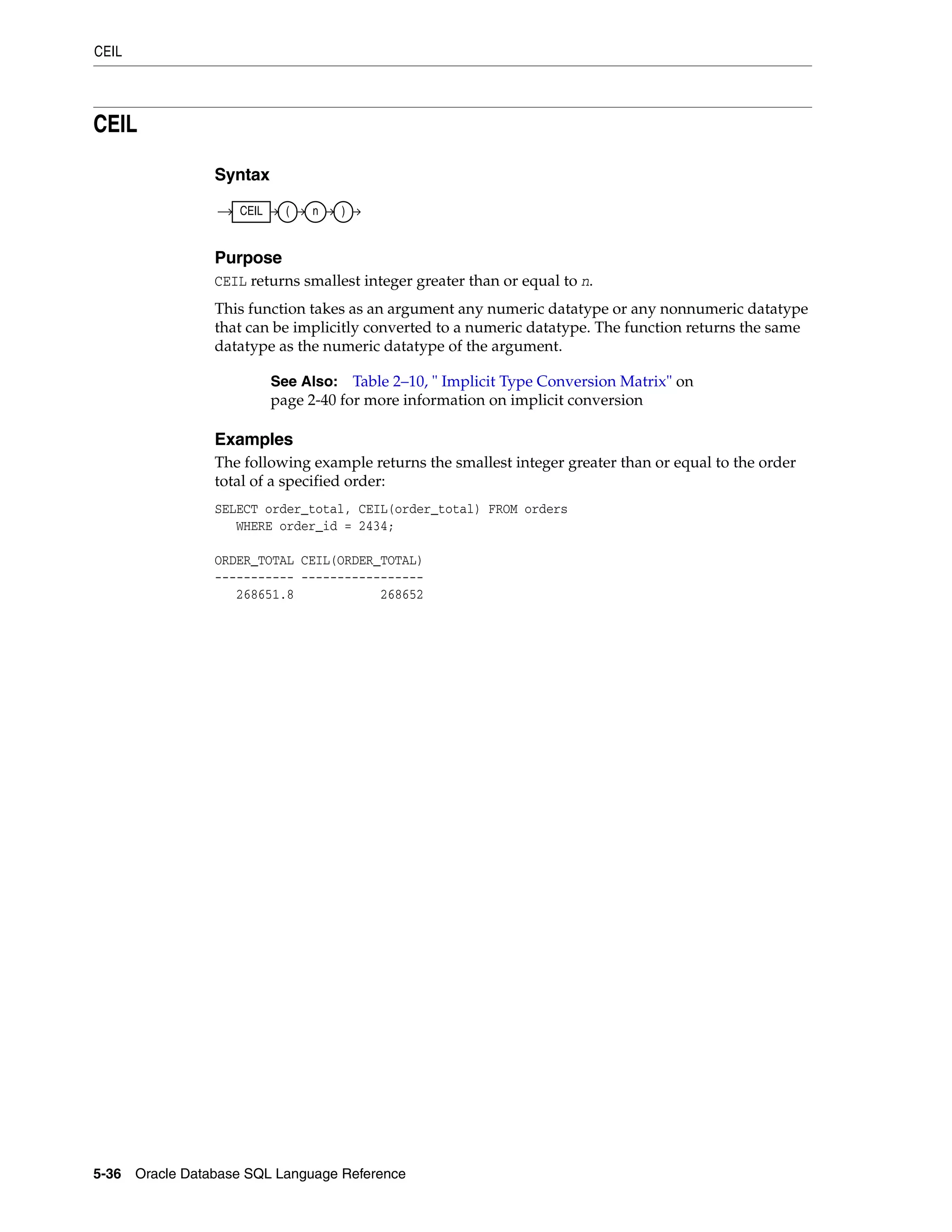 CEIL
5-36 Oracle Database SQL Language Reference
CEIL
Syntax
Purpose
CEIL returns smallest integer greater than or equal to n.
This function takes as an argument any numeric datatype or any nonnumeric datatype
that can be implicitly converted to a numeric datatype. The function returns the same
datatype as the numeric datatype of the argument.
Examples
The following example returns the smallest integer greater than or equal to the order
total of a specified order:
SELECT order_total, CEIL(order_total) FROM orders
WHERE order_id = 2434;
ORDER_TOTAL CEIL(ORDER_TOTAL)
----------- -----------------
268651.8 268652
See Also: Table 2–10, " Implicit Type Conversion Matrix" on
page 2-40 for more information on implicit conversion
CEIL ( n )
 