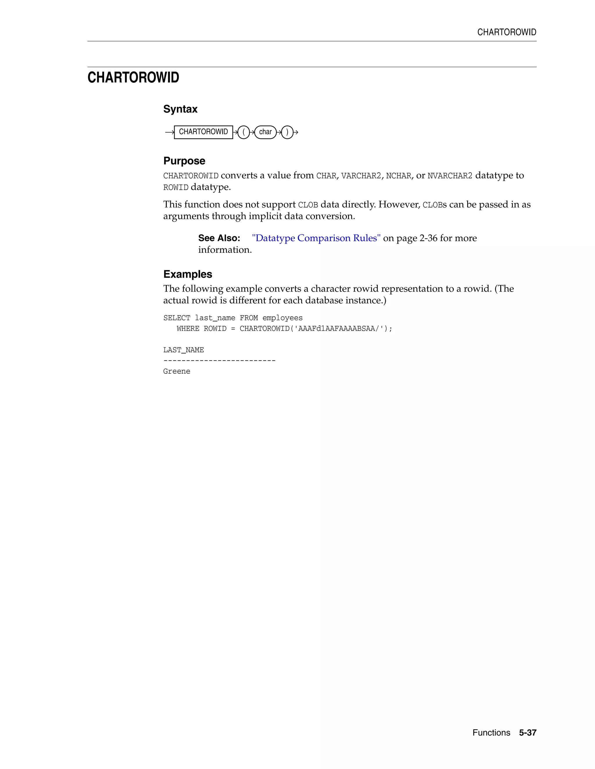 CHARTOROWID
Functions 5-37
CHARTOROWID
Syntax
Purpose
CHARTOROWID converts a value from CHAR, VARCHAR2, NCHAR, or NVARCHAR2 datatype to
ROWID datatype.
This function does not support CLOB data directly. However, CLOBs can be passed in as
arguments through implicit data conversion.
Examples
The following example converts a character rowid representation to a rowid. (The
actual rowid is different for each database instance.)
SELECT last_name FROM employees
WHERE ROWID = CHARTOROWID('AAAFd1AAFAAAABSAA/');
LAST_NAME
-------------------------
Greene
See Also: "Datatype Comparison Rules" on page 2-36 for more
information.
CHARTOROWID ( char )
 