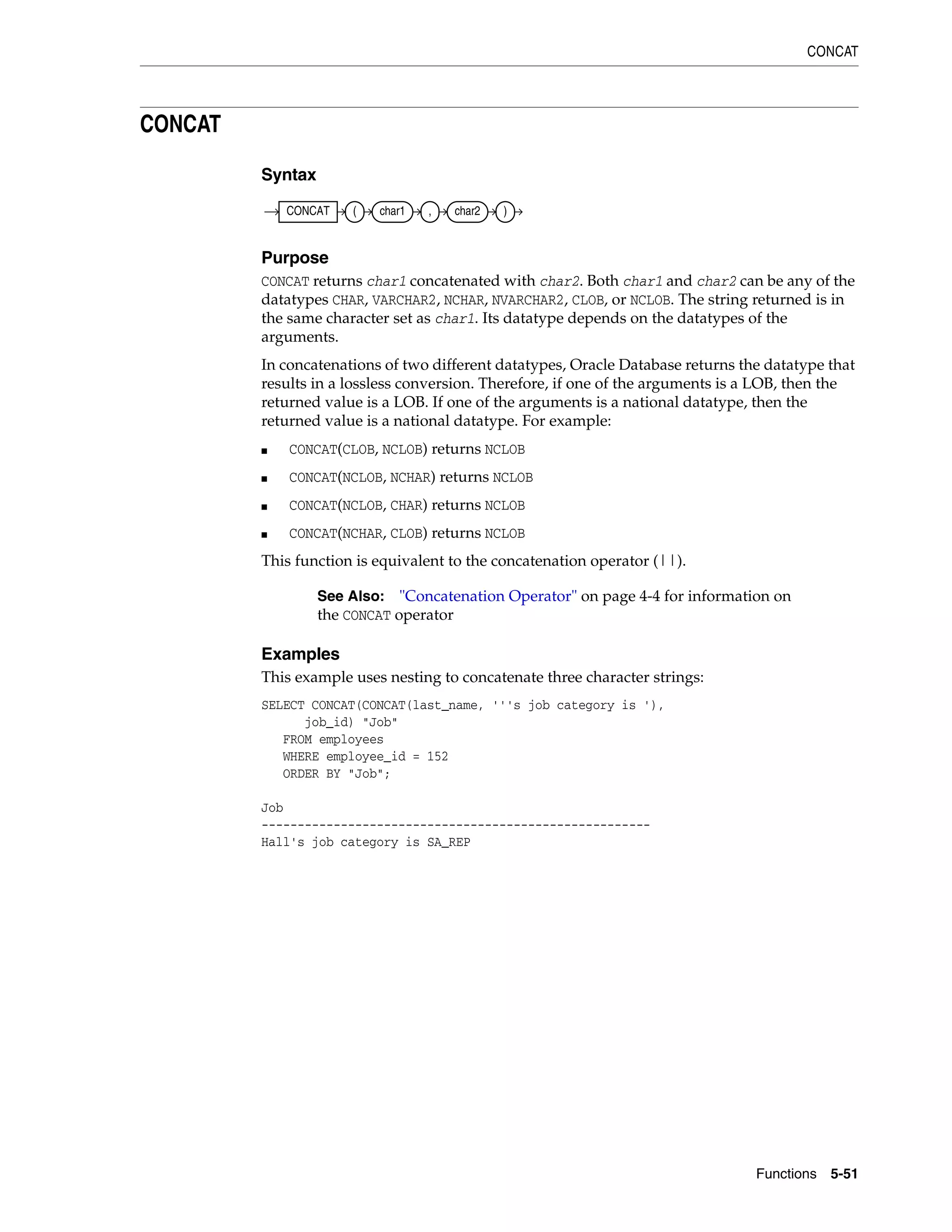 CONCAT
Functions 5-51
CONCAT
Syntax
Purpose
CONCAT returns char1 concatenated with char2. Both char1 and char2 can be any of the
datatypes CHAR, VARCHAR2, NCHAR, NVARCHAR2, CLOB, or NCLOB. The string returned is in
the same character set as char1. Its datatype depends on the datatypes of the
arguments.
In concatenations of two different datatypes, Oracle Database returns the datatype that
results in a lossless conversion. Therefore, if one of the arguments is a LOB, then the
returned value is a LOB. If one of the arguments is a national datatype, then the
returned value is a national datatype. For example:
■ CONCAT(CLOB, NCLOB) returns NCLOB
■ CONCAT(NCLOB, NCHAR) returns NCLOB
■ CONCAT(NCLOB, CHAR) returns NCLOB
■ CONCAT(NCHAR, CLOB) returns NCLOB
This function is equivalent to the concatenation operator (||).
Examples
This example uses nesting to concatenate three character strings:
SELECT CONCAT(CONCAT(last_name, '''s job category is '),
job_id) "Job"
FROM employees
WHERE employee_id = 152
ORDER BY "Job";
Job
------------------------------------------------------
Hall's job category is SA_REP
See Also: "Concatenation Operator" on page 4-4 for information on
the CONCAT operator
CONCAT ( char1 , char2 )
 