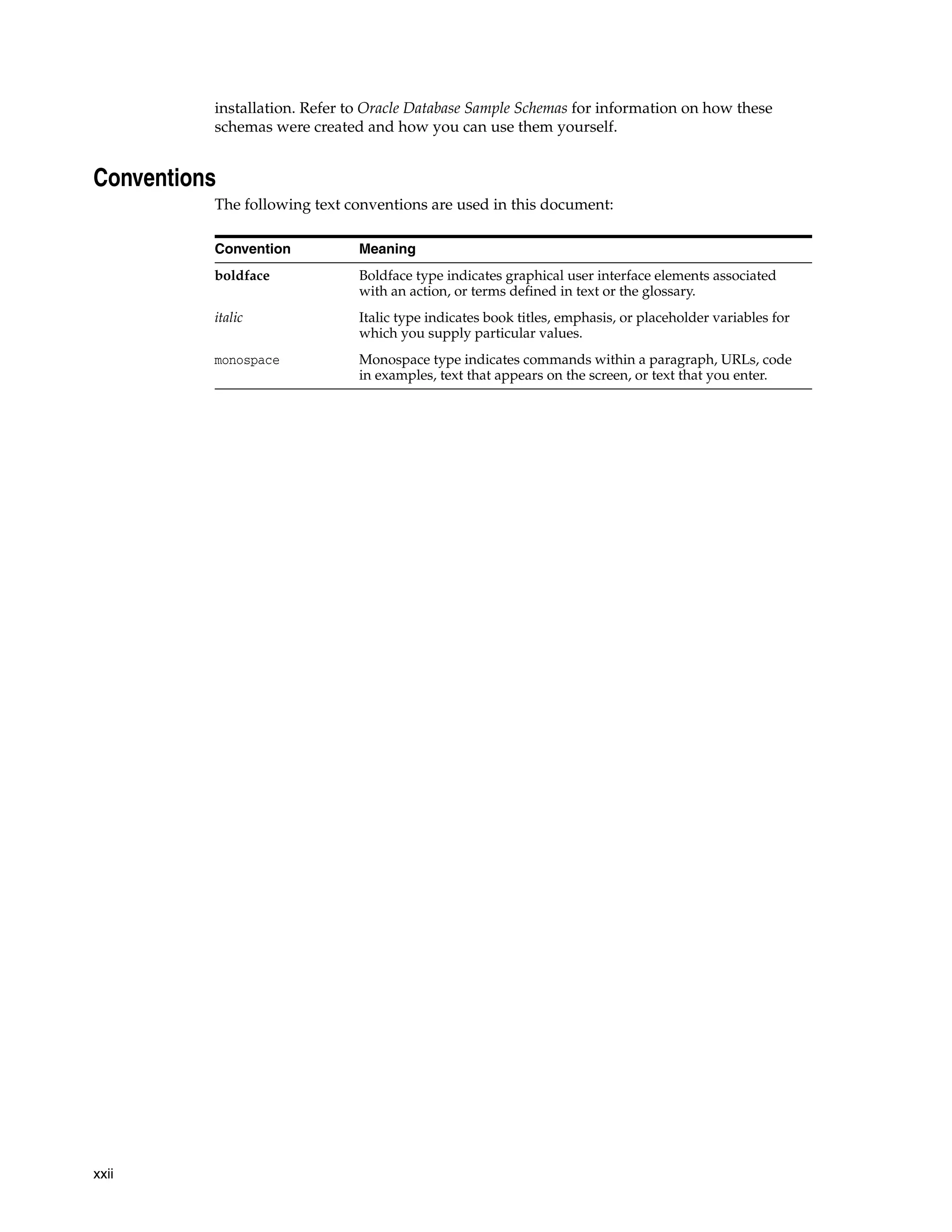 xxii
installation. Refer to Oracle Database Sample Schemas for information on how these
schemas were created and how you can use them yourself.
Conventions
The following text conventions are used in this document:
Convention Meaning
boldface Boldface type indicates graphical user interface elements associated
with an action, or terms defined in text or the glossary.
italic Italic type indicates book titles, emphasis, or placeholder variables for
which you supply particular values.
monospace Monospace type indicates commands within a paragraph, URLs, code
in examples, text that appears on the screen, or text that you enter.
 