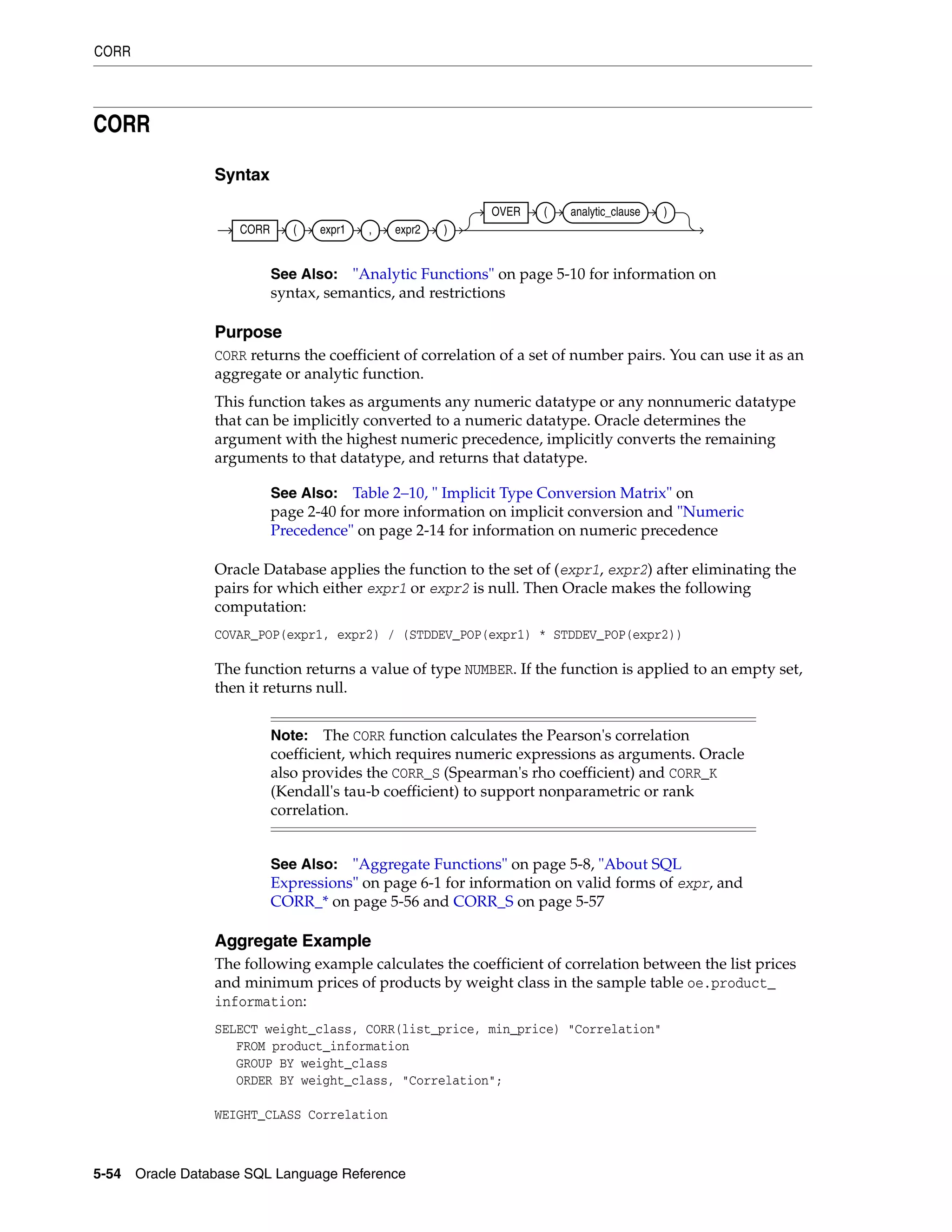 CORR
5-54 Oracle Database SQL Language Reference
CORR
Syntax
Purpose
CORR returns the coefficient of correlation of a set of number pairs. You can use it as an
aggregate or analytic function.
This function takes as arguments any numeric datatype or any nonnumeric datatype
that can be implicitly converted to a numeric datatype. Oracle determines the
argument with the highest numeric precedence, implicitly converts the remaining
arguments to that datatype, and returns that datatype.
Oracle Database applies the function to the set of (expr1, expr2) after eliminating the
pairs for which either expr1 or expr2 is null. Then Oracle makes the following
computation:
COVAR_POP(expr1, expr2) / (STDDEV_POP(expr1) * STDDEV_POP(expr2))
The function returns a value of type NUMBER. If the function is applied to an empty set,
then it returns null.
Aggregate Example
The following example calculates the coefficient of correlation between the list prices
and minimum prices of products by weight class in the sample table oe.product_
information:
SELECT weight_class, CORR(list_price, min_price) "Correlation"
FROM product_information
GROUP BY weight_class
ORDER BY weight_class, "Correlation";
WEIGHT_CLASS Correlation
See Also: "Analytic Functions" on page 5-10 for information on
syntax, semantics, and restrictions
See Also: Table 2–10, " Implicit Type Conversion Matrix" on
page 2-40 for more information on implicit conversion and "Numeric
Precedence" on page 2-14 for information on numeric precedence
Note: The CORR function calculates the Pearson's correlation
coefficient, which requires numeric expressions as arguments. Oracle
also provides the CORR_S (Spearman's rho coefficient) and CORR_K
(Kendall's tau-b coefficient) to support nonparametric or rank
correlation.
See Also: "Aggregate Functions" on page 5-8, "About SQL
Expressions" on page 6-1 for information on valid forms of expr, and
CORR_* on page 5-56 and CORR_S on page 5-57
CORR ( expr1 , expr2 )
OVER ( analytic_clause )
 