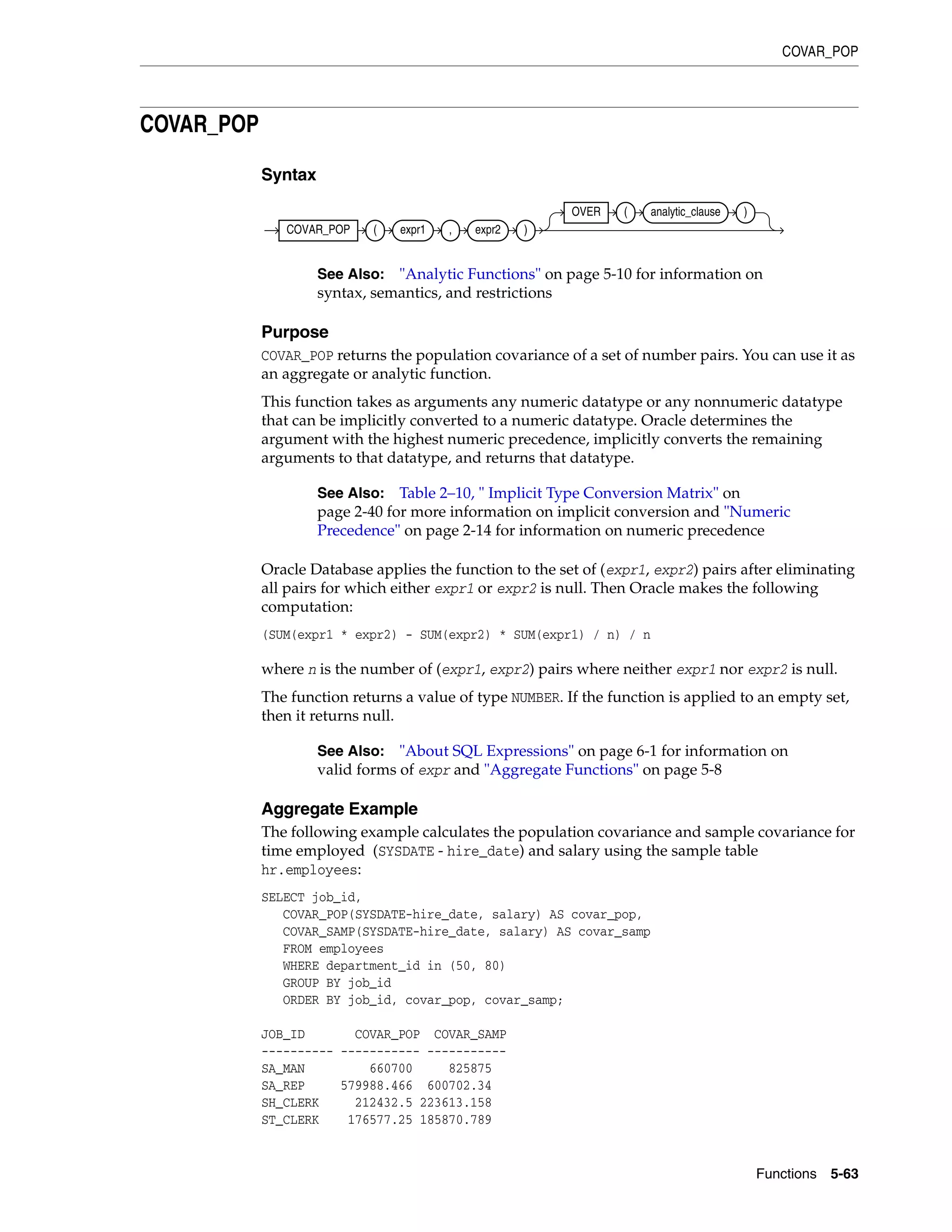 COVAR_POP
Functions 5-63
COVAR_POP
Syntax
Purpose
COVAR_POP returns the population covariance of a set of number pairs. You can use it as
an aggregate or analytic function.
This function takes as arguments any numeric datatype or any nonnumeric datatype
that can be implicitly converted to a numeric datatype. Oracle determines the
argument with the highest numeric precedence, implicitly converts the remaining
arguments to that datatype, and returns that datatype.
Oracle Database applies the function to the set of (expr1, expr2) pairs after eliminating
all pairs for which either expr1 or expr2 is null. Then Oracle makes the following
computation:
(SUM(expr1 * expr2) - SUM(expr2) * SUM(expr1) / n) / n
where n is the number of (expr1, expr2) pairs where neither expr1 nor expr2 is null.
The function returns a value of type NUMBER. If the function is applied to an empty set,
then it returns null.
Aggregate Example
The following example calculates the population covariance and sample covariance for
time employed (SYSDATE - hire_date) and salary using the sample table
hr.employees:
SELECT job_id,
COVAR_POP(SYSDATE-hire_date, salary) AS covar_pop,
COVAR_SAMP(SYSDATE-hire_date, salary) AS covar_samp
FROM employees
WHERE department_id in (50, 80)
GROUP BY job_id
ORDER BY job_id, covar_pop, covar_samp;
JOB_ID COVAR_POP COVAR_SAMP
---------- ----------- -----------
SA_MAN 660700 825875
SA_REP 579988.466 600702.34
SH_CLERK 212432.5 223613.158
ST_CLERK 176577.25 185870.789
See Also: "Analytic Functions" on page 5-10 for information on
syntax, semantics, and restrictions
See Also: Table 2–10, " Implicit Type Conversion Matrix" on
page 2-40 for more information on implicit conversion and "Numeric
Precedence" on page 2-14 for information on numeric precedence
See Also: "About SQL Expressions" on page 6-1 for information on
valid forms of expr and "Aggregate Functions" on page 5-8
COVAR_POP ( expr1 , expr2 )
OVER ( analytic_clause )
 