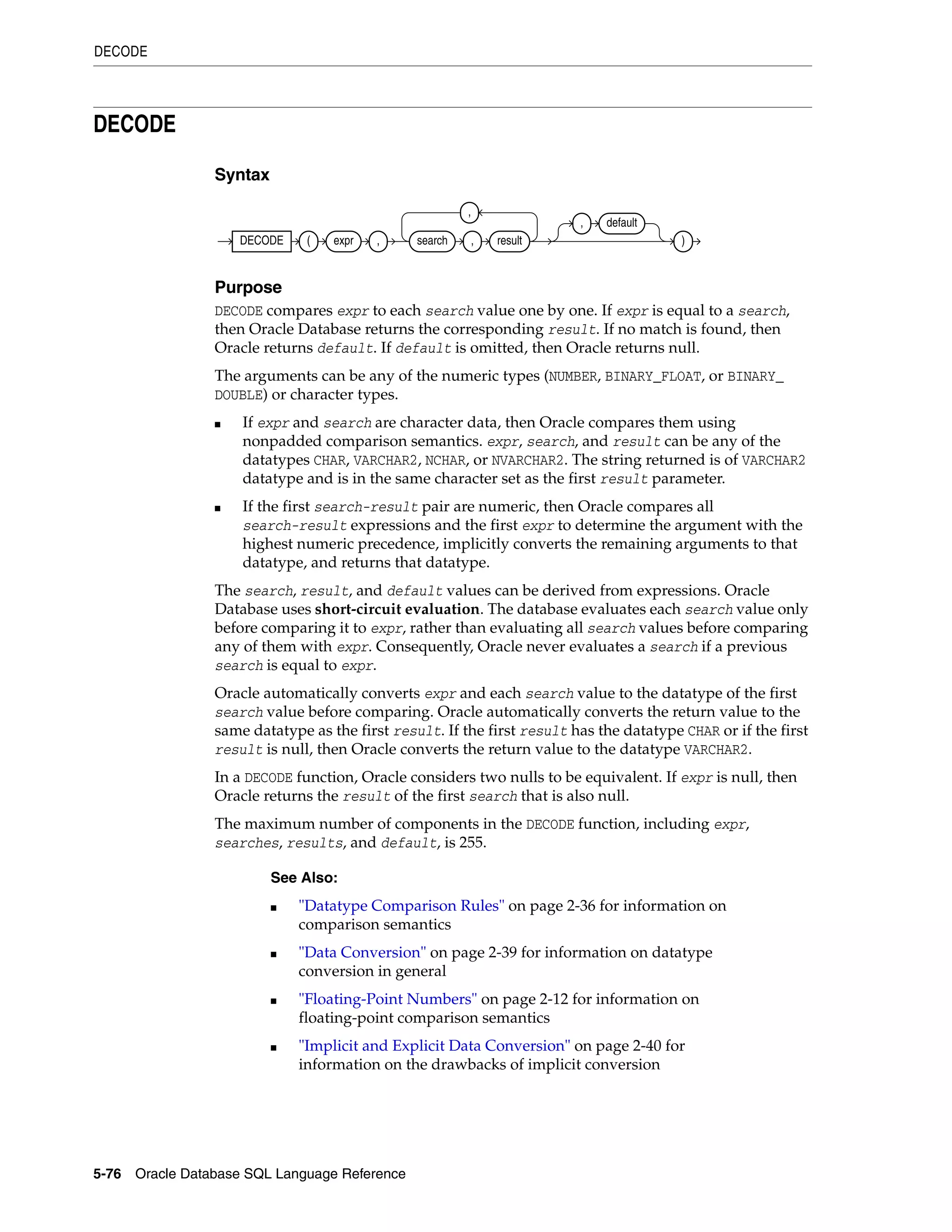 DECODE
5-76 Oracle Database SQL Language Reference
DECODE
Syntax
Purpose
DECODE compares expr to each search value one by one. If expr is equal to a search,
then Oracle Database returns the corresponding result. If no match is found, then
Oracle returns default. If default is omitted, then Oracle returns null.
The arguments can be any of the numeric types (NUMBER, BINARY_FLOAT, or BINARY_
DOUBLE) or character types.
■ If expr and search are character data, then Oracle compares them using
nonpadded comparison semantics. expr, search, and result can be any of the
datatypes CHAR, VARCHAR2, NCHAR, or NVARCHAR2. The string returned is of VARCHAR2
datatype and is in the same character set as the first result parameter.
■ If the first search-result pair are numeric, then Oracle compares all
search-result expressions and the first expr to determine the argument with the
highest numeric precedence, implicitly converts the remaining arguments to that
datatype, and returns that datatype.
The search, result, and default values can be derived from expressions. Oracle
Database uses short-circuit evaluation. The database evaluates each search value only
before comparing it to expr, rather than evaluating all search values before comparing
any of them with expr. Consequently, Oracle never evaluates a search if a previous
search is equal to expr.
Oracle automatically converts expr and each search value to the datatype of the first
search value before comparing. Oracle automatically converts the return value to the
same datatype as the first result. If the first result has the datatype CHAR or if the first
result is null, then Oracle converts the return value to the datatype VARCHAR2.
In a DECODE function, Oracle considers two nulls to be equivalent. If expr is null, then
Oracle returns the result of the first search that is also null.
The maximum number of components in the DECODE function, including expr,
searches, results, and default, is 255.
See Also:
■ "Datatype Comparison Rules" on page 2-36 for information on
comparison semantics
■ "Data Conversion" on page 2-39 for information on datatype
conversion in general
■ "Floating-Point Numbers" on page 2-12 for information on
floating-point comparison semantics
■ "Implicit and Explicit Data Conversion" on page 2-40 for
information on the drawbacks of implicit conversion
DECODE ( expr , search , result
,
, default
)
 