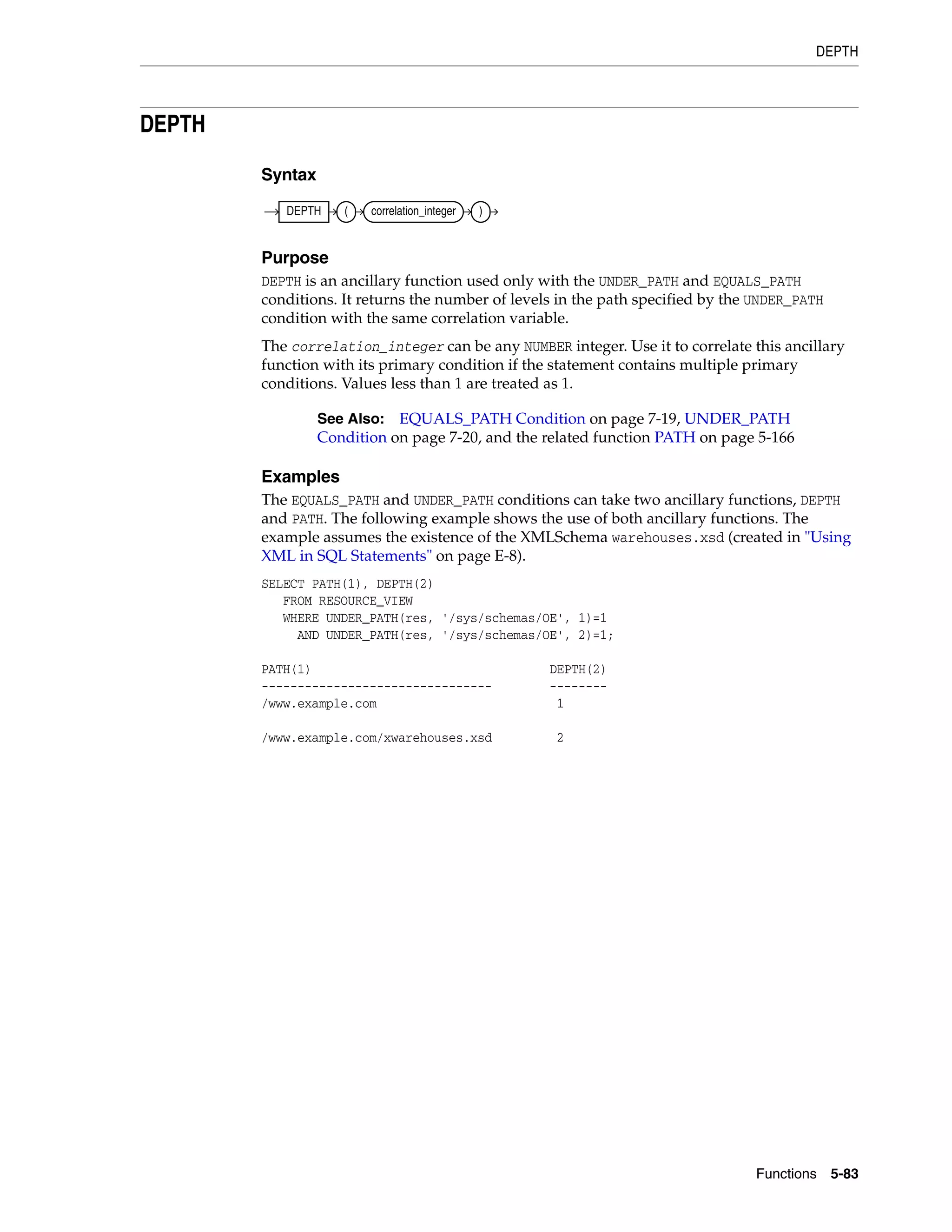 DEPTH
Functions 5-83
DEPTH
Syntax
Purpose
DEPTH is an ancillary function used only with the UNDER_PATH and EQUALS_PATH
conditions. It returns the number of levels in the path specified by the UNDER_PATH
condition with the same correlation variable.
The correlation_integer can be any NUMBER integer. Use it to correlate this ancillary
function with its primary condition if the statement contains multiple primary
conditions. Values less than 1 are treated as 1.
Examples
The EQUALS_PATH and UNDER_PATH conditions can take two ancillary functions, DEPTH
and PATH. The following example shows the use of both ancillary functions. The
example assumes the existence of the XMLSchema warehouses.xsd (created in "Using
XML in SQL Statements" on page E-8).
SELECT PATH(1), DEPTH(2)
FROM RESOURCE_VIEW
WHERE UNDER_PATH(res, '/sys/schemas/OE', 1)=1
AND UNDER_PATH(res, '/sys/schemas/OE', 2)=1;
PATH(1) DEPTH(2)
-------------------------------- --------
/www.example.com 1
/www.example.com/xwarehouses.xsd 2
See Also: EQUALS_PATH Condition on page 7-19, UNDER_PATH
Condition on page 7-20, and the related function PATH on page 5-166
DEPTH ( correlation_integer )
 