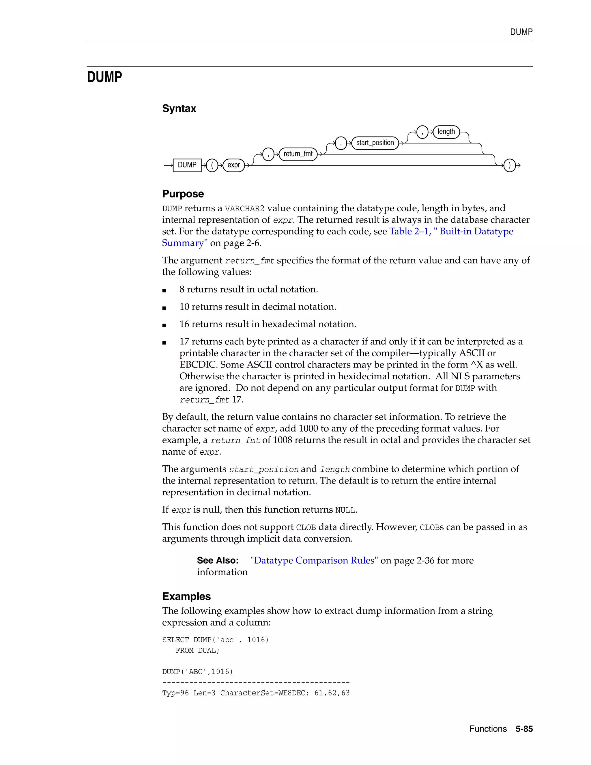 DUMP
Functions 5-85
DUMP
Syntax
Purpose
DUMP returns a VARCHAR2 value containing the datatype code, length in bytes, and
internal representation of expr. The returned result is always in the database character
set. For the datatype corresponding to each code, see Table 2–1, " Built-in Datatype
Summary" on page 2-6.
The argument return_fmt specifies the format of the return value and can have any of
the following values:
■ 8 returns result in octal notation.
■ 10 returns result in decimal notation.
■ 16 returns result in hexadecimal notation.
■ 17 returns each byte printed as a character if and only if it can be interpreted as a
printable character in the character set of the compiler—typically ASCII or
EBCDIC. Some ASCII control characters may be printed in the form ^X as well.
Otherwise the character is printed in hexidecimal notation. All NLS parameters
are ignored. Do not depend on any particular output format for DUMP with
return_fmt 17.
By default, the return value contains no character set information. To retrieve the
character set name of expr, add 1000 to any of the preceding format values. For
example, a return_fmt of 1008 returns the result in octal and provides the character set
name of expr.
The arguments start_position and length combine to determine which portion of
the internal representation to return. The default is to return the entire internal
representation in decimal notation.
If expr is null, then this function returns NULL.
This function does not support CLOB data directly. However, CLOBs can be passed in as
arguments through implicit data conversion.
Examples
The following examples show how to extract dump information from a string
expression and a column:
SELECT DUMP('abc', 1016)
FROM DUAL;
DUMP('ABC',1016)
------------------------------------------
Typ=96 Len=3 CharacterSet=WE8DEC: 61,62,63
See Also: "Datatype Comparison Rules" on page 2-36 for more
information
DUMP ( expr
, return_fmt
, start_position
, length
)
 