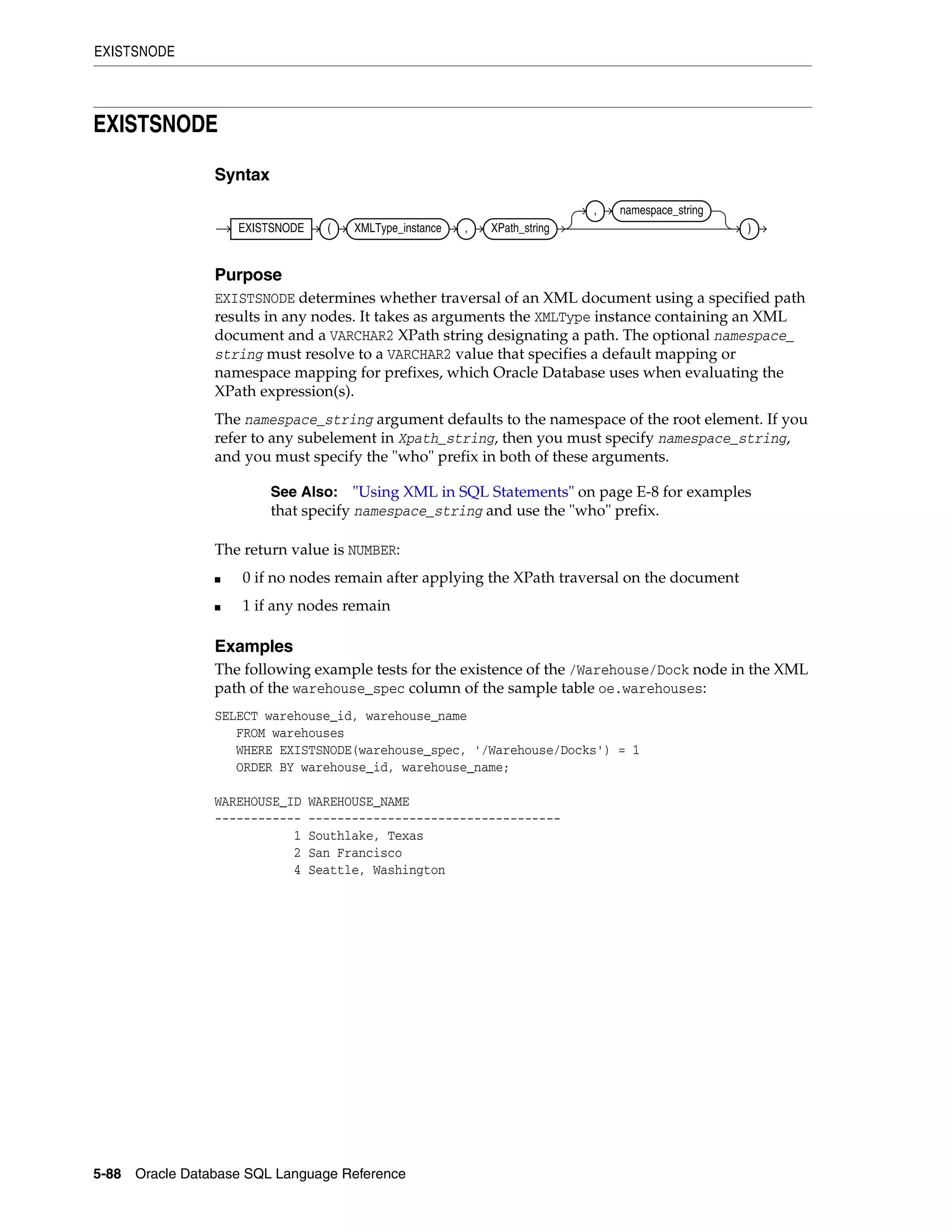 EXISTSNODE
5-88 Oracle Database SQL Language Reference
EXISTSNODE
Syntax
Purpose
EXISTSNODE determines whether traversal of an XML document using a specified path
results in any nodes. It takes as arguments the XMLType instance containing an XML
document and a VARCHAR2 XPath string designating a path. The optional namespace_
string must resolve to a VARCHAR2 value that specifies a default mapping or
namespace mapping for prefixes, which Oracle Database uses when evaluating the
XPath expression(s).
The namespace_string argument defaults to the namespace of the root element. If you
refer to any subelement in Xpath_string, then you must specify namespace_string,
and you must specify the "who" prefix in both of these arguments.
The return value is NUMBER:
■ 0 if no nodes remain after applying the XPath traversal on the document
■ 1 if any nodes remain
Examples
The following example tests for the existence of the /Warehouse/Dock node in the XML
path of the warehouse_spec column of the sample table oe.warehouses:
SELECT warehouse_id, warehouse_name
FROM warehouses
WHERE EXISTSNODE(warehouse_spec, '/Warehouse/Docks') = 1
ORDER BY warehouse_id, warehouse_name;
WAREHOUSE_ID WAREHOUSE_NAME
------------ -----------------------------------
1 Southlake, Texas
2 San Francisco
4 Seattle, Washington
See Also: "Using XML in SQL Statements" on page E-8 for examples
that specify namespace_string and use the "who" prefix.
EXISTSNODE ( XMLType_instance , XPath_string
, namespace_string
)
 