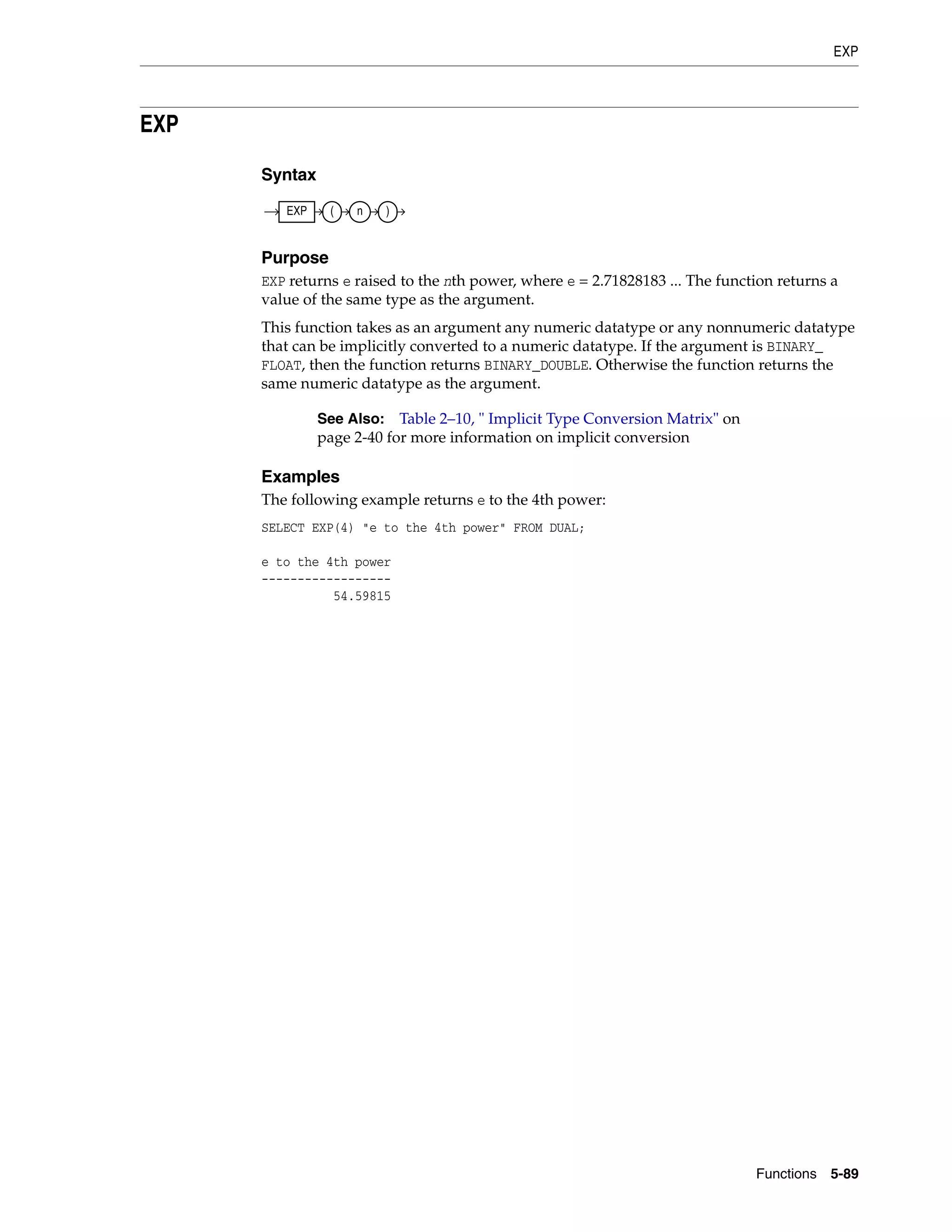 EXP
Functions 5-89
EXP
Syntax
Purpose
EXP returns e raised to the nth power, where e = 2.71828183 ... The function returns a
value of the same type as the argument.
This function takes as an argument any numeric datatype or any nonnumeric datatype
that can be implicitly converted to a numeric datatype. If the argument is BINARY_
FLOAT, then the function returns BINARY_DOUBLE. Otherwise the function returns the
same numeric datatype as the argument.
Examples
The following example returns e to the 4th power:
SELECT EXP(4) "e to the 4th power" FROM DUAL;
e to the 4th power
------------------
54.59815
See Also: Table 2–10, " Implicit Type Conversion Matrix" on
page 2-40 for more information on implicit conversion
EXP ( n )
 