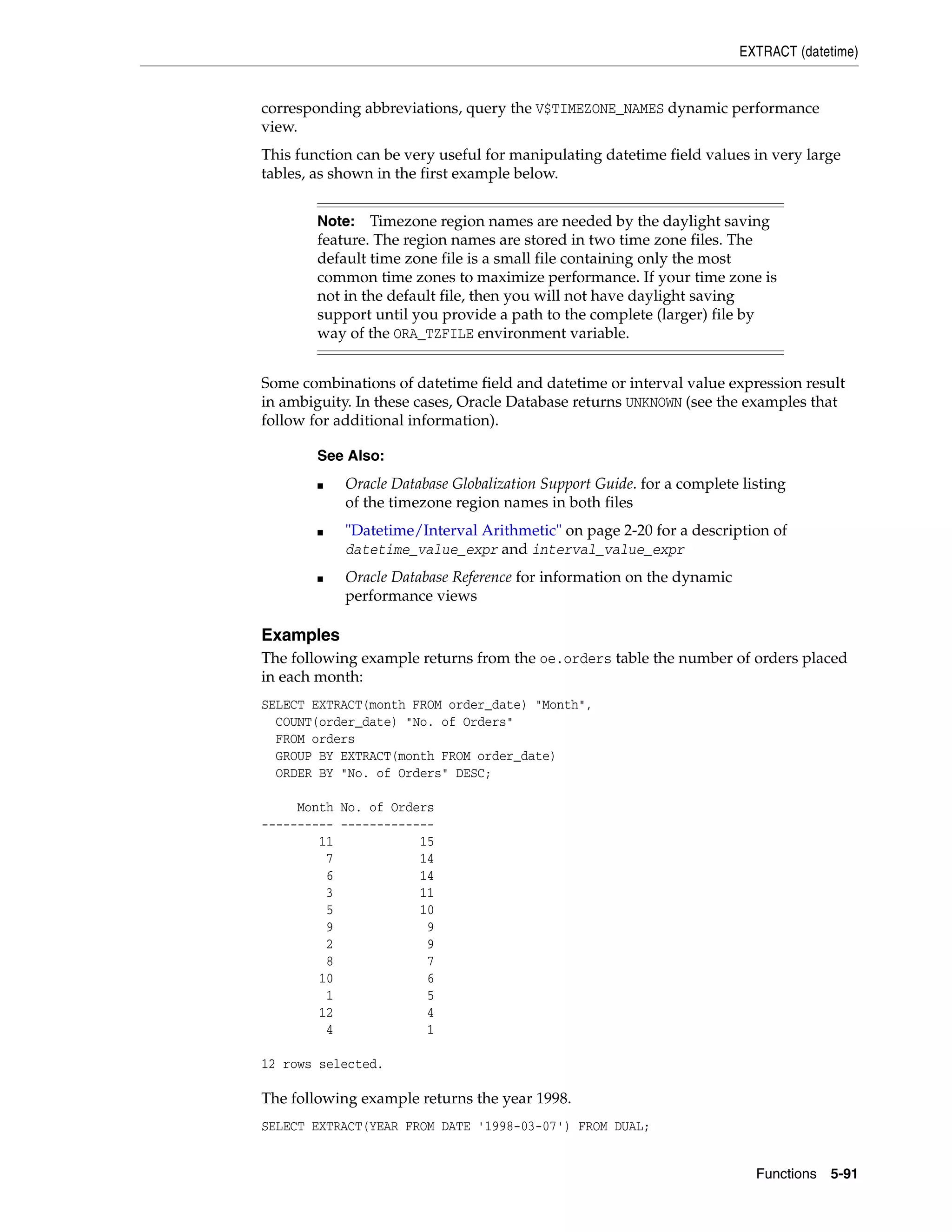 EXTRACT (datetime)
Functions 5-91
corresponding abbreviations, query the V$TIMEZONE_NAMES dynamic performance
view.
This function can be very useful for manipulating datetime field values in very large
tables, as shown in the first example below.
Some combinations of datetime field and datetime or interval value expression result
in ambiguity. In these cases, Oracle Database returns UNKNOWN (see the examples that
follow for additional information).
Examples
The following example returns from the oe.orders table the number of orders placed
in each month:
SELECT EXTRACT(month FROM order_date) "Month",
COUNT(order_date) "No. of Orders"
FROM orders
GROUP BY EXTRACT(month FROM order_date)
ORDER BY "No. of Orders" DESC;
Month No. of Orders
---------- -------------
11 15
7 14
6 14
3 11
5 10
9 9
2 9
8 7
10 6
1 5
12 4
4 1
12 rows selected.
The following example returns the year 1998.
SELECT EXTRACT(YEAR FROM DATE '1998-03-07') FROM DUAL;
Note: Timezone region names are needed by the daylight saving
feature. The region names are stored in two time zone files. The
default time zone file is a small file containing only the most
common time zones to maximize performance. If your time zone is
not in the default file, then you will not have daylight saving
support until you provide a path to the complete (larger) file by
way of the ORA_TZFILE environment variable.
See Also:
■ Oracle Database Globalization Support Guide. for a complete listing
of the timezone region names in both files
■ "Datetime/Interval Arithmetic" on page 2-20 for a description of
datetime_value_expr and interval_value_expr
■ Oracle Database Reference for information on the dynamic
performance views
 