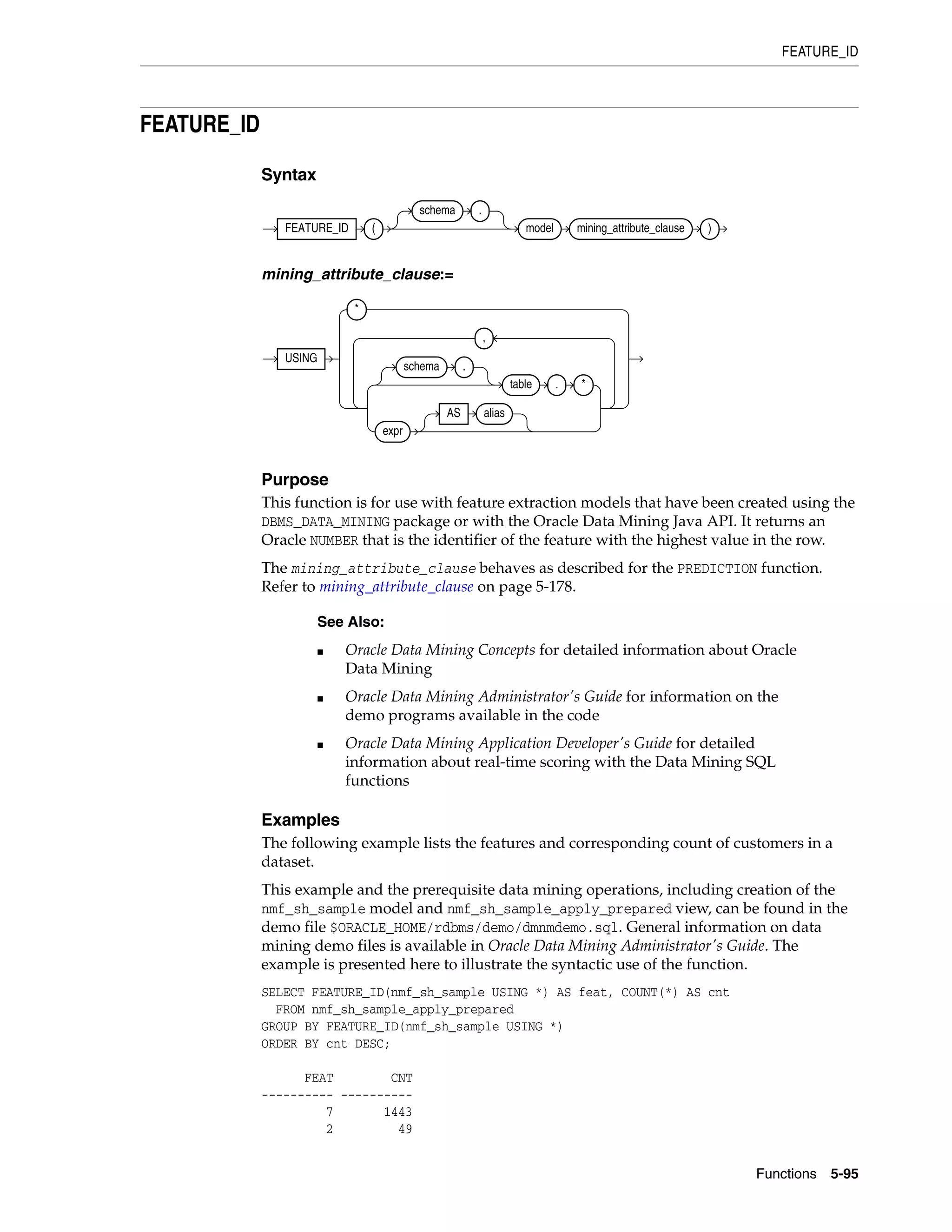 FEATURE_ID
Functions 5-95
FEATURE_ID
Syntax
mining_attribute_clause:=
Purpose
This function is for use with feature extraction models that have been created using the
DBMS_DATA_MINING package or with the Oracle Data Mining Java API. It returns an
Oracle NUMBER that is the identifier of the feature with the highest value in the row.
The mining_attribute_clause behaves as described for the PREDICTION function.
Refer to mining_attribute_clause on page 5-178.
Examples
The following example lists the features and corresponding count of customers in a
dataset.
This example and the prerequisite data mining operations, including creation of the
nmf_sh_sample model and nmf_sh_sample_apply_prepared view, can be found in the
demo file $ORACLE_HOME/rdbms/demo/dmnmdemo.sql. General information on data
mining demo files is available in Oracle Data Mining Administrator's Guide. The
example is presented here to illustrate the syntactic use of the function.
SELECT FEATURE_ID(nmf_sh_sample USING *) AS feat, COUNT(*) AS cnt
FROM nmf_sh_sample_apply_prepared
GROUP BY FEATURE_ID(nmf_sh_sample USING *)
ORDER BY cnt DESC;
FEAT CNT
---------- ----------
7 1443
2 49
See Also:
■ Oracle Data Mining Concepts for detailed information about Oracle
Data Mining
■ Oracle Data Mining Administrator's Guide for information on the
demo programs available in the code
■ Oracle Data Mining Application Developer's Guide for detailed
information about real-time scoring with the Data Mining SQL
functions
FEATURE_ID (
schema .
model mining_attribute_clause )
USING
*
schema .
table . *
expr
AS alias
,
 