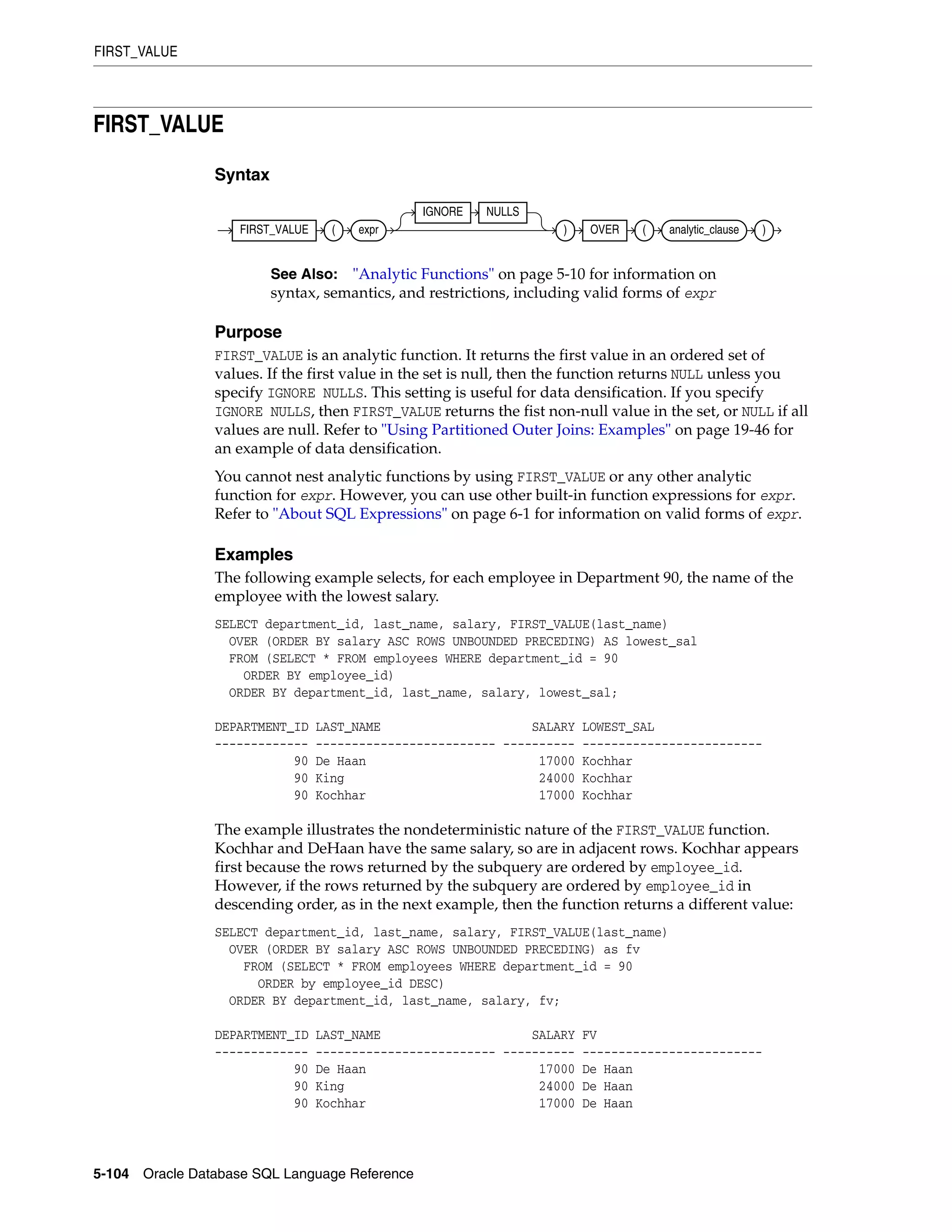 FIRST_VALUE
5-104 Oracle Database SQL Language Reference
FIRST_VALUE
Syntax
Purpose
FIRST_VALUE is an analytic function. It returns the first value in an ordered set of
values. If the first value in the set is null, then the function returns NULL unless you
specify IGNORE NULLS. This setting is useful for data densification. If you specify
IGNORE NULLS, then FIRST_VALUE returns the fist non-null value in the set, or NULL if all
values are null. Refer to "Using Partitioned Outer Joins: Examples" on page 19-46 for
an example of data densification.
You cannot nest analytic functions by using FIRST_VALUE or any other analytic
function for expr. However, you can use other built-in function expressions for expr.
Refer to "About SQL Expressions" on page 6-1 for information on valid forms of expr.
Examples
The following example selects, for each employee in Department 90, the name of the
employee with the lowest salary.
SELECT department_id, last_name, salary, FIRST_VALUE(last_name)
OVER (ORDER BY salary ASC ROWS UNBOUNDED PRECEDING) AS lowest_sal
FROM (SELECT * FROM employees WHERE department_id = 90
ORDER BY employee_id)
ORDER BY department_id, last_name, salary, lowest_sal;
DEPARTMENT_ID LAST_NAME SALARY LOWEST_SAL
------------- ------------------------- ---------- -------------------------
90 De Haan 17000 Kochhar
90 King 24000 Kochhar
90 Kochhar 17000 Kochhar
The example illustrates the nondeterministic nature of the FIRST_VALUE function.
Kochhar and DeHaan have the same salary, so are in adjacent rows. Kochhar appears
first because the rows returned by the subquery are ordered by employee_id.
However, if the rows returned by the subquery are ordered by employee_id in
descending order, as in the next example, then the function returns a different value:
SELECT department_id, last_name, salary, FIRST_VALUE(last_name)
OVER (ORDER BY salary ASC ROWS UNBOUNDED PRECEDING) as fv
FROM (SELECT * FROM employees WHERE department_id = 90
ORDER by employee_id DESC)
ORDER BY department_id, last_name, salary, fv;
DEPARTMENT_ID LAST_NAME SALARY FV
------------- ------------------------- ---------- -------------------------
90 De Haan 17000 De Haan
90 King 24000 De Haan
90 Kochhar 17000 De Haan
See Also: "Analytic Functions" on page 5-10 for information on
syntax, semantics, and restrictions, including valid forms of expr
FIRST_VALUE ( expr
IGNORE NULLS
) OVER ( analytic_clause )
 