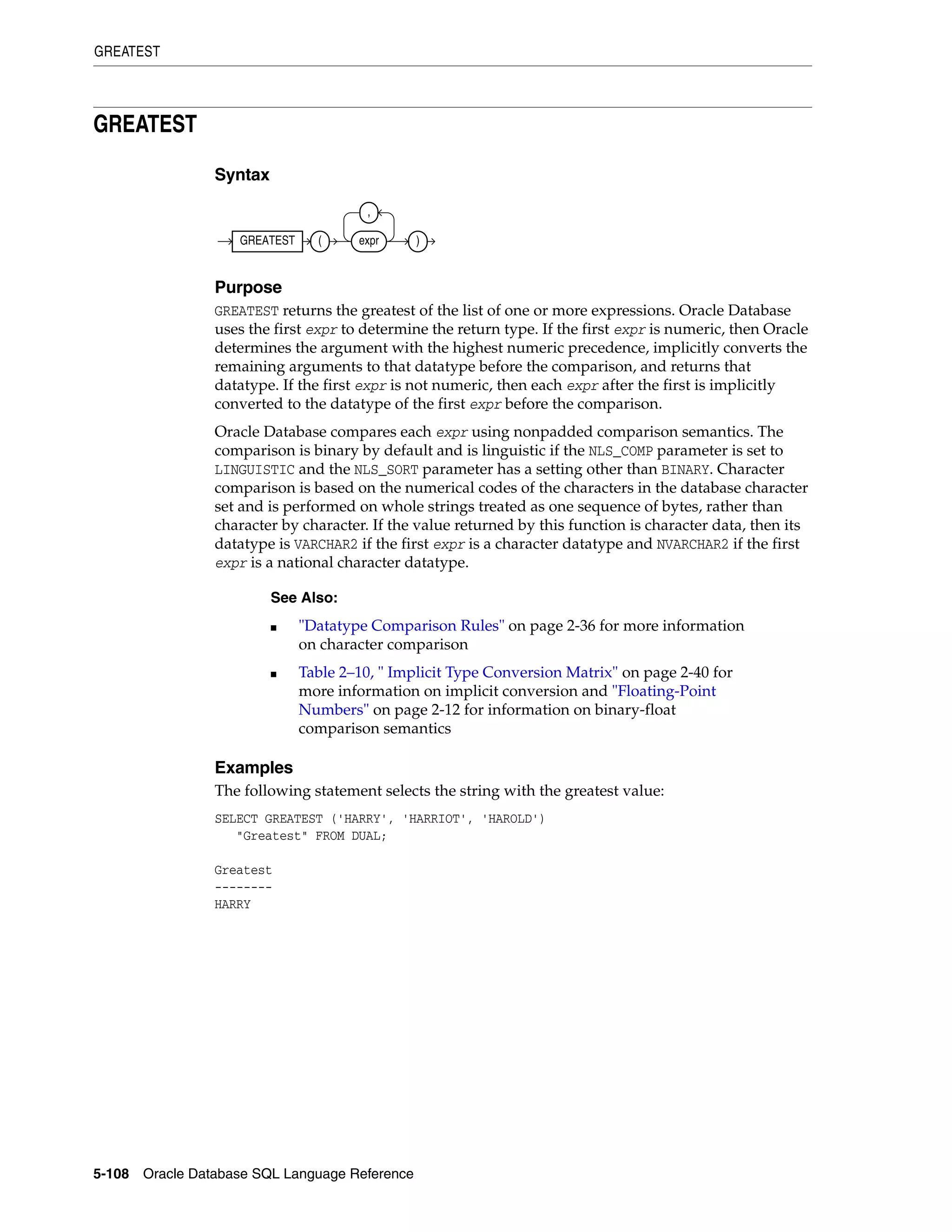 GREATEST
5-108 Oracle Database SQL Language Reference
GREATEST
Syntax
Purpose
GREATEST returns the greatest of the list of one or more expressions. Oracle Database
uses the first expr to determine the return type. If the first expr is numeric, then Oracle
determines the argument with the highest numeric precedence, implicitly converts the
remaining arguments to that datatype before the comparison, and returns that
datatype. If the first expr is not numeric, then each expr after the first is implicitly
converted to the datatype of the first expr before the comparison.
Oracle Database compares each expr using nonpadded comparison semantics. The
comparison is binary by default and is linguistic if the NLS_COMP parameter is set to
LINGUISTIC and the NLS_SORT parameter has a setting other than BINARY. Character
comparison is based on the numerical codes of the characters in the database character
set and is performed on whole strings treated as one sequence of bytes, rather than
character by character. If the value returned by this function is character data, then its
datatype is VARCHAR2 if the first expr is a character datatype and NVARCHAR2 if the first
expr is a national character datatype.
Examples
The following statement selects the string with the greatest value:
SELECT GREATEST ('HARRY', 'HARRIOT', 'HAROLD')
"Greatest" FROM DUAL;
Greatest
--------
HARRY
See Also:
■ "Datatype Comparison Rules" on page 2-36 for more information
on character comparison
■ Table 2–10, " Implicit Type Conversion Matrix" on page 2-40 for
more information on implicit conversion and "Floating-Point
Numbers" on page 2-12 for information on binary-float
comparison semantics
GREATEST ( expr
,
)
 