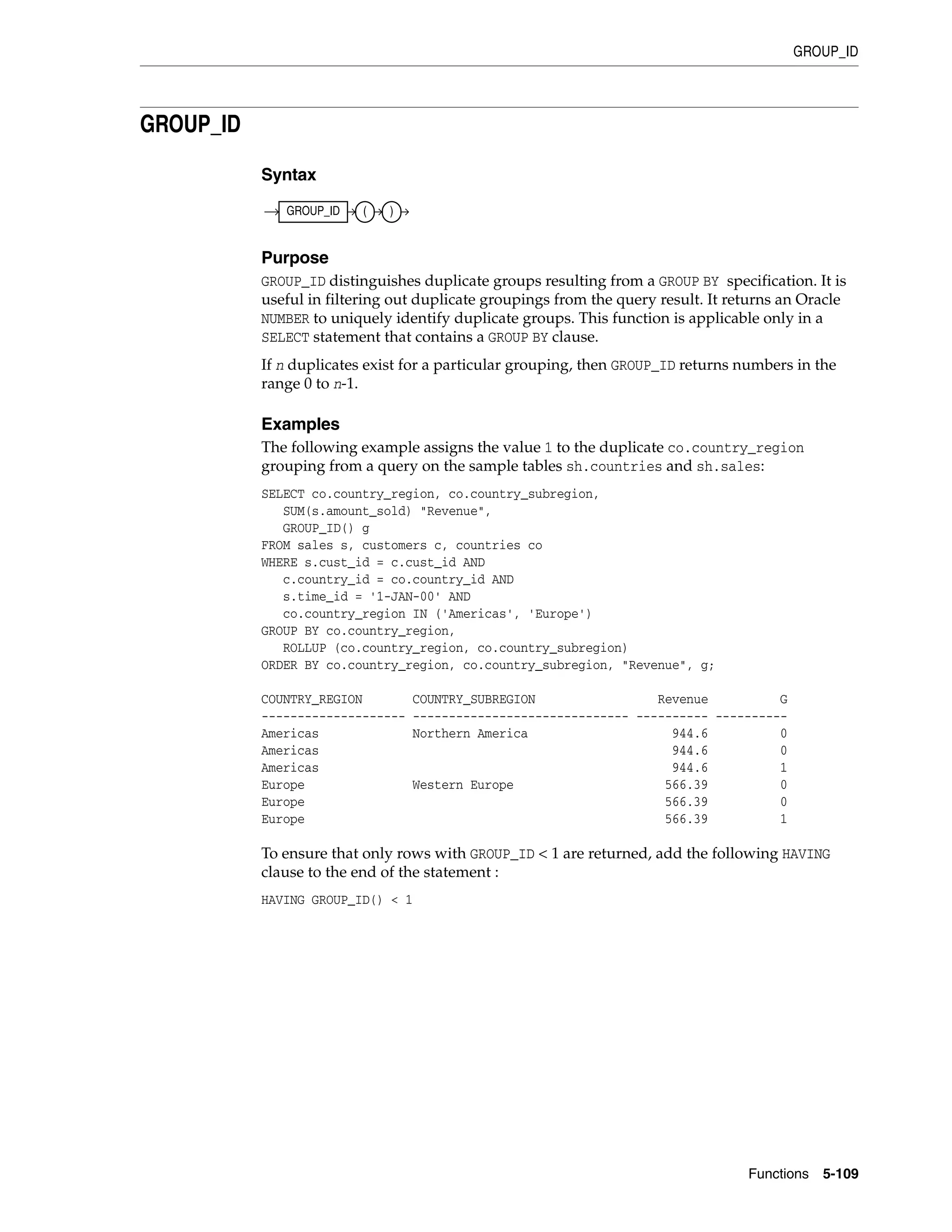 GROUP_ID
Functions 5-109
GROUP_ID
Syntax
Purpose
GROUP_ID distinguishes duplicate groups resulting from a GROUP BY specification. It is
useful in filtering out duplicate groupings from the query result. It returns an Oracle
NUMBER to uniquely identify duplicate groups. This function is applicable only in a
SELECT statement that contains a GROUP BY clause.
If n duplicates exist for a particular grouping, then GROUP_ID returns numbers in the
range 0 to n-1.
Examples
The following example assigns the value 1 to the duplicate co.country_region
grouping from a query on the sample tables sh.countries and sh.sales:
SELECT co.country_region, co.country_subregion,
SUM(s.amount_sold) "Revenue",
GROUP_ID() g
FROM sales s, customers c, countries co
WHERE s.cust_id = c.cust_id AND
c.country_id = co.country_id AND
s.time_id = '1-JAN-00' AND
co.country_region IN ('Americas', 'Europe')
GROUP BY co.country_region,
ROLLUP (co.country_region, co.country_subregion)
ORDER BY co.country_region, co.country_subregion, "Revenue", g;
COUNTRY_REGION COUNTRY_SUBREGION Revenue G
-------------------- ------------------------------ ---------- ----------
Americas Northern America 944.6 0
Americas 944.6 0
Americas 944.6 1
Europe Western Europe 566.39 0
Europe 566.39 0
Europe 566.39 1
To ensure that only rows with GROUP_ID < 1 are returned, add the following HAVING
clause to the end of the statement :
HAVING GROUP_ID() < 1
GROUP_ID ( )
 