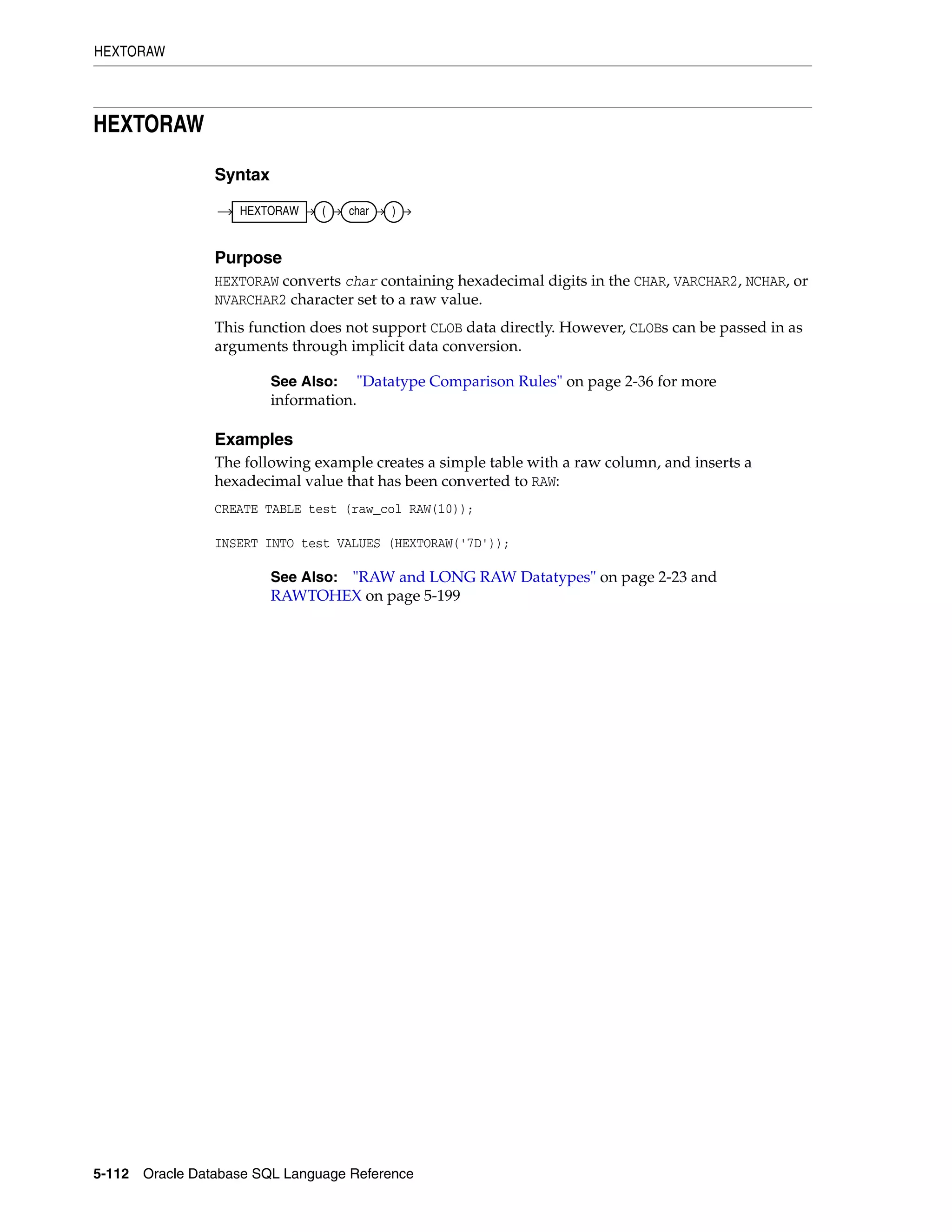 HEXTORAW
5-112 Oracle Database SQL Language Reference
HEXTORAW
Syntax
Purpose
HEXTORAW converts char containing hexadecimal digits in the CHAR, VARCHAR2, NCHAR, or
NVARCHAR2 character set to a raw value.
This function does not support CLOB data directly. However, CLOBs can be passed in as
arguments through implicit data conversion.
Examples
The following example creates a simple table with a raw column, and inserts a
hexadecimal value that has been converted to RAW:
CREATE TABLE test (raw_col RAW(10));
INSERT INTO test VALUES (HEXTORAW('7D'));
See Also: "Datatype Comparison Rules" on page 2-36 for more
information.
See Also: "RAW and LONG RAW Datatypes" on page 2-23 and
RAWTOHEX on page 5-199
HEXTORAW ( char )
 