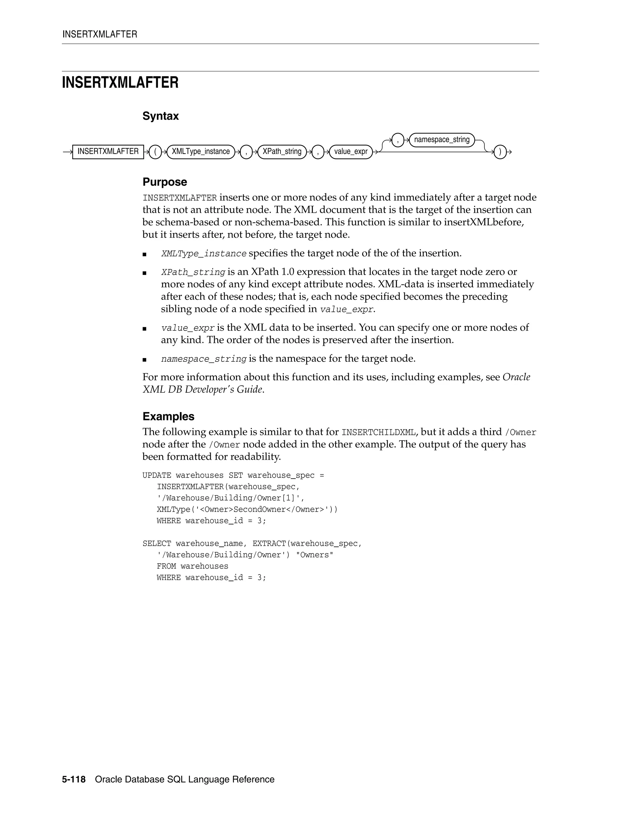 INSERTXMLAFTER
5-118 Oracle Database SQL Language Reference
INSERTXMLAFTER
Syntax
Purpose
INSERTXMLAFTER inserts one or more nodes of any kind immediately after a target node
that is not an attribute node. The XML document that is the target of the insertion can
be schema-based or non-schema-based. This function is similar to insertXMLbefore,
but it inserts after, not before, the target node.
■ XMLType_instance specifies the target node of the of the insertion.
■ XPath_string is an XPath 1.0 expression that locates in the target node zero or
more nodes of any kind except attribute nodes. XML-data is inserted immediately
after each of these nodes; that is, each node specified becomes the preceding
sibling node of a node specified in value_expr.
■ value_expr is the XML data to be inserted. You can specify one or more nodes of
any kind. The order of the nodes is preserved after the insertion.
■ namespace_string is the namespace for the target node.
For more information about this function and its uses, including examples, see Oracle
XML DB Developer's Guide.
Examples
The following example is similar to that for INSERTCHILDXML, but it adds a third /Owner
node after the /Owner node added in the other example. The output of the query has
been formatted for readability.
UPDATE warehouses SET warehouse_spec =
INSERTXMLAFTER(warehouse_spec,
'/Warehouse/Building/Owner[1]',
XMLType('<Owner>SecondOwner</Owner>'))
WHERE warehouse_id = 3;
SELECT warehouse_name, EXTRACT(warehouse_spec,
'/Warehouse/Building/Owner') "Owners"
FROM warehouses
WHERE warehouse_id = 3;
INSERTXMLAFTER ( XMLType_instance , XPath_string , value_expr
, namespace_string
)
 