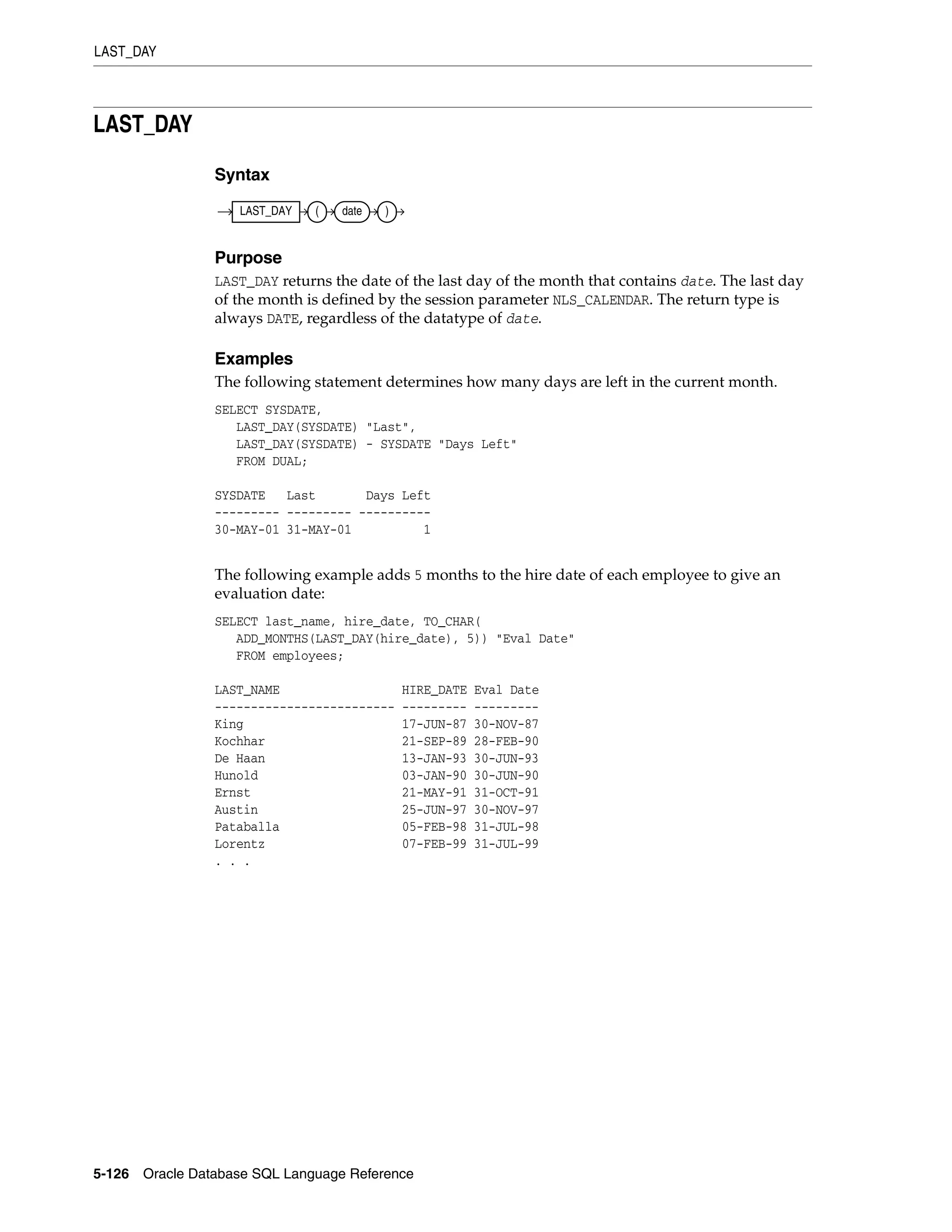 LAST_DAY
5-126 Oracle Database SQL Language Reference
LAST_DAY
Syntax
Purpose
LAST_DAY returns the date of the last day of the month that contains date. The last day
of the month is defined by the session parameter NLS_CALENDAR. The return type is
always DATE, regardless of the datatype of date.
Examples
The following statement determines how many days are left in the current month.
SELECT SYSDATE,
LAST_DAY(SYSDATE) "Last",
LAST_DAY(SYSDATE) - SYSDATE "Days Left"
FROM DUAL;
SYSDATE Last Days Left
--------- --------- ----------
30-MAY-01 31-MAY-01 1
The following example adds 5 months to the hire date of each employee to give an
evaluation date:
SELECT last_name, hire_date, TO_CHAR(
ADD_MONTHS(LAST_DAY(hire_date), 5)) "Eval Date"
FROM employees;
LAST_NAME HIRE_DATE Eval Date
------------------------- --------- ---------
King 17-JUN-87 30-NOV-87
Kochhar 21-SEP-89 28-FEB-90
De Haan 13-JAN-93 30-JUN-93
Hunold 03-JAN-90 30-JUN-90
Ernst 21-MAY-91 31-OCT-91
Austin 25-JUN-97 30-NOV-97
Pataballa 05-FEB-98 31-JUL-98
Lorentz 07-FEB-99 31-JUL-99
. . .
LAST_DAY ( date )
 
