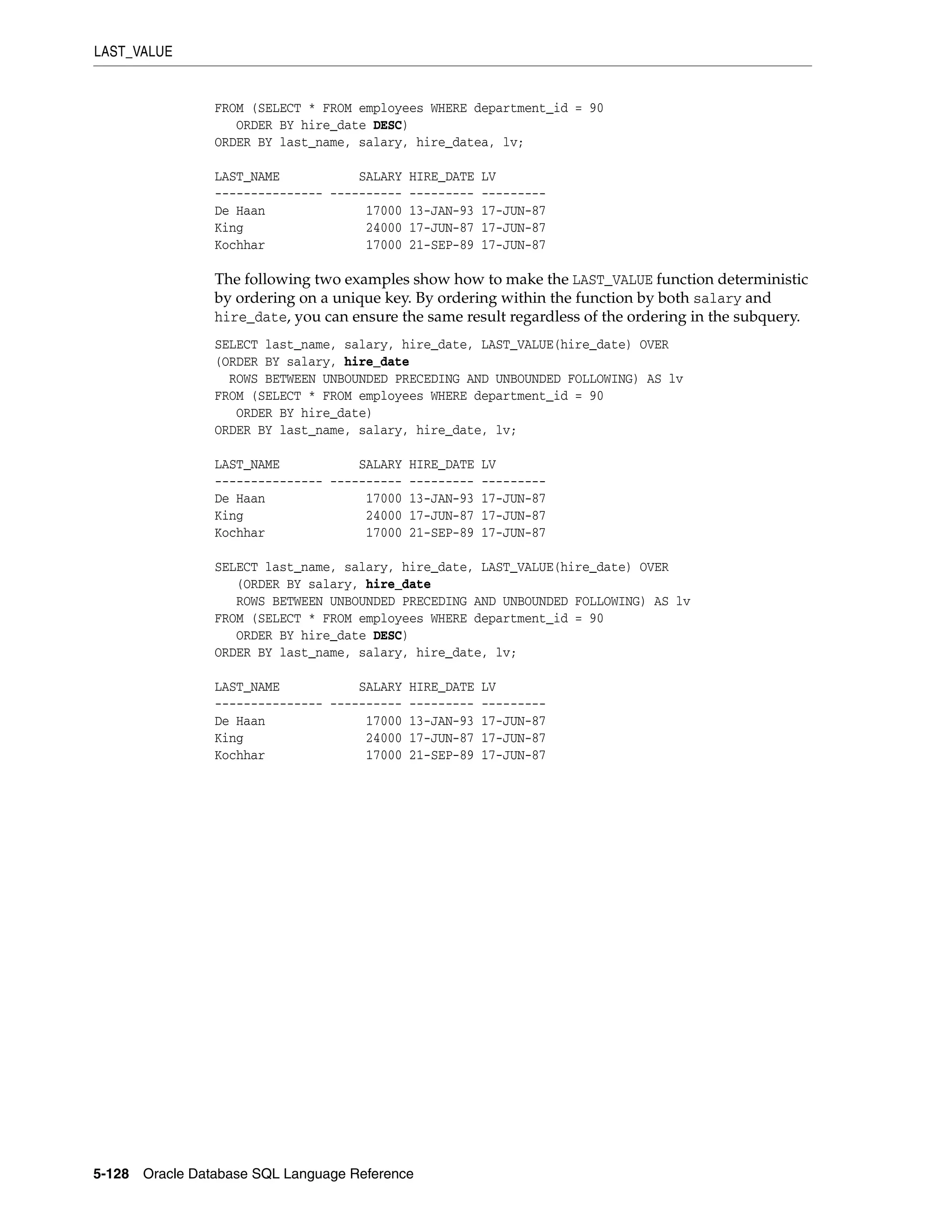 LAST_VALUE
5-128 Oracle Database SQL Language Reference
FROM (SELECT * FROM employees WHERE department_id = 90
ORDER BY hire_date DESC)
ORDER BY last_name, salary, hire_datea, lv;
LAST_NAME SALARY HIRE_DATE LV
--------------- ---------- --------- ---------
De Haan 17000 13-JAN-93 17-JUN-87
King 24000 17-JUN-87 17-JUN-87
Kochhar 17000 21-SEP-89 17-JUN-87
The following two examples show how to make the LAST_VALUE function deterministic
by ordering on a unique key. By ordering within the function by both salary and
hire_date, you can ensure the same result regardless of the ordering in the subquery.
SELECT last_name, salary, hire_date, LAST_VALUE(hire_date) OVER
(ORDER BY salary, hire_date
ROWS BETWEEN UNBOUNDED PRECEDING AND UNBOUNDED FOLLOWING) AS lv
FROM (SELECT * FROM employees WHERE department_id = 90
ORDER BY hire_date)
ORDER BY last_name, salary, hire_date, lv;
LAST_NAME SALARY HIRE_DATE LV
--------------- ---------- --------- ---------
De Haan 17000 13-JAN-93 17-JUN-87
King 24000 17-JUN-87 17-JUN-87
Kochhar 17000 21-SEP-89 17-JUN-87
SELECT last_name, salary, hire_date, LAST_VALUE(hire_date) OVER
(ORDER BY salary, hire_date
ROWS BETWEEN UNBOUNDED PRECEDING AND UNBOUNDED FOLLOWING) AS lv
FROM (SELECT * FROM employees WHERE department_id = 90
ORDER BY hire_date DESC)
ORDER BY last_name, salary, hire_date, lv;
LAST_NAME SALARY HIRE_DATE LV
--------------- ---------- --------- ---------
De Haan 17000 13-JAN-93 17-JUN-87
King 24000 17-JUN-87 17-JUN-87
Kochhar 17000 21-SEP-89 17-JUN-87
 