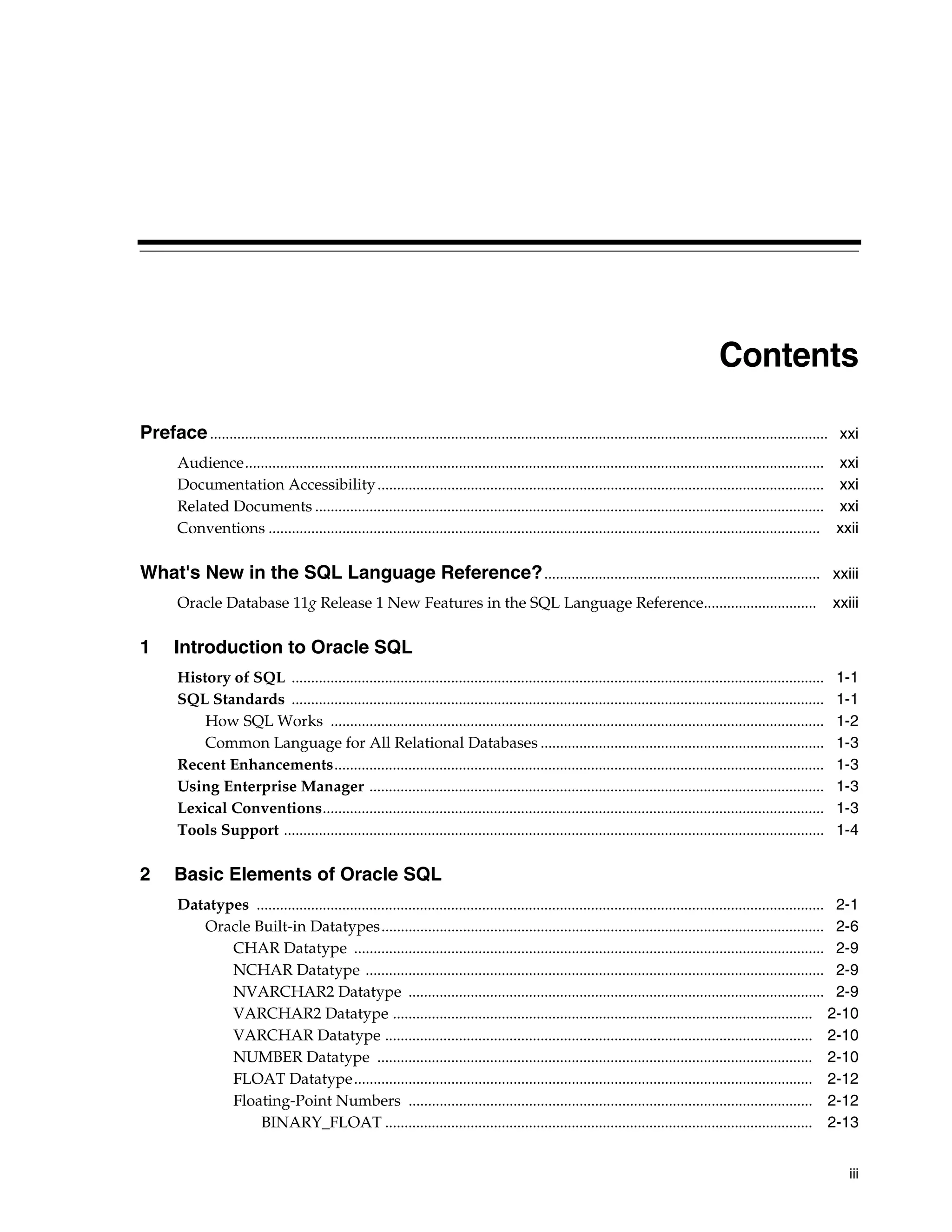 iii
Contents
Preface............................................................................................................................................................... xxi
Audience..................................................................................................................................................... xxi
Documentation Accessibility................................................................................................................... xxi
Related Documents ................................................................................................................................... xxi
Conventions .............................................................................................................................................. xxii
What's New in the SQL Language Reference?....................................................................... xxiii
Oracle Database 11g Release 1 New Features in the SQL Language Reference............................. xxiii
1 Introduction to Oracle SQL
History of SQL ......................................................................................................................................... 1-1
SQL Standards ......................................................................................................................................... 1-1
How SQL Works ............................................................................................................................... 1-2
Common Language for All Relational Databases ......................................................................... 1-3
Recent Enhancements.............................................................................................................................. 1-3
Using Enterprise Manager ..................................................................................................................... 1-3
Lexical Conventions................................................................................................................................. 1-3
Tools Support ........................................................................................................................................... 1-4
2 Basic Elements of Oracle SQL
Datatypes .................................................................................................................................................. 2-1
Oracle Built-in Datatypes.................................................................................................................. 2-6
CHAR Datatype ......................................................................................................................... 2-9
NCHAR Datatype ...................................................................................................................... 2-9
NVARCHAR2 Datatype ........................................................................................................... 2-9
VARCHAR2 Datatype ............................................................................................................ 2-10
VARCHAR Datatype .............................................................................................................. 2-10
NUMBER Datatype ................................................................................................................ 2-10
FLOAT Datatype...................................................................................................................... 2-12
Floating-Point Numbers ........................................................................................................ 2-12
BINARY_FLOAT .............................................................................................................. 2-13
 