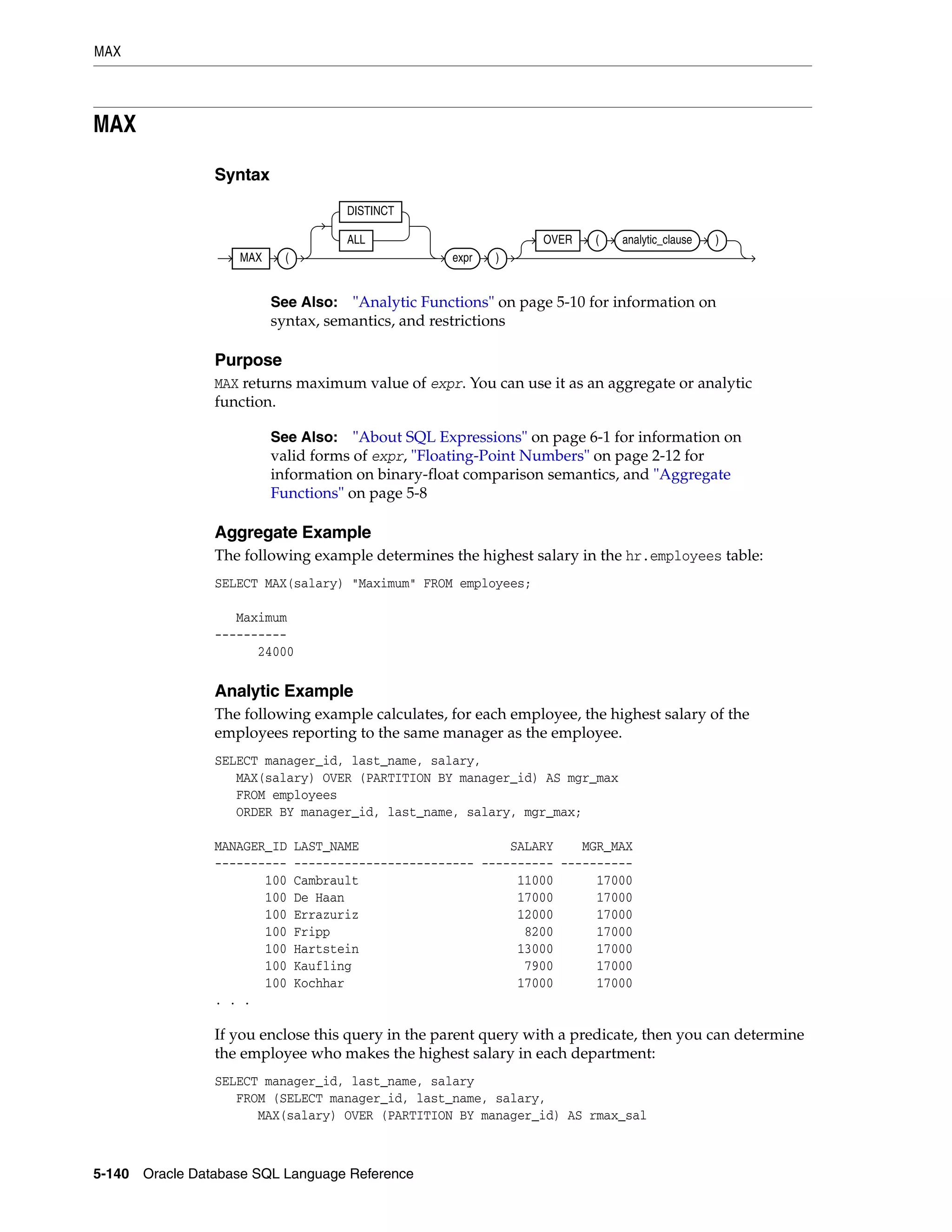 MAX
5-140 Oracle Database SQL Language Reference
MAX
Syntax
Purpose
MAX returns maximum value of expr. You can use it as an aggregate or analytic
function.
Aggregate Example
The following example determines the highest salary in the hr.employees table:
SELECT MAX(salary) "Maximum" FROM employees;
Maximum
----------
24000
Analytic Example
The following example calculates, for each employee, the highest salary of the
employees reporting to the same manager as the employee.
SELECT manager_id, last_name, salary,
MAX(salary) OVER (PARTITION BY manager_id) AS mgr_max
FROM employees
ORDER BY manager_id, last_name, salary, mgr_max;
MANAGER_ID LAST_NAME SALARY MGR_MAX
---------- ------------------------- ---------- ----------
100 Cambrault 11000 17000
100 De Haan 17000 17000
100 Errazuriz 12000 17000
100 Fripp 8200 17000
100 Hartstein 13000 17000
100 Kaufling 7900 17000
100 Kochhar 17000 17000
. . .
If you enclose this query in the parent query with a predicate, then you can determine
the employee who makes the highest salary in each department:
SELECT manager_id, last_name, salary
FROM (SELECT manager_id, last_name, salary,
MAX(salary) OVER (PARTITION BY manager_id) AS rmax_sal
See Also: "Analytic Functions" on page 5-10 for information on
syntax, semantics, and restrictions
See Also: "About SQL Expressions" on page 6-1 for information on
valid forms of expr, "Floating-Point Numbers" on page 2-12 for
information on binary-float comparison semantics, and "Aggregate
Functions" on page 5-8
MAX (
DISTINCT
ALL
expr )
OVER ( analytic_clause )
 
