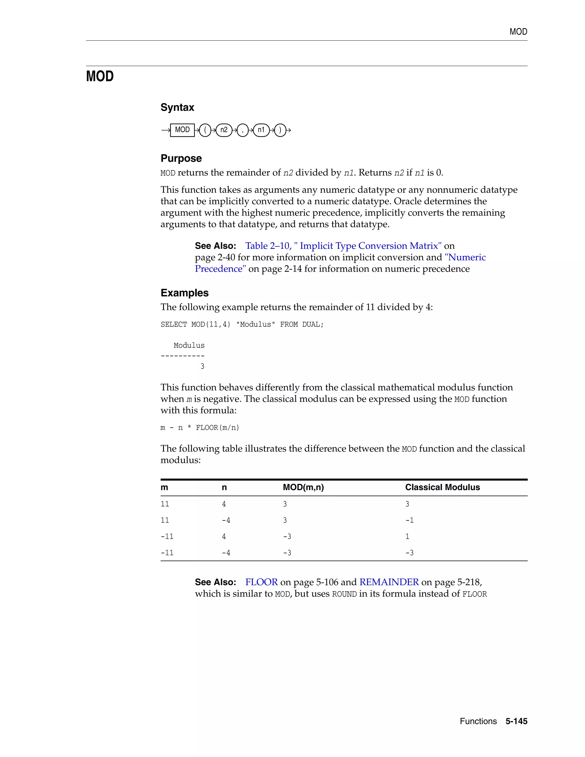 MOD
Functions 5-145
MOD
Syntax
Purpose
MOD returns the remainder of n2 divided by n1. Returns n2 if n1 is 0.
This function takes as arguments any numeric datatype or any nonnumeric datatype
that can be implicitly converted to a numeric datatype. Oracle determines the
argument with the highest numeric precedence, implicitly converts the remaining
arguments to that datatype, and returns that datatype.
Examples
The following example returns the remainder of 11 divided by 4:
SELECT MOD(11,4) "Modulus" FROM DUAL;
Modulus
----------
3
This function behaves differently from the classical mathematical modulus function
when m is negative. The classical modulus can be expressed using the MOD function
with this formula:
m - n * FLOOR(m/n)
The following table illustrates the difference between the MOD function and the classical
modulus:
See Also: Table 2–10, " Implicit Type Conversion Matrix" on
page 2-40 for more information on implicit conversion and "Numeric
Precedence" on page 2-14 for information on numeric precedence
m n MOD(m,n) Classical Modulus
11 4 3 3
11 -4 3 -1
-11 4 -3 1
-11 -4 -3 -3
See Also: FLOOR on page 5-106 and REMAINDER on page 5-218,
which is similar to MOD, but uses ROUND in its formula instead of FLOOR
MOD ( n2 , n1 )
 