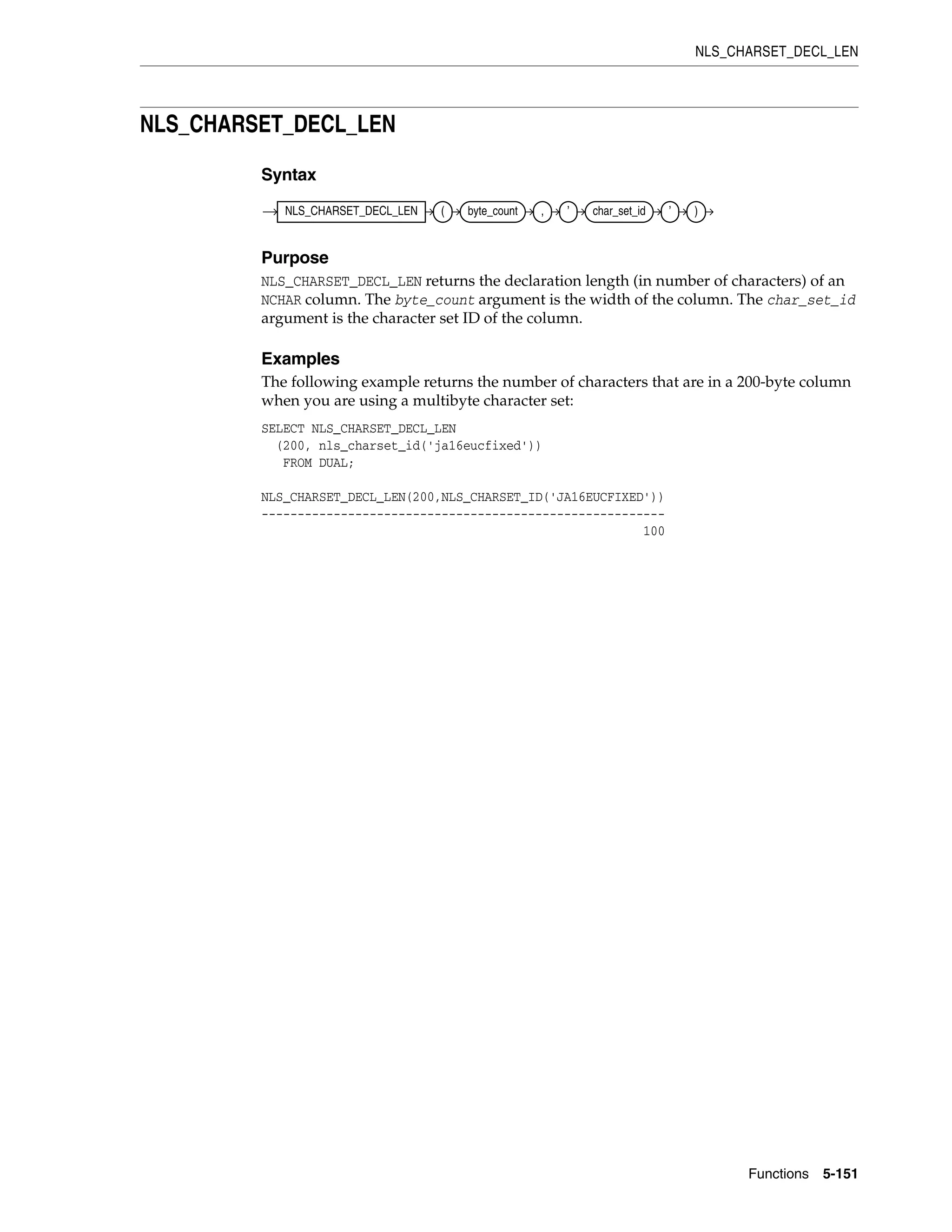 NLS_CHARSET_DECL_LEN
Functions 5-151
NLS_CHARSET_DECL_LEN
Syntax
Purpose
NLS_CHARSET_DECL_LEN returns the declaration length (in number of characters) of an
NCHAR column. The byte_count argument is the width of the column. The char_set_id
argument is the character set ID of the column.
Examples
The following example returns the number of characters that are in a 200-byte column
when you are using a multibyte character set:
SELECT NLS_CHARSET_DECL_LEN
(200, nls_charset_id('ja16eucfixed'))
FROM DUAL;
NLS_CHARSET_DECL_LEN(200,NLS_CHARSET_ID('JA16EUCFIXED'))
--------------------------------------------------------
100
NLS_CHARSET_DECL_LEN ( byte_count , ’ char_set_id ’ )
 