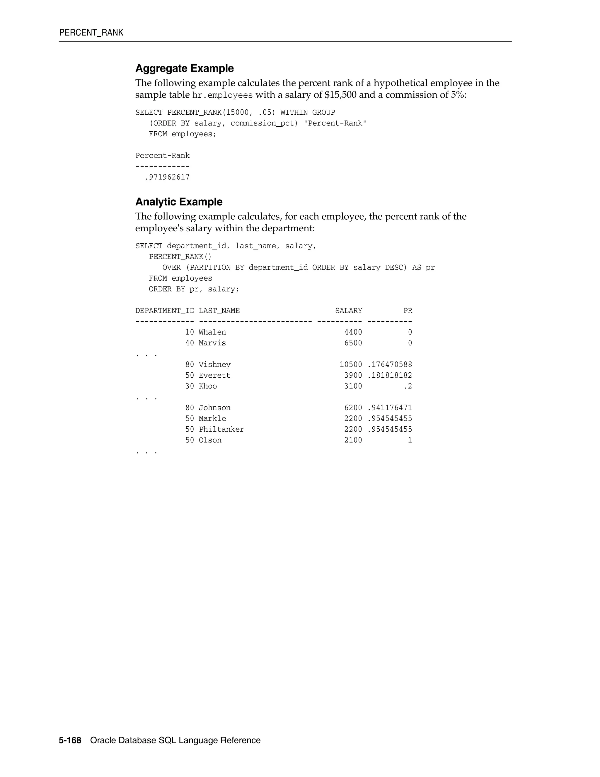 PERCENT_RANK
5-168 Oracle Database SQL Language Reference
Aggregate Example
The following example calculates the percent rank of a hypothetical employee in the
sample table hr.employees with a salary of $15,500 and a commission of 5%:
SELECT PERCENT_RANK(15000, .05) WITHIN GROUP
(ORDER BY salary, commission_pct) "Percent-Rank"
FROM employees;
Percent-Rank
------------
.971962617
Analytic Example
The following example calculates, for each employee, the percent rank of the
employee's salary within the department:
SELECT department_id, last_name, salary,
PERCENT_RANK()
OVER (PARTITION BY department_id ORDER BY salary DESC) AS pr
FROM employees
ORDER BY pr, salary;
DEPARTMENT_ID LAST_NAME SALARY PR
------------- ------------------------- ---------- ----------
10 Whalen 4400 0
40 Marvis 6500 0
. . .
80 Vishney 10500 .176470588
50 Everett 3900 .181818182
30 Khoo 3100 .2
. . .
80 Johnson 6200 .941176471
50 Markle 2200 .954545455
50 Philtanker 2200 .954545455
50 Olson 2100 1
. . .
 