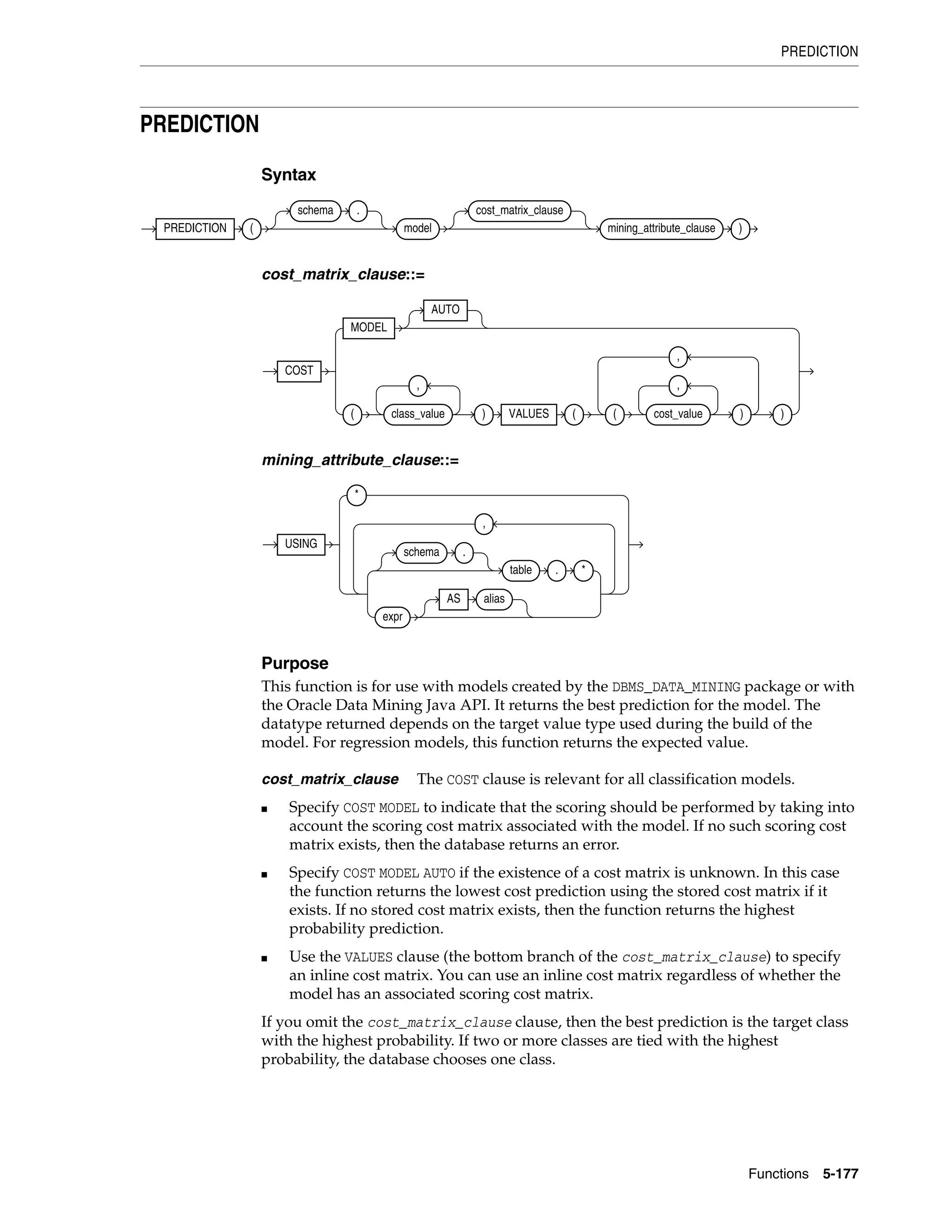 PREDICTION
Functions 5-177
PREDICTION
Syntax
cost_matrix_clause::=
mining_attribute_clause::=
Purpose
This function is for use with models created by the DBMS_DATA_MINING package or with
the Oracle Data Mining Java API. It returns the best prediction for the model. The
datatype returned depends on the target value type used during the build of the
model. For regression models, this function returns the expected value.
cost_matrix_clause The COST clause is relevant for all classification models.
■ Specify COST MODEL to indicate that the scoring should be performed by taking into
account the scoring cost matrix associated with the model. If no such scoring cost
matrix exists, then the database returns an error.
■ Specify COST MODEL AUTO if the existence of a cost matrix is unknown. In this case
the function returns the lowest cost prediction using the stored cost matrix if it
exists. If no stored cost matrix exists, then the function returns the highest
probability prediction.
■ Use the VALUES clause (the bottom branch of the cost_matrix_clause) to specify
an inline cost matrix. You can use an inline cost matrix regardless of whether the
model has an associated scoring cost matrix.
If you omit the cost_matrix_clause clause, then the best prediction is the target class
with the highest probability. If two or more classes are tied with the highest
probability, the database chooses one class.
PREDICTION (
schema .
model
cost_matrix_clause
mining_attribute_clause )
COST
MODEL
AUTO
( class_value
,
) VALUES ( ( cost_value
,
)
,
)
USING
*
schema .
table . *
expr
AS alias
,
 