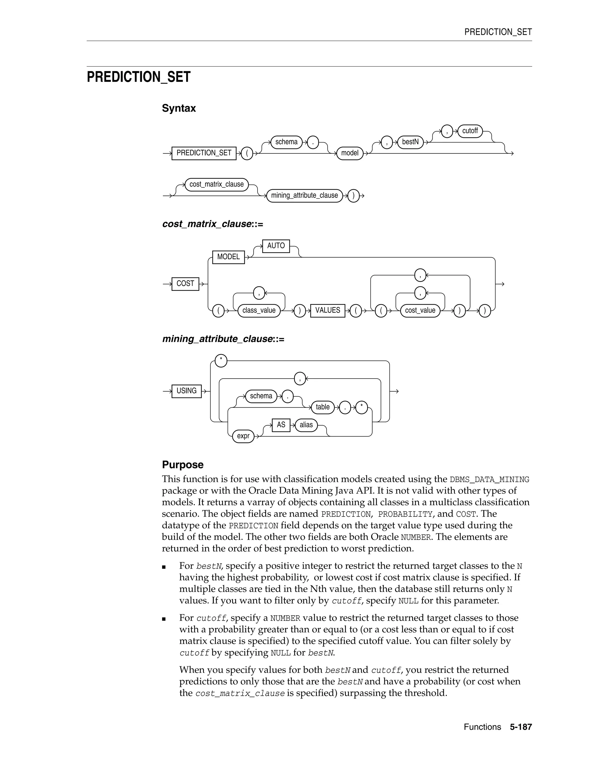 PREDICTION_SET
Functions 5-187
PREDICTION_SET
Syntax
cost_matrix_clause::=
mining_attribute_clause::=
Purpose
This function is for use with classification models created using the DBMS_DATA_MINING
package or with the Oracle Data Mining Java API. It is not valid with other types of
models. It returns a varray of objects containing all classes in a multiclass classification
scenario. The object fields are named PREDICTION, PROBABILITY, and COST. The
datatype of the PREDICTION field depends on the target value type used during the
build of the model. The other two fields are both Oracle NUMBER. The elements are
returned in the order of best prediction to worst prediction.
■ For bestN, specify a positive integer to restrict the returned target classes to the N
having the highest probability, or lowest cost if cost matrix clause is specified. If
multiple classes are tied in the Nth value, then the database still returns only N
values. If you want to filter only by cutoff, specify NULL for this parameter.
■ For cutoff, specify a NUMBER value to restrict the returned target classes to those
with a probability greater than or equal to (or a cost less than or equal to if cost
matrix clause is specified) to the specified cutoff value. You can filter solely by
cutoff by specifying NULL for bestN.
When you specify values for both bestN and cutoff, you restrict the returned
predictions to only those that are the bestN and have a probability (or cost when
the cost_matrix_clause is specified) surpassing the threshold.
PREDICTION_SET (
schema .
model
, bestN
, cutoff
cost_matrix_clause
mining_attribute_clause )
COST
MODEL
AUTO
( class_value
,
) VALUES ( ( cost_value
,
)
,
)
USING
*
schema .
table . *
expr
AS alias
,
 