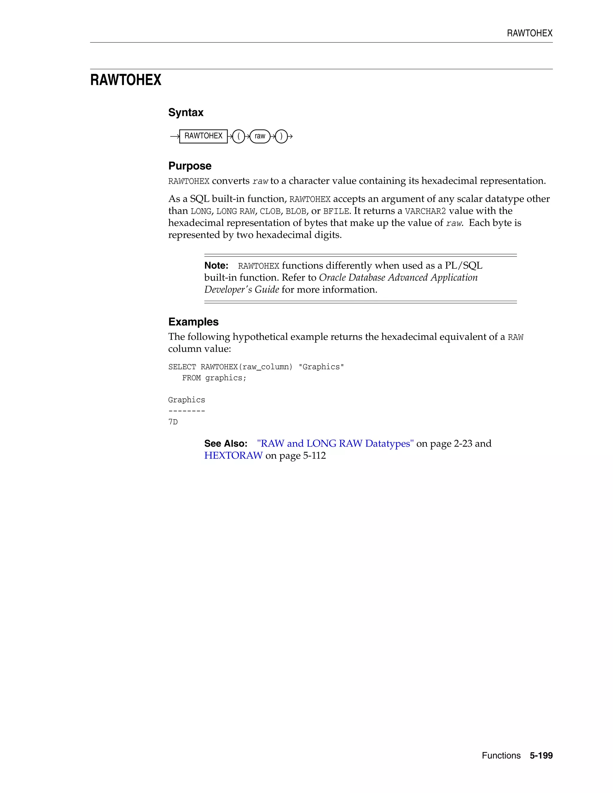 RAWTOHEX
Functions 5-199
RAWTOHEX
Syntax
Purpose
RAWTOHEX converts raw to a character value containing its hexadecimal representation.
As a SQL built-in function, RAWTOHEX accepts an argument of any scalar datatype other
than LONG, LONG RAW, CLOB, BLOB, or BFILE. It returns a VARCHAR2 value with the
hexadecimal representation of bytes that make up the value of raw. Each byte is
represented by two hexadecimal digits.
Examples
The following hypothetical example returns the hexadecimal equivalent of a RAW
column value:
SELECT RAWTOHEX(raw_column) "Graphics"
FROM graphics;
Graphics
--------
7D
Note: RAWTOHEX functions differently when used as a PL/SQL
built-in function. Refer to Oracle Database Advanced Application
Developer's Guide for more information.
See Also: "RAW and LONG RAW Datatypes" on page 2-23 and
HEXTORAW on page 5-112
RAWTOHEX ( raw )
 