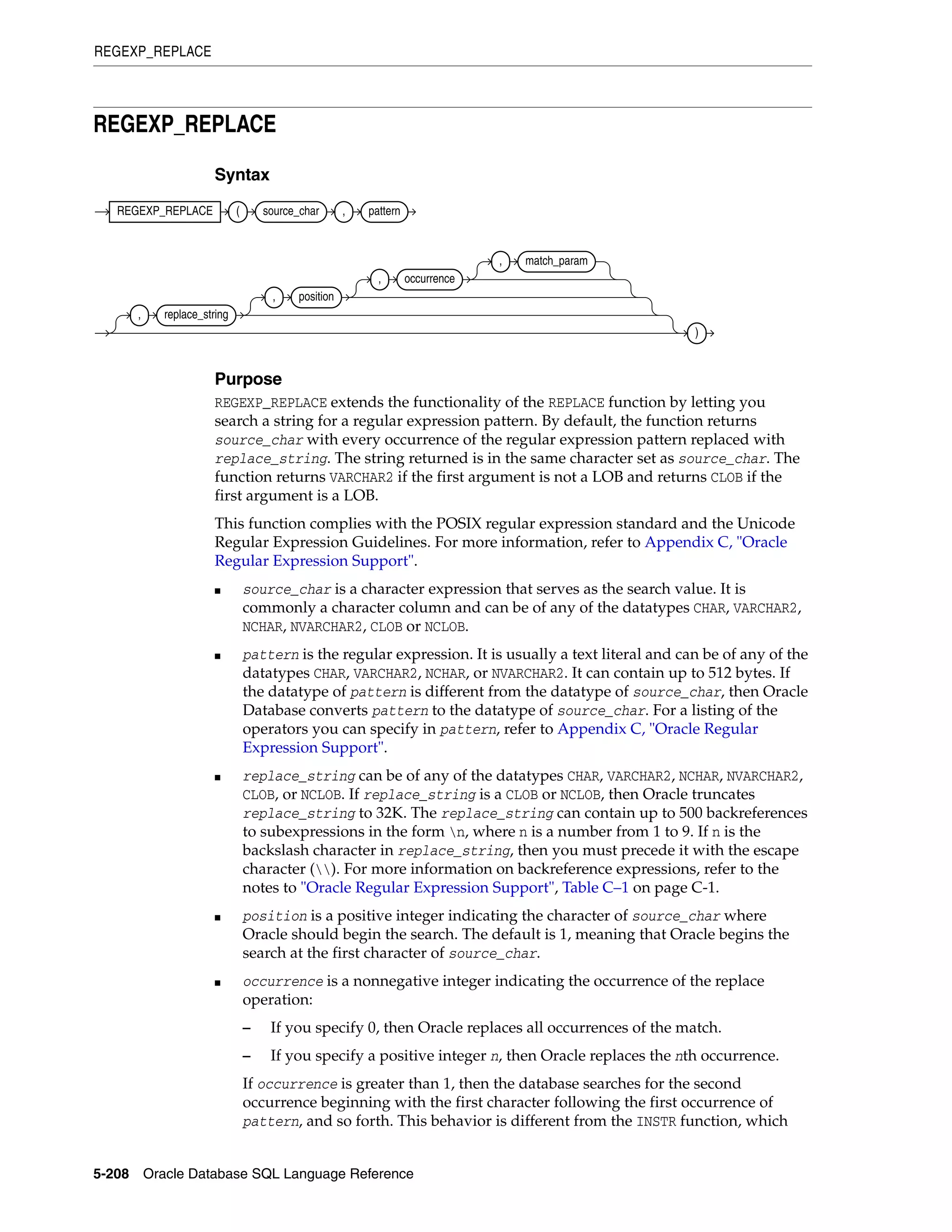 REGEXP_REPLACE
5-208 Oracle Database SQL Language Reference
REGEXP_REPLACE
Syntax
Purpose
REGEXP_REPLACE extends the functionality of the REPLACE function by letting you
search a string for a regular expression pattern. By default, the function returns
source_char with every occurrence of the regular expression pattern replaced with
replace_string. The string returned is in the same character set as source_char. The
function returns VARCHAR2 if the first argument is not a LOB and returns CLOB if the
first argument is a LOB.
This function complies with the POSIX regular expression standard and the Unicode
Regular Expression Guidelines. For more information, refer to Appendix C, "Oracle
Regular Expression Support".
■ source_char is a character expression that serves as the search value. It is
commonly a character column and can be of any of the datatypes CHAR, VARCHAR2,
NCHAR, NVARCHAR2, CLOB or NCLOB.
■ pattern is the regular expression. It is usually a text literal and can be of any of the
datatypes CHAR, VARCHAR2, NCHAR, or NVARCHAR2. It can contain up to 512 bytes. If
the datatype of pattern is different from the datatype of source_char, then Oracle
Database converts pattern to the datatype of source_char. For a listing of the
operators you can specify in pattern, refer to Appendix C, "Oracle Regular
Expression Support".
■ replace_string can be of any of the datatypes CHAR, VARCHAR2, NCHAR, NVARCHAR2,
CLOB, or NCLOB. If replace_string is a CLOB or NCLOB, then Oracle truncates
replace_string to 32K. The replace_string can contain up to 500 backreferences
to subexpressions in the form n, where n is a number from 1 to 9. If n is the
backslash character in replace_string, then you must precede it with the escape
character (). For more information on backreference expressions, refer to the
notes to "Oracle Regular Expression Support", Table C–1 on page C-1.
■ position is a positive integer indicating the character of source_char where
Oracle should begin the search. The default is 1, meaning that Oracle begins the
search at the first character of source_char.
■ occurrence is a nonnegative integer indicating the occurrence of the replace
operation:
– If you specify 0, then Oracle replaces all occurrences of the match.
– If you specify a positive integer n, then Oracle replaces the nth occurrence.
If occurrence is greater than 1, then the database searches for the second
occurrence beginning with the first character following the first occurrence of
pattern, and so forth. This behavior is different from the INSTR function, which
REGEXP_REPLACE ( source_char , pattern
, replace_string
, position
, occurrence
, match_param
)
 