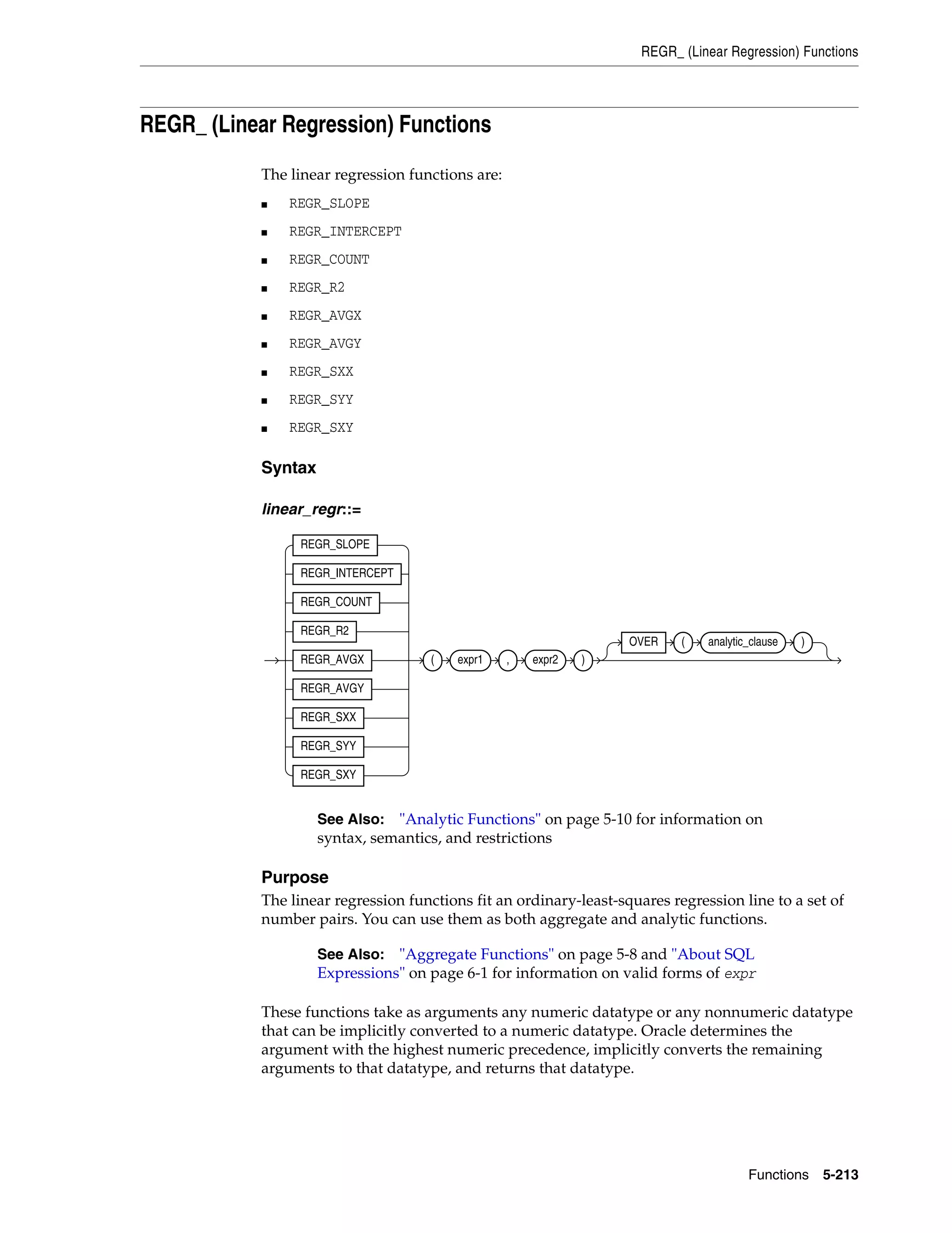 REGR_ (Linear Regression) Functions
Functions 5-213
REGR_ (Linear Regression) Functions
The linear regression functions are:
■ REGR_SLOPE
■ REGR_INTERCEPT
■ REGR_COUNT
■ REGR_R2
■ REGR_AVGX
■ REGR_AVGY
■ REGR_SXX
■ REGR_SYY
■ REGR_SXY
Syntax
linear_regr::=
Purpose
The linear regression functions fit an ordinary-least-squares regression line to a set of
number pairs. You can use them as both aggregate and analytic functions.
These functions take as arguments any numeric datatype or any nonnumeric datatype
that can be implicitly converted to a numeric datatype. Oracle determines the
argument with the highest numeric precedence, implicitly converts the remaining
arguments to that datatype, and returns that datatype.
See Also: "Analytic Functions" on page 5-10 for information on
syntax, semantics, and restrictions
See Also: "Aggregate Functions" on page 5-8 and "About SQL
Expressions" on page 6-1 for information on valid forms of expr
REGR_SLOPE
REGR_INTERCEPT
REGR_COUNT
REGR_R2
REGR_AVGX
REGR_AVGY
REGR_SXX
REGR_SYY
REGR_SXY
( expr1 , expr2 )
OVER ( analytic_clause )
 