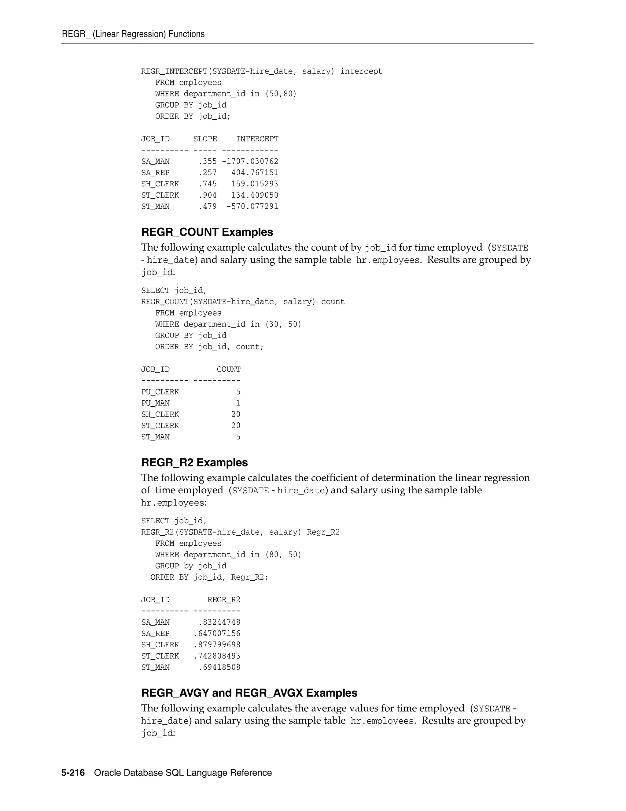 REGR_ (Linear Regression) Functions
5-216 Oracle Database SQL Language Reference
REGR_INTERCEPT(SYSDATE-hire_date, salary) intercept
FROM employees
WHERE department_id in (50,80)
GROUP BY job_id
ORDER BY job_id;
JOB_ID SLOPE INTERCEPT
---------- ----- ------------
SA_MAN .355 -1707.030762
SA_REP .257 404.767151
SH_CLERK .745 159.015293
ST_CLERK .904 134.409050
ST_MAN .479 -570.077291
REGR_COUNT Examples
The following example calculates the count of by job_id for time employed (SYSDATE
- hire_date) and salary using the sample table hr.employees. Results are grouped by
job_id.
SELECT job_id,
REGR_COUNT(SYSDATE-hire_date, salary) count
FROM employees
WHERE department_id in (30, 50)
GROUP BY job_id
ORDER BY job_id, count;
JOB_ID COUNT
---------- ----------
PU_CLERK 5
PU_MAN 1
SH_CLERK 20
ST_CLERK 20
ST_MAN 5
REGR_R2 Examples
The following example calculates the coefficient of determination the linear regression
of time employed (SYSDATE - hire_date) and salary using the sample table
hr.employees:
SELECT job_id,
REGR_R2(SYSDATE-hire_date, salary) Regr_R2
FROM employees
WHERE department_id in (80, 50)
GROUP by job_id
ORDER BY job_id, Regr_R2;
JOB_ID REGR_R2
---------- ----------
SA_MAN .83244748
SA_REP .647007156
SH_CLERK .879799698
ST_CLERK .742808493
ST_MAN .69418508
REGR_AVGY and REGR_AVGX Examples
The following example calculates the average values for time employed (SYSDATE -
hire_date) and salary using the sample table hr.employees. Results are grouped by
job_id:
 