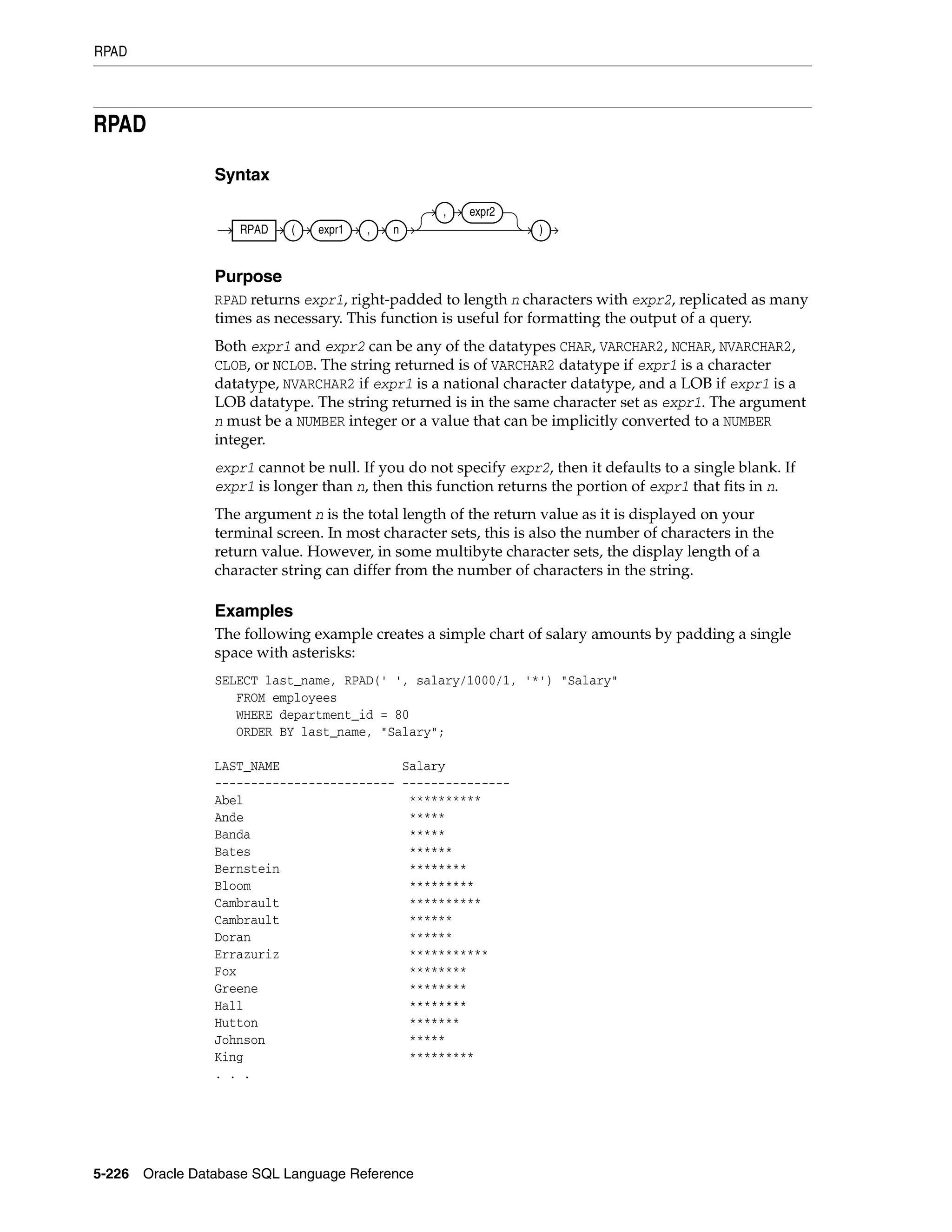 RPAD
5-226 Oracle Database SQL Language Reference
RPAD
Syntax
Purpose
RPAD returns expr1, right-padded to length n characters with expr2, replicated as many
times as necessary. This function is useful for formatting the output of a query.
Both expr1 and expr2 can be any of the datatypes CHAR, VARCHAR2, NCHAR, NVARCHAR2,
CLOB, or NCLOB. The string returned is of VARCHAR2 datatype if expr1 is a character
datatype, NVARCHAR2 if expr1 is a national character datatype, and a LOB if expr1 is a
LOB datatype. The string returned is in the same character set as expr1. The argument
n must be a NUMBER integer or a value that can be implicitly converted to a NUMBER
integer.
expr1 cannot be null. If you do not specify expr2, then it defaults to a single blank. If
expr1 is longer than n, then this function returns the portion of expr1 that fits in n.
The argument n is the total length of the return value as it is displayed on your
terminal screen. In most character sets, this is also the number of characters in the
return value. However, in some multibyte character sets, the display length of a
character string can differ from the number of characters in the string.
Examples
The following example creates a simple chart of salary amounts by padding a single
space with asterisks:
SELECT last_name, RPAD(' ', salary/1000/1, '*') "Salary"
FROM employees
WHERE department_id = 80
ORDER BY last_name, "Salary";
LAST_NAME Salary
------------------------- ---------------
Abel **********
Ande *****
Banda *****
Bates ******
Bernstein ********
Bloom *********
Cambrault **********
Cambrault ******
Doran ******
Errazuriz ***********
Fox ********
Greene ********
Hall ********
Hutton *******
Johnson *****
King *********
. . .
RPAD ( expr1 , n
, expr2
)
 
