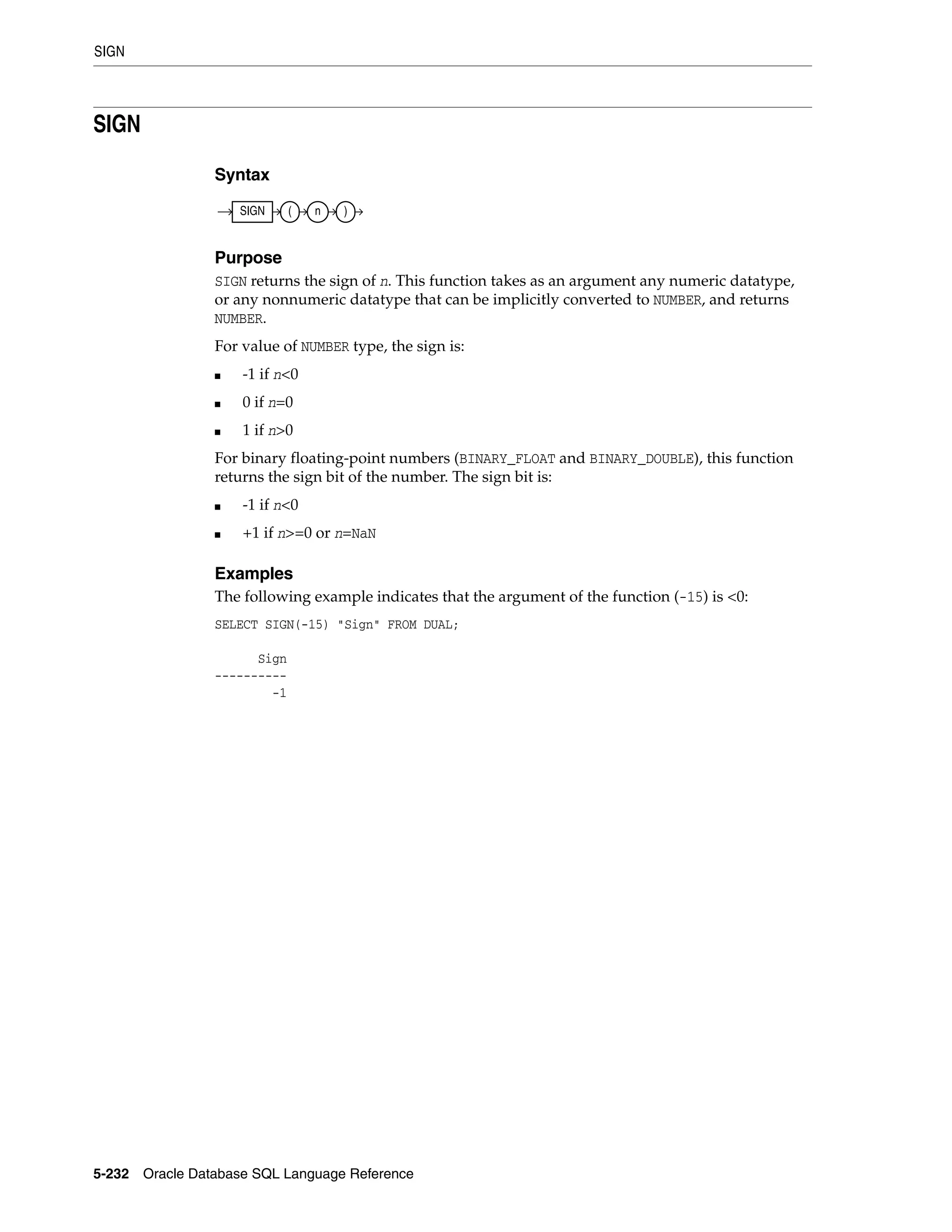 SIGN
5-232 Oracle Database SQL Language Reference
SIGN
Syntax
Purpose
SIGN returns the sign of n. This function takes as an argument any numeric datatype,
or any nonnumeric datatype that can be implicitly converted to NUMBER, and returns
NUMBER.
For value of NUMBER type, the sign is:
■ -1 if n<0
■ 0 if n=0
■ 1 if n>0
For binary floating-point numbers (BINARY_FLOAT and BINARY_DOUBLE), this function
returns the sign bit of the number. The sign bit is:
■ -1 if n<0
■ +1 if n>=0 or n=NaN
Examples
The following example indicates that the argument of the function (-15) is <0:
SELECT SIGN(-15) "Sign" FROM DUAL;
Sign
----------
-1
SIGN ( n )
 