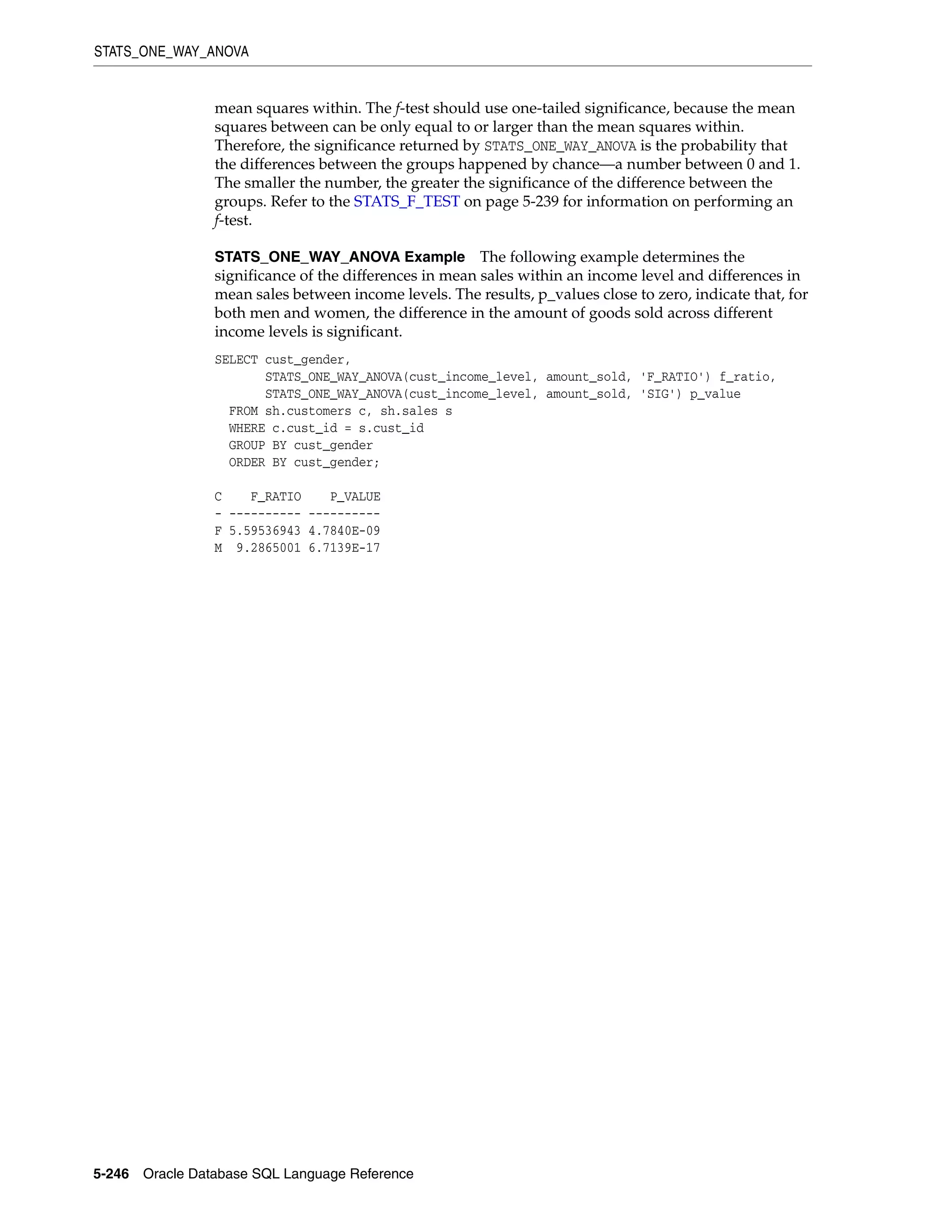 STATS_ONE_WAY_ANOVA
5-246 Oracle Database SQL Language Reference
mean squares within. The f-test should use one-tailed significance, because the mean
squares between can be only equal to or larger than the mean squares within.
Therefore, the significance returned by STATS_ONE_WAY_ANOVA is the probability that
the differences between the groups happened by chance—a number between 0 and 1.
The smaller the number, the greater the significance of the difference between the
groups. Refer to the STATS_F_TEST on page 5-239 for information on performing an
f-test.
STATS_ONE_WAY_ANOVA Example The following example determines the
significance of the differences in mean sales within an income level and differences in
mean sales between income levels. The results, p_values close to zero, indicate that, for
both men and women, the difference in the amount of goods sold across different
income levels is significant.
SELECT cust_gender,
STATS_ONE_WAY_ANOVA(cust_income_level, amount_sold, 'F_RATIO') f_ratio,
STATS_ONE_WAY_ANOVA(cust_income_level, amount_sold, 'SIG') p_value
FROM sh.customers c, sh.sales s
WHERE c.cust_id = s.cust_id
GROUP BY cust_gender
ORDER BY cust_gender;
C F_RATIO P_VALUE
- ---------- ----------
F 5.59536943 4.7840E-09
M 9.2865001 6.7139E-17
 