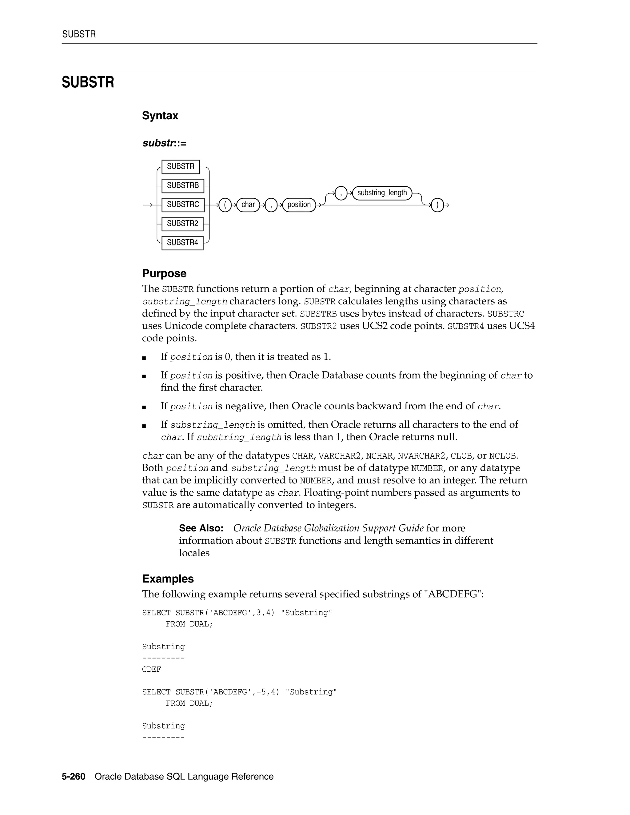 SUBSTR
5-260 Oracle Database SQL Language Reference
SUBSTR
Syntax
substr::=
Purpose
The SUBSTR functions return a portion of char, beginning at character position,
substring_length characters long. SUBSTR calculates lengths using characters as
defined by the input character set. SUBSTRB uses bytes instead of characters. SUBSTRC
uses Unicode complete characters. SUBSTR2 uses UCS2 code points. SUBSTR4 uses UCS4
code points.
■ If position is 0, then it is treated as 1.
■ If position is positive, then Oracle Database counts from the beginning of char to
find the first character.
■ If position is negative, then Oracle counts backward from the end of char.
■ If substring_length is omitted, then Oracle returns all characters to the end of
char. If substring_length is less than 1, then Oracle returns null.
char can be any of the datatypes CHAR, VARCHAR2, NCHAR, NVARCHAR2, CLOB, or NCLOB.
Both position and substring_length must be of datatype NUMBER, or any datatype
that can be implicitly converted to NUMBER, and must resolve to an integer. The return
value is the same datatype as char. Floating-point numbers passed as arguments to
SUBSTR are automatically converted to integers.
Examples
The following example returns several specified substrings of "ABCDEFG":
SELECT SUBSTR('ABCDEFG',3,4) "Substring"
FROM DUAL;
Substring
---------
CDEF
SELECT SUBSTR('ABCDEFG',-5,4) "Substring"
FROM DUAL;
Substring
---------
See Also: Oracle Database Globalization Support Guide for more
information about SUBSTR functions and length semantics in different
locales
SUBSTR
SUBSTRB
SUBSTRC
SUBSTR2
SUBSTR4
( char , position
, substring_length
)
 