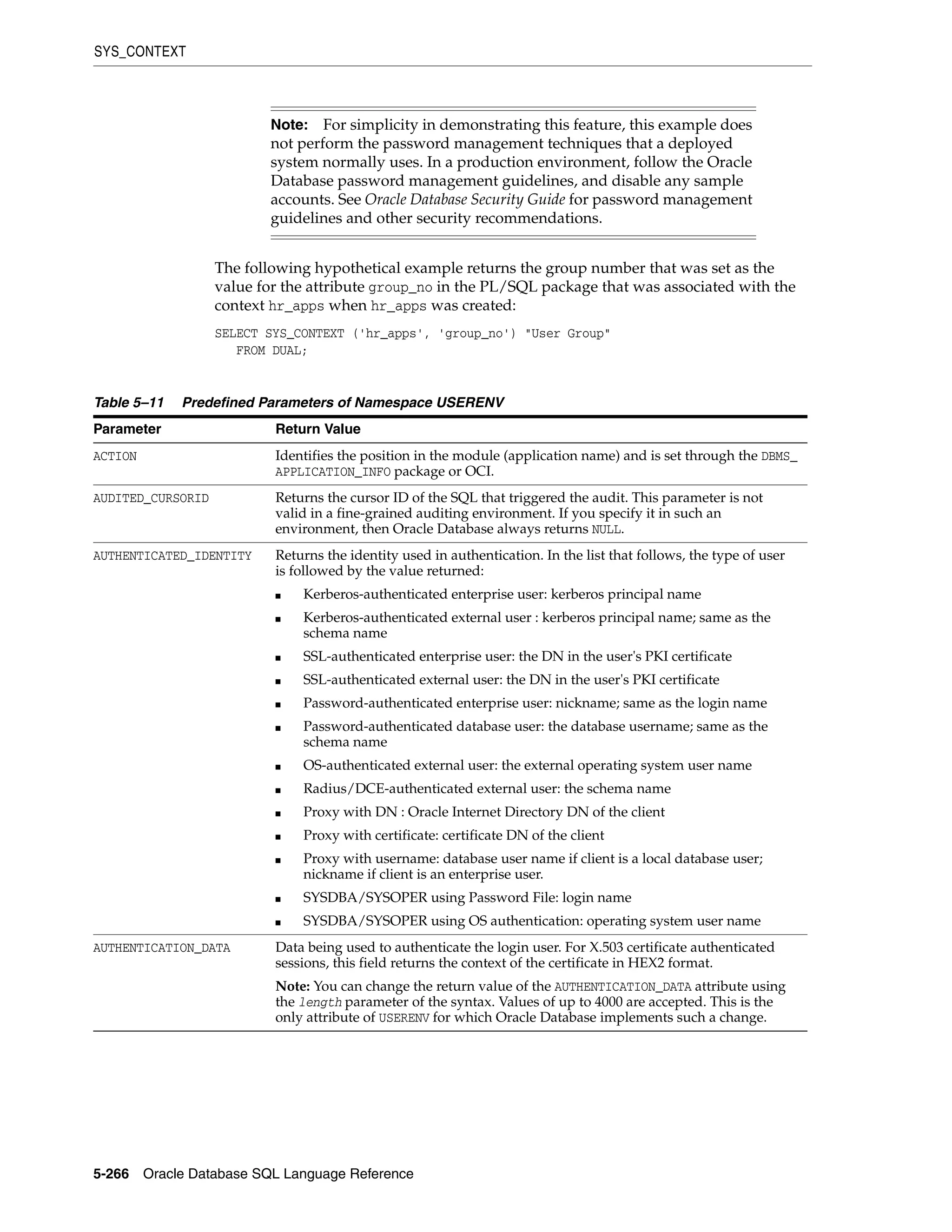 SYS_CONTEXT
5-266 Oracle Database SQL Language Reference
The following hypothetical example returns the group number that was set as the
value for the attribute group_no in the PL/SQL package that was associated with the
context hr_apps when hr_apps was created:
SELECT SYS_CONTEXT ('hr_apps', 'group_no') "User Group"
FROM DUAL;
Note: For simplicity in demonstrating this feature, this example does
not perform the password management techniques that a deployed
system normally uses. In a production environment, follow the Oracle
Database password management guidelines, and disable any sample
accounts. See Oracle Database Security Guide for password management
guidelines and other security recommendations.
Table 5–11 Predefined Parameters of Namespace USERENV
Parameter Return Value
ACTION Identifies the position in the module (application name) and is set through the DBMS_
APPLICATION_INFO package or OCI.
AUDITED_CURSORID Returns the cursor ID of the SQL that triggered the audit. This parameter is not
valid in a fine-grained auditing environment. If you specify it in such an
environment, then Oracle Database always returns NULL.
AUTHENTICATED_IDENTITY Returns the identity used in authentication. In the list that follows, the type of user
is followed by the value returned:
■ Kerberos-authenticated enterprise user: kerberos principal name
■ Kerberos-authenticated external user : kerberos principal name; same as the
schema name
■ SSL-authenticated enterprise user: the DN in the user's PKI certificate
■ SSL-authenticated external user: the DN in the user's PKI certificate
■ Password-authenticated enterprise user: nickname; same as the login name
■ Password-authenticated database user: the database username; same as the
schema name
■ OS-authenticated external user: the external operating system user name
■ Radius/DCE-authenticated external user: the schema name
■ Proxy with DN : Oracle Internet Directory DN of the client
■ Proxy with certificate: certificate DN of the client
■ Proxy with username: database user name if client is a local database user;
nickname if client is an enterprise user.
■ SYSDBA/SYSOPER using Password File: login name
■ SYSDBA/SYSOPER using OS authentication: operating system user name
AUTHENTICATION_DATA Data being used to authenticate the login user. For X.503 certificate authenticated
sessions, this field returns the context of the certificate in HEX2 format.
Note: You can change the return value of the AUTHENTICATION_DATA attribute using
the length parameter of the syntax. Values of up to 4000 are accepted. This is the
only attribute of USERENV for which Oracle Database implements such a change.
 