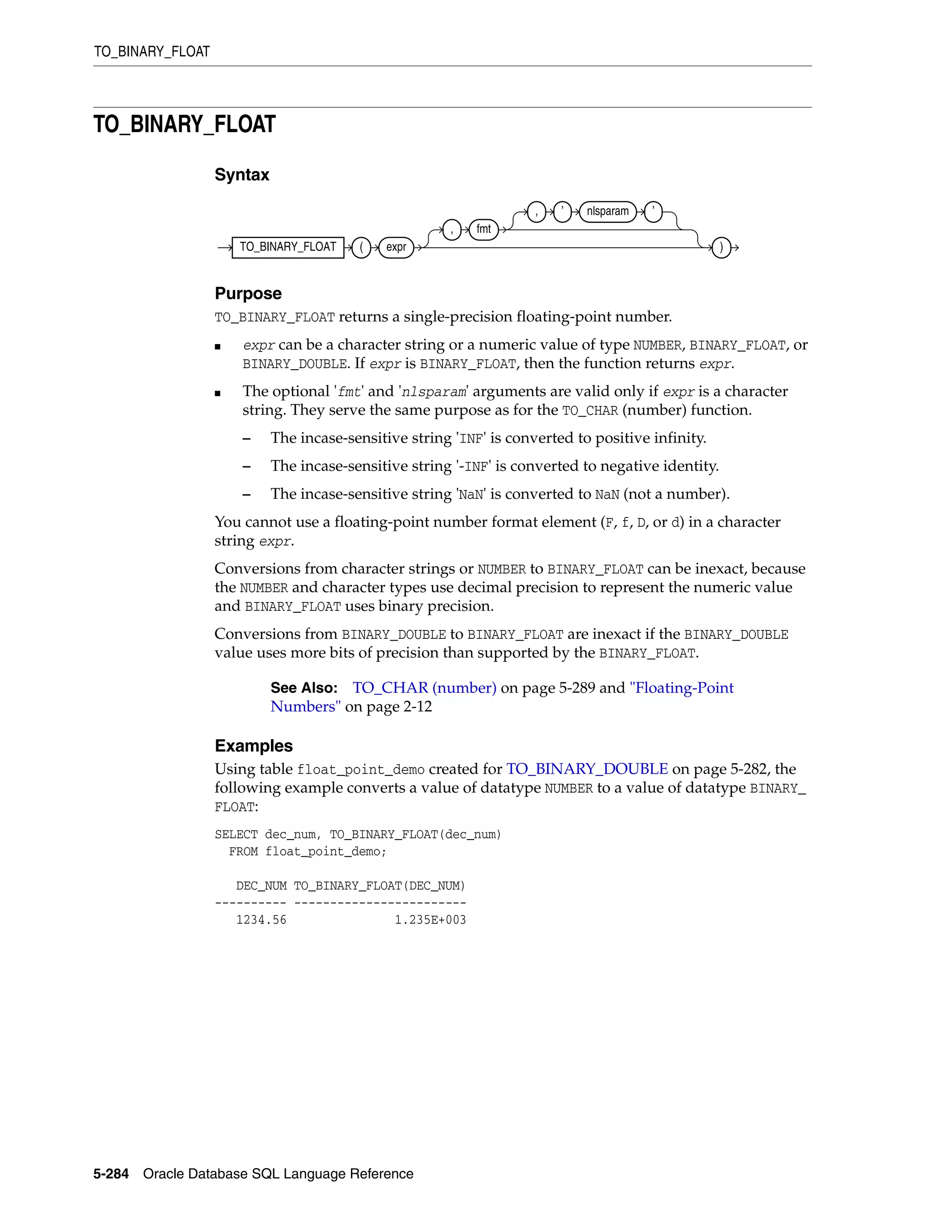 TO_BINARY_FLOAT
5-284 Oracle Database SQL Language Reference
TO_BINARY_FLOAT
Syntax
Purpose
TO_BINARY_FLOAT returns a single-precision floating-point number.
■ expr can be a character string or a numeric value of type NUMBER, BINARY_FLOAT, or
BINARY_DOUBLE. If expr is BINARY_FLOAT, then the function returns expr.
■ The optional 'fmt' and 'nlsparam' arguments are valid only if expr is a character
string. They serve the same purpose as for the TO_CHAR (number) function.
– The incase-sensitive string 'INF' is converted to positive infinity.
– The incase-sensitive string '-INF' is converted to negative identity.
– The incase-sensitive string 'NaN' is converted to NaN (not a number).
You cannot use a floating-point number format element (F, f, D, or d) in a character
string expr.
Conversions from character strings or NUMBER to BINARY_FLOAT can be inexact, because
the NUMBER and character types use decimal precision to represent the numeric value
and BINARY_FLOAT uses binary precision.
Conversions from BINARY_DOUBLE to BINARY_FLOAT are inexact if the BINARY_DOUBLE
value uses more bits of precision than supported by the BINARY_FLOAT.
Examples
Using table float_point_demo created for TO_BINARY_DOUBLE on page 5-282, the
following example converts a value of datatype NUMBER to a value of datatype BINARY_
FLOAT:
SELECT dec_num, TO_BINARY_FLOAT(dec_num)
FROM float_point_demo;
DEC_NUM TO_BINARY_FLOAT(DEC_NUM)
---------- ------------------------
1234.56 1.235E+003
See Also: TO_CHAR (number) on page 5-289 and "Floating-Point
Numbers" on page 2-12
TO_BINARY_FLOAT ( expr
, fmt
, ’ nlsparam ’
)
 