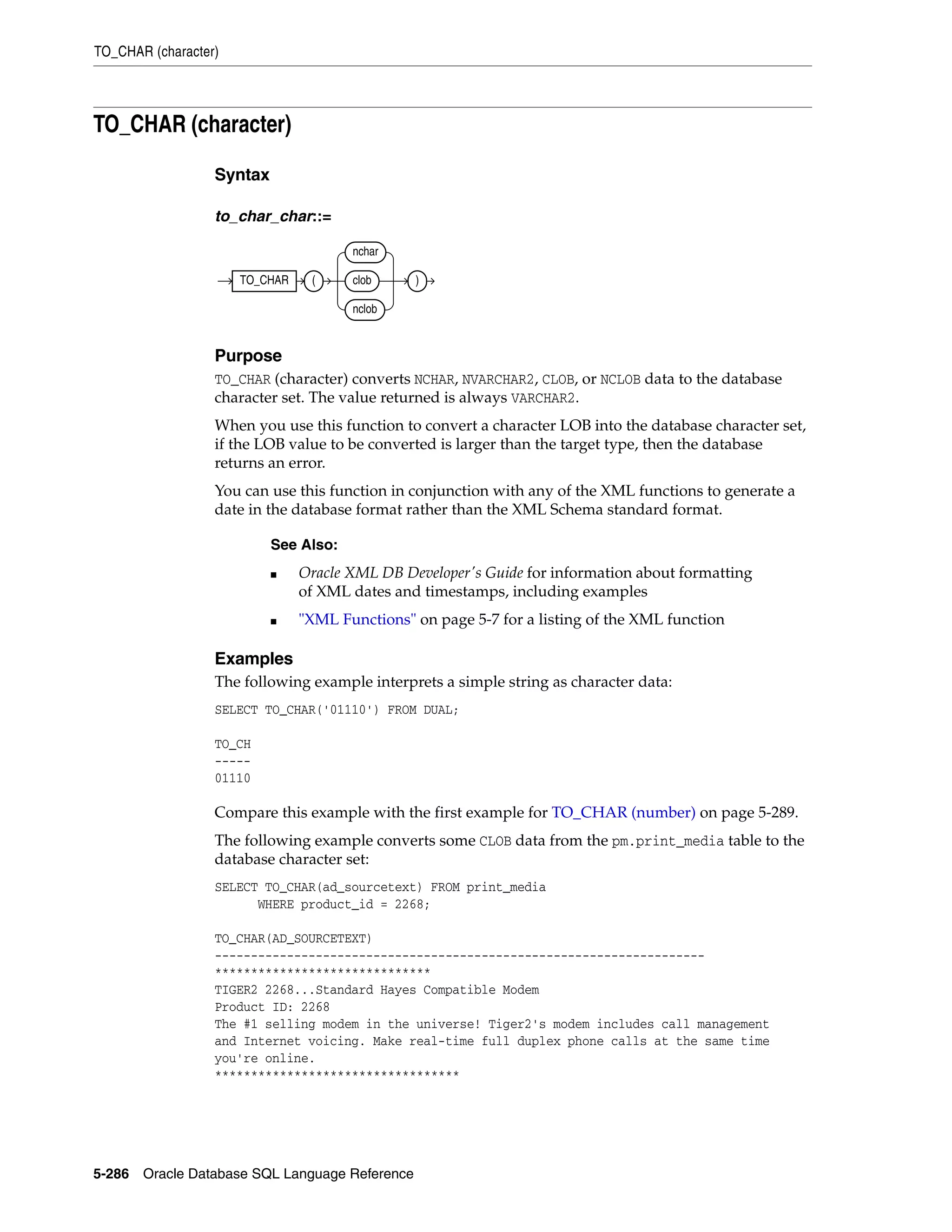 TO_CHAR (character)
5-286 Oracle Database SQL Language Reference
TO_CHAR (character)
Syntax
to_char_char::=
Purpose
TO_CHAR (character) converts NCHAR, NVARCHAR2, CLOB, or NCLOB data to the database
character set. The value returned is always VARCHAR2.
When you use this function to convert a character LOB into the database character set,
if the LOB value to be converted is larger than the target type, then the database
returns an error.
You can use this function in conjunction with any of the XML functions to generate a
date in the database format rather than the XML Schema standard format.
Examples
The following example interprets a simple string as character data:
SELECT TO_CHAR('01110') FROM DUAL;
TO_CH
-----
01110
Compare this example with the first example for TO_CHAR (number) on page 5-289.
The following example converts some CLOB data from the pm.print_media table to the
database character set:
SELECT TO_CHAR(ad_sourcetext) FROM print_media
WHERE product_id = 2268;
TO_CHAR(AD_SOURCETEXT)
--------------------------------------------------------------------
******************************
TIGER2 2268...Standard Hayes Compatible Modem
Product ID: 2268
The #1 selling modem in the universe! Tiger2's modem includes call management
and Internet voicing. Make real-time full duplex phone calls at the same time
you're online.
**********************************
See Also:
■ Oracle XML DB Developer's Guide for information about formatting
of XML dates and timestamps, including examples
■ "XML Functions" on page 5-7 for a listing of the XML function
TO_CHAR (
nchar
clob
nclob
)
 