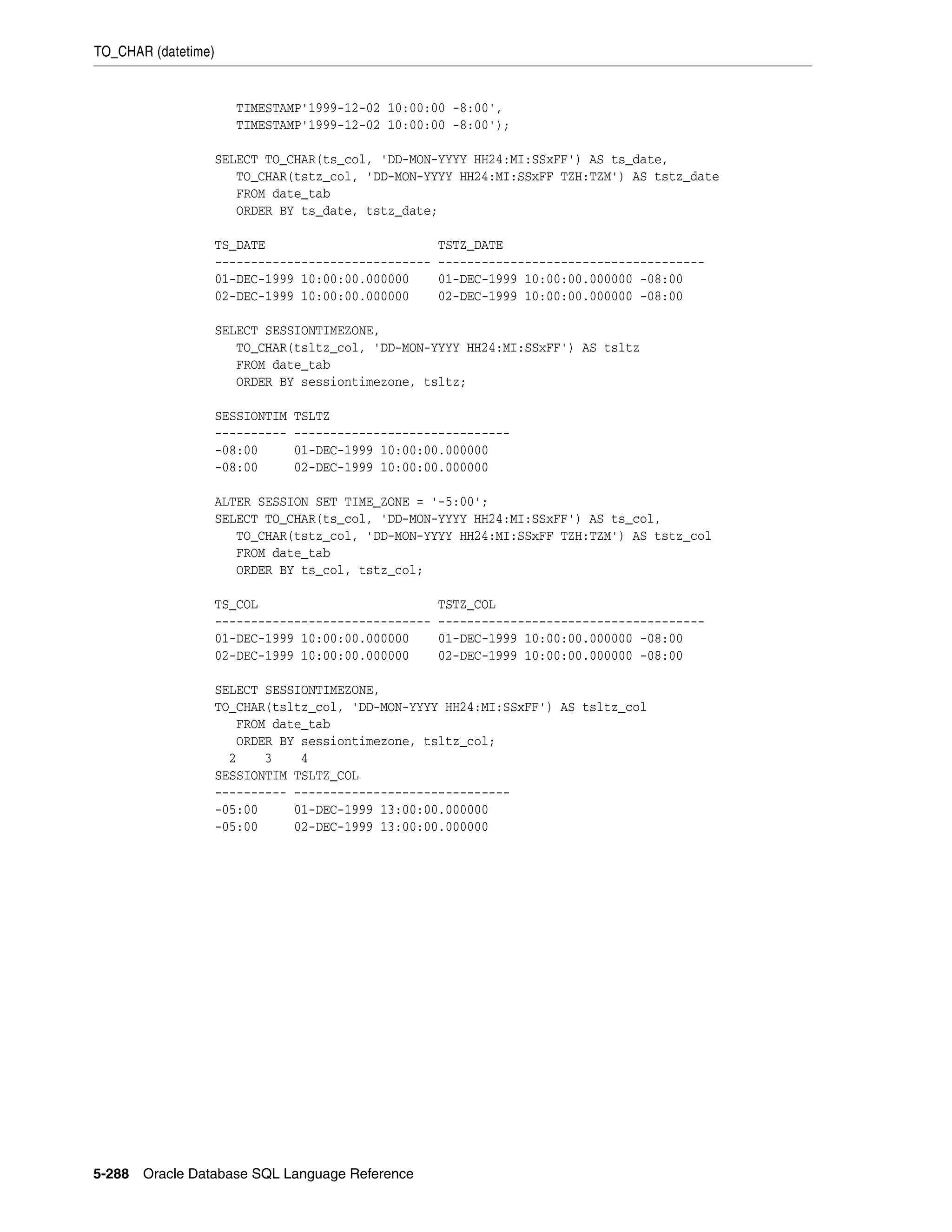 TO_CHAR (datetime)
5-288 Oracle Database SQL Language Reference
TIMESTAMP'1999-12-02 10:00:00 -8:00',
TIMESTAMP'1999-12-02 10:00:00 -8:00');
SELECT TO_CHAR(ts_col, 'DD-MON-YYYY HH24:MI:SSxFF') AS ts_date,
TO_CHAR(tstz_col, 'DD-MON-YYYY HH24:MI:SSxFF TZH:TZM') AS tstz_date
FROM date_tab
ORDER BY ts_date, tstz_date;
TS_DATE TSTZ_DATE
------------------------------ -------------------------------------
01-DEC-1999 10:00:00.000000 01-DEC-1999 10:00:00.000000 -08:00
02-DEC-1999 10:00:00.000000 02-DEC-1999 10:00:00.000000 -08:00
SELECT SESSIONTIMEZONE,
TO_CHAR(tsltz_col, 'DD-MON-YYYY HH24:MI:SSxFF') AS tsltz
FROM date_tab
ORDER BY sessiontimezone, tsltz;
SESSIONTIM TSLTZ
---------- ------------------------------
-08:00 01-DEC-1999 10:00:00.000000
-08:00 02-DEC-1999 10:00:00.000000
ALTER SESSION SET TIME_ZONE = '-5:00';
SELECT TO_CHAR(ts_col, 'DD-MON-YYYY HH24:MI:SSxFF') AS ts_col,
TO_CHAR(tstz_col, 'DD-MON-YYYY HH24:MI:SSxFF TZH:TZM') AS tstz_col
FROM date_tab
ORDER BY ts_col, tstz_col;
TS_COL TSTZ_COL
------------------------------ -------------------------------------
01-DEC-1999 10:00:00.000000 01-DEC-1999 10:00:00.000000 -08:00
02-DEC-1999 10:00:00.000000 02-DEC-1999 10:00:00.000000 -08:00
SELECT SESSIONTIMEZONE,
TO_CHAR(tsltz_col, 'DD-MON-YYYY HH24:MI:SSxFF') AS tsltz_col
FROM date_tab
ORDER BY sessiontimezone, tsltz_col;
2 3 4
SESSIONTIM TSLTZ_COL
---------- ------------------------------
-05:00 01-DEC-1999 13:00:00.000000
-05:00 02-DEC-1999 13:00:00.000000
 