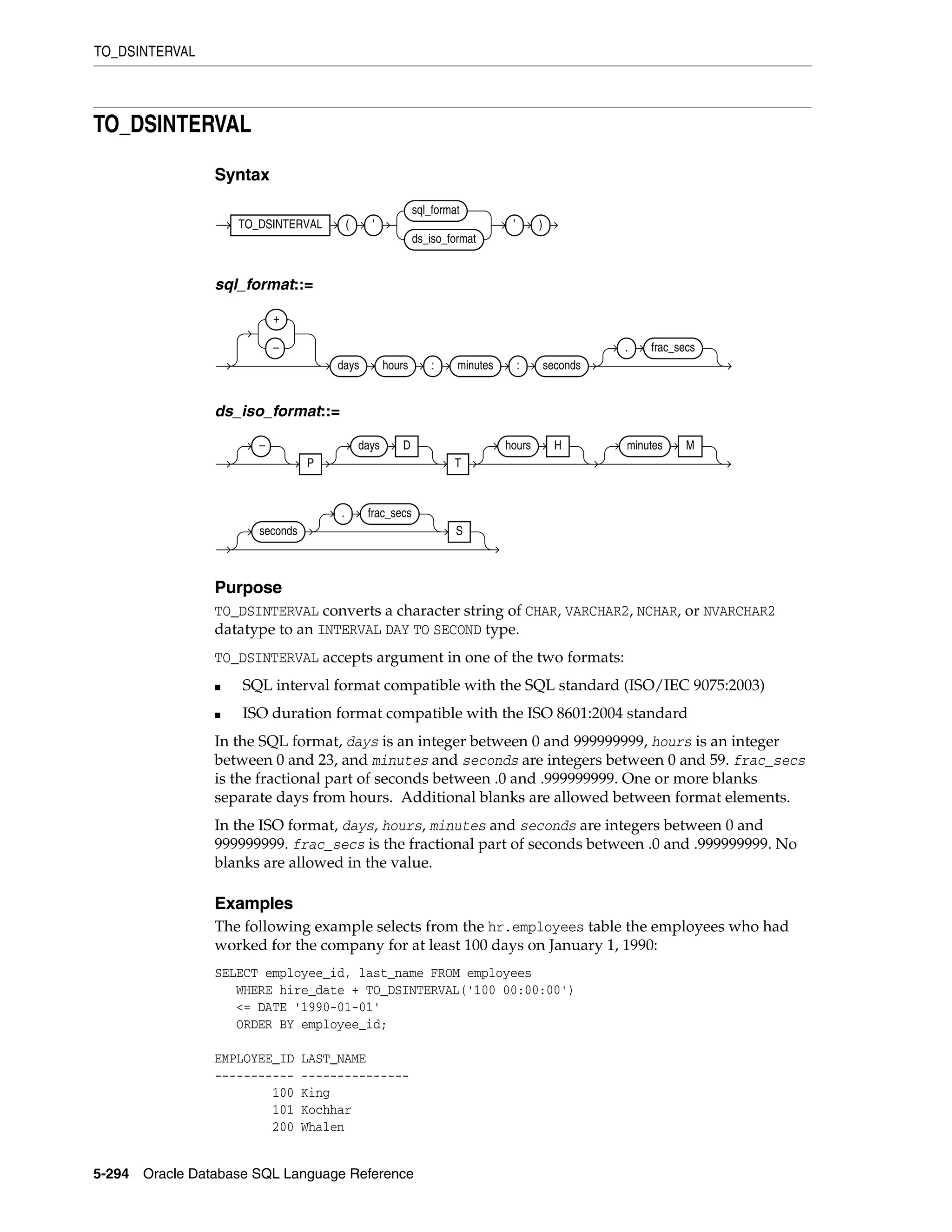 TO_DSINTERVAL
5-294 Oracle Database SQL Language Reference
TO_DSINTERVAL
Syntax
sql_format::=
ds_iso_format::=
Purpose
TO_DSINTERVAL converts a character string of CHAR, VARCHAR2, NCHAR, or NVARCHAR2
datatype to an INTERVAL DAY TO SECOND type.
TO_DSINTERVAL accepts argument in one of the two formats:
■ SQL interval format compatible with the SQL standard (ISO/IEC 9075:2003)
■ ISO duration format compatible with the ISO 8601:2004 standard
In the SQL format, days is an integer between 0 and 999999999, hours is an integer
between 0 and 23, and minutes and seconds are integers between 0 and 59. frac_secs
is the fractional part of seconds between .0 and .999999999. One or more blanks
separate days from hours. Additional blanks are allowed between format elements.
In the ISO format, days, hours, minutes and seconds are integers between 0 and
999999999. frac_secs is the fractional part of seconds between .0 and .999999999. No
blanks are allowed in the value.
Examples
The following example selects from the hr.employees table the employees who had
worked for the company for at least 100 days on January 1, 1990:
SELECT employee_id, last_name FROM employees
WHERE hire_date + TO_DSINTERVAL('100 00:00:00')
<= DATE '1990-01-01'
ORDER BY employee_id;
EMPLOYEE_ID LAST_NAME
----------- ---------------
100 King
101 Kochhar
200 Whalen
TO_DSINTERVAL ( ’
sql_format
ds_iso_format
’ )
+
–
days hours : minutes : seconds
. frac_secs
–
P
days D
T
hours H minutes M
seconds
. frac_secs
S
 