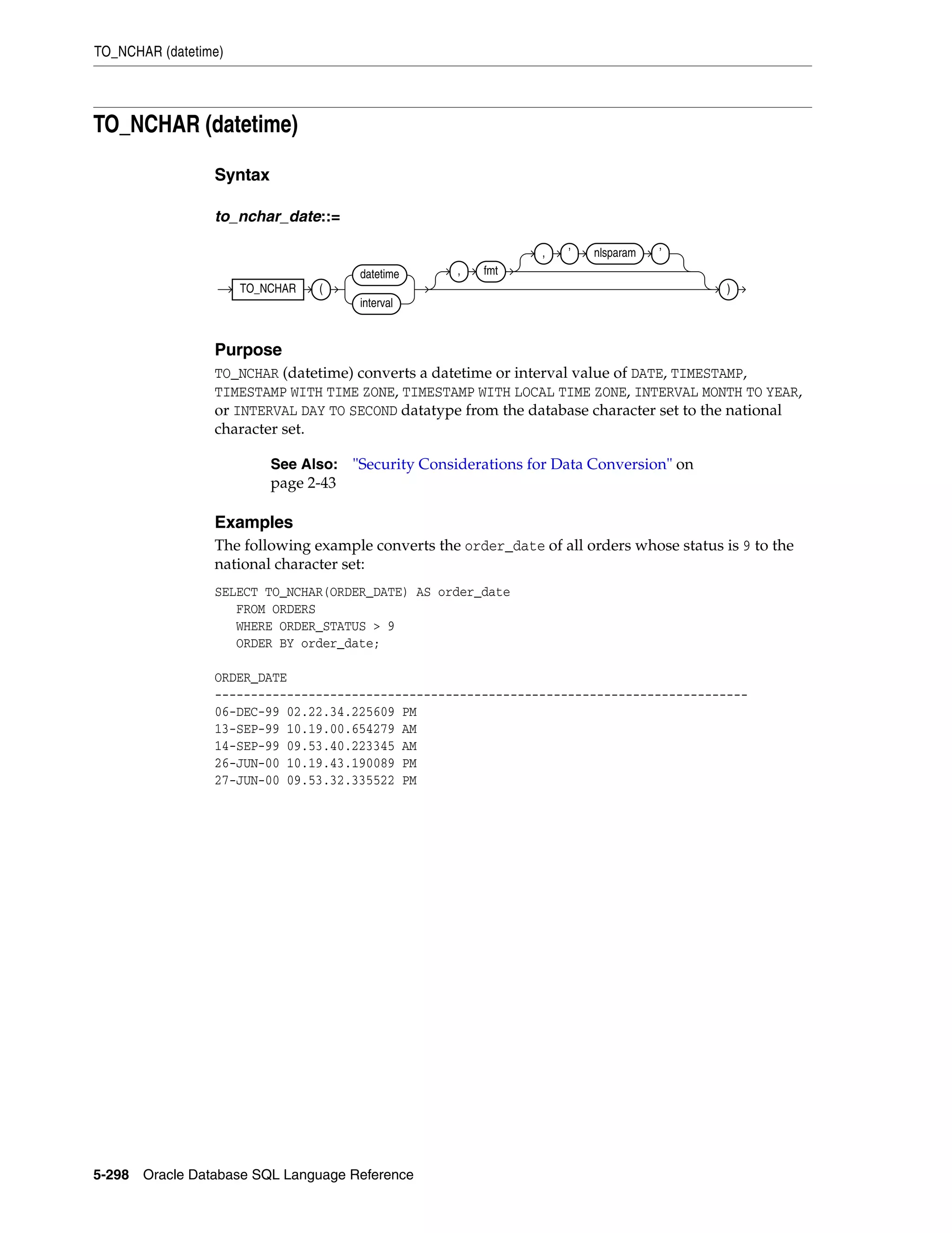 TO_NCHAR (datetime)
5-298 Oracle Database SQL Language Reference
TO_NCHAR (datetime)
Syntax
to_nchar_date::=
Purpose
TO_NCHAR (datetime) converts a datetime or interval value of DATE, TIMESTAMP,
TIMESTAMP WITH TIME ZONE, TIMESTAMP WITH LOCAL TIME ZONE, INTERVAL MONTH TO YEAR,
or INTERVAL DAY TO SECOND datatype from the database character set to the national
character set.
Examples
The following example converts the order_date of all orders whose status is 9 to the
national character set:
SELECT TO_NCHAR(ORDER_DATE) AS order_date
FROM ORDERS
WHERE ORDER_STATUS > 9
ORDER BY order_date;
ORDER_DATE
--------------------------------------------------------------------------
06-DEC-99 02.22.34.225609 PM
13-SEP-99 10.19.00.654279 AM
14-SEP-99 09.53.40.223345 AM
26-JUN-00 10.19.43.190089 PM
27-JUN-00 09.53.32.335522 PM
See Also: "Security Considerations for Data Conversion" on
page 2-43
TO_NCHAR (
datetime
interval
, fmt
, ’ nlsparam ’
)
 