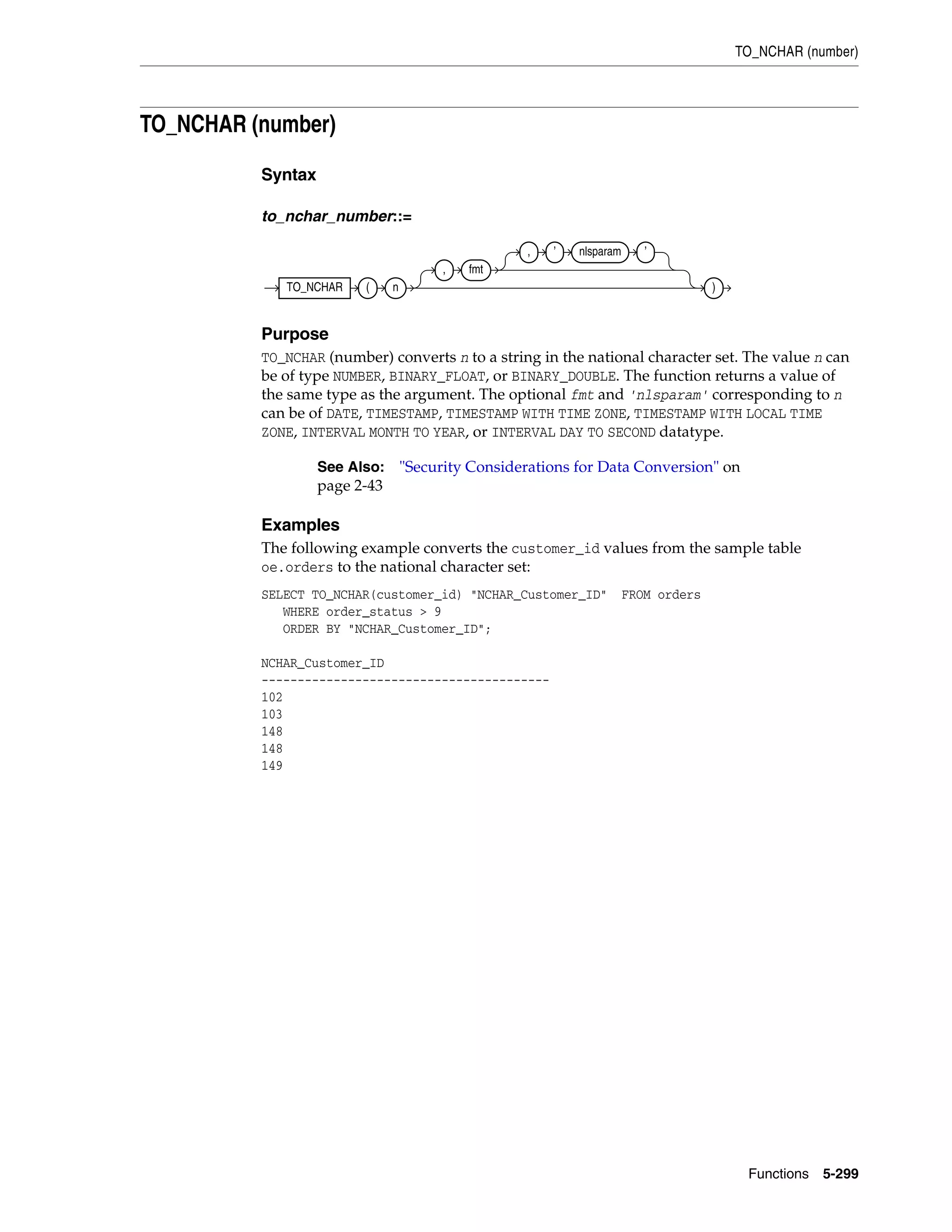 TO_NCHAR (number)
Functions 5-299
TO_NCHAR (number)
Syntax
to_nchar_number::=
Purpose
TO_NCHAR (number) converts n to a string in the national character set. The value n can
be of type NUMBER, BINARY_FLOAT, or BINARY_DOUBLE. The function returns a value of
the same type as the argument. The optional fmt and 'nlsparam' corresponding to n
can be of DATE, TIMESTAMP, TIMESTAMP WITH TIME ZONE, TIMESTAMP WITH LOCAL TIME
ZONE, INTERVAL MONTH TO YEAR, or INTERVAL DAY TO SECOND datatype.
Examples
The following example converts the customer_id values from the sample table
oe.orders to the national character set:
SELECT TO_NCHAR(customer_id) "NCHAR_Customer_ID" FROM orders
WHERE order_status > 9
ORDER BY "NCHAR_Customer_ID";
NCHAR_Customer_ID
----------------------------------------
102
103
148
148
149
See Also: "Security Considerations for Data Conversion" on
page 2-43
TO_NCHAR ( n
, fmt
, ’ nlsparam ’
)
 